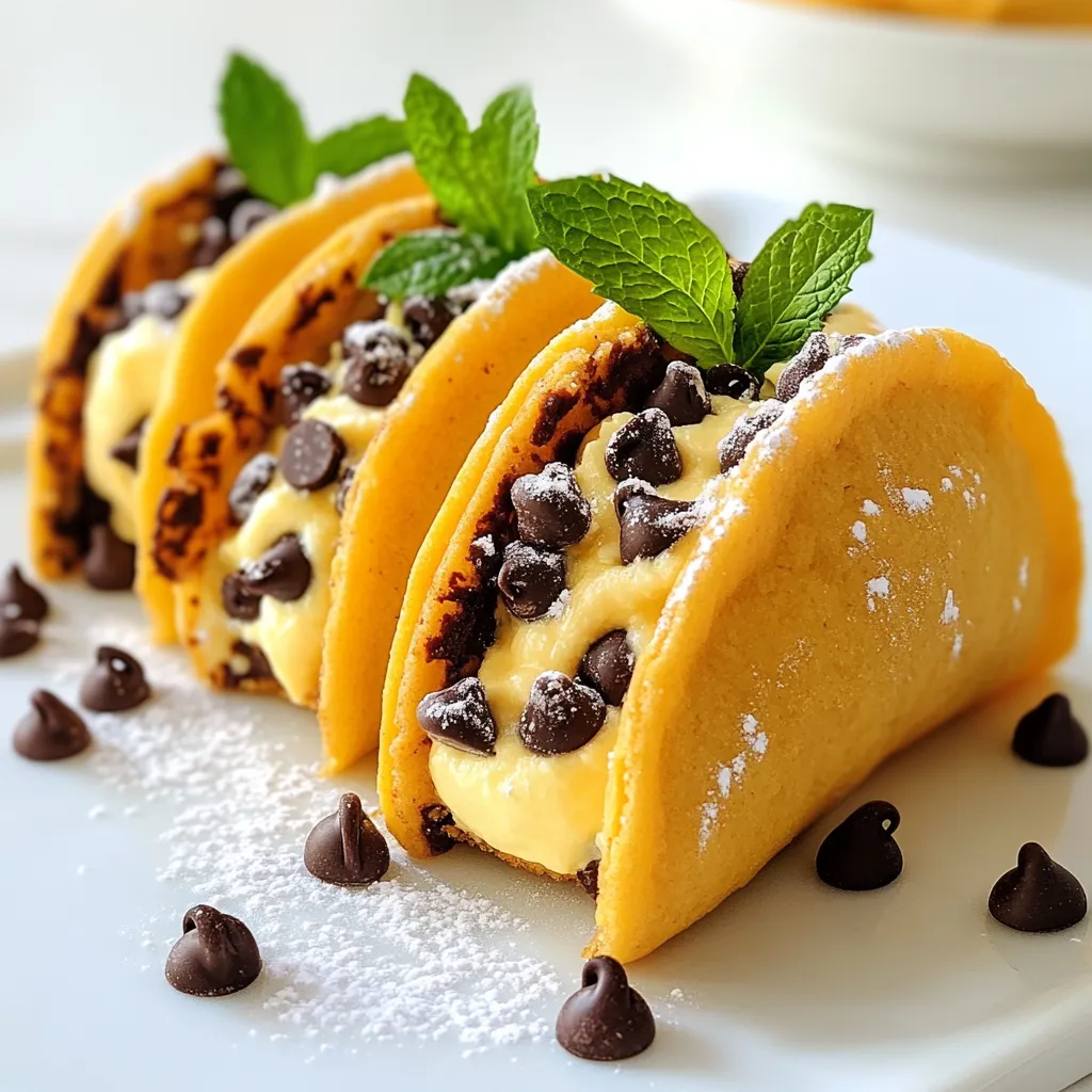 To make these tasty cheesecake cookie dough tacos, you will need the following: - 1 cup all-purpose flour - 1/2 teaspoon baking soda - 1/4 teaspoon salt - 1/2 cup unsalted butter, softened - 1/2 cup brown sugar, packed - 1/4 cup granulated sugar - 1 teaspoon vanilla extract - 1/4 cup cream cheese, softened - 1/2 cup powdered sugar - 2 tablespoons milk - 1/4 cup mini chocolate chips - 1/2 teaspoon lemon zest - 1 batch of taco-shaped cookie shells These ingredients help create a sweet and creamy treat. The cookie dough gives a fun crunch, while the cheesecake filling adds smoothness. You can make your tacos even more fun with toppings. Here are some ideas: - Dust with powdered sugar - Drizzle with chocolate syrup - Add a sprig of mint for color These touches make your tacos look special. They also add extra flavor and style. If you have dietary needs, you can still enjoy these tacos. Here are some good swaps: - Use gluten-free flour for a gluten-free option. - Swap cream cheese with dairy-free cream cheese for a vegan treat. - Replace granulated sugar with coconut sugar for a less sweet option. These substitutions let everyone enjoy a delicious dessert without worry. {{ingredient_image_1}} To start, gather your ingredients for the cookie dough. In a bowl, whisk together: - 1 cup all-purpose flour - 1/2 teaspoon baking soda - 1/4 teaspoon salt In another bowl, cream together: - 1/2 cup unsalted butter, softened - 1/2 cup brown sugar, packed - 1/4 cup granulated sugar Beat them until they are light and fluffy. Next, add 1 teaspoon vanilla extract and mix well. Gradually add the dry ingredients to the wet mix. Stir until a soft dough forms. Finally, fold in 1/4 cup mini chocolate chips. Preheat your oven to 350°F (175°C). Shape the cookie dough into small balls. Flatten each ball slightly. Bake these for 10-12 minutes. Look for golden edges. Once baked, let them cool slightly. While warm, shape them into taco shells. You can use a taco mold or gently bend them. In a separate bowl, mix together: - 1/4 cup cream cheese, softened - 1/2 cup powdered sugar Blend until smooth. Add 2 tablespoons milk for a creamier texture. Carefully fold in 1/2 teaspoon lemon zest. This adds a nice touch to the flavor. Once the taco shells are cool, fill each shell with the cheesecake mixture. Use a spoon to scoop it in. Try to fill them nicely, but don’t overfill. After filling, place the tacos in the refrigerator. Chill for at least 30 minutes for the filling to set. When ready to serve, dust with powdered sugar. You can also garnish with a mint sprig or drizzle chocolate syrup on top. Enjoy these tasty treats! To bake perfect taco shells, start with the right dough. Use fresh ingredients for the best taste. Make sure to flatten the cookie dough balls well. This helps them shape easily. Bake them until the edges turn golden brown. Watch them closely, as baking time may vary. If they are too soft, they won't hold their shape. Shape them while warm. Use a taco mold for the best results. If you don’t have one, gently bend them by hand. Let them cool completely before filling. For a smooth cheesecake filling, start with softened cream cheese. Mix it well with powdered sugar. Add milk slowly to reach a creamy texture. If it’s too thick, add a little more milk. Fold in the lemon zest gently for a fresh taste. Avoid overmixing, as this can make it too runny. If you want a fun twist, mix in some chocolate chips with the filling. Chill the filling for a short time before adding it to the taco shells. This makes it easier to work with. To make your tacos look great, dust them with powdered sugar. This adds a lovely touch. Garnish with a sprig of mint for a pop of color. A drizzle of chocolate syrup also looks nice. Arrange them on a colorful plate to catch the eye. Serve them cold for a refreshing treat. You can even add some fruit on the side. This adds freshness and color to your plate. Enjoy showing off your delicious creations! Pro Tips Chill the Dough: For a firmer cookie dough that is easier to shape, chill it in the refrigerator for 30 minutes before baking. This will help prevent the cookies from spreading too much while baking. Use a Taco Mold: To achieve the perfect taco shape, consider using a taco mold while the cookie shells are still warm. This will ensure they hold their shape and have a nice curve for filling. Customize the Filling: Feel free to add your favorite mix-ins to the cheesecake filling, such as crushed cookies, fruit, or different flavored extracts to tailor it to your taste. Serve Chilled: For the best flavor and texture, serve the cheesecake taco cookies chilled. This allows the filling to set properly and enhances the overall experience of these delightful treats. {{image_2}} You can change the flavor of the cheesecake filling easily. Try adding different extracts. Almond, coconut, or hazelnut can give a new twist. You can also mix in various fruits. Strawberries, raspberries, or blueberries work great. Just mash them a bit before adding. For a chocolate touch, mix in cocoa powder. This adds a rich flavor that many love. Remember to adjust sugar if using sweet fruits. This way, your filling stays balanced and delicious. If you want a different cookie shell, you have options. Consider using graham cracker crumbs for a classic taste. Just mix them with melted butter and sugar. Press this mixture into molds and bake. You can also try a gluten-free version. Use almond flour or a gluten-free blend. They work well and keep the taco shape. For a fun twist, use chocolate cookies. This adds a rich flavor that pairs well with cheesecake. You can make these tacos healthier with a few swaps. Instead of butter, use coconut oil or applesauce. This reduces fat and adds moisture. For sugar, consider using honey or maple syrup. They add sweetness with a hint of flavor. You can also lower calories by using low-fat cream cheese. This keeps the creamy texture without extra fat. Lastly, add more fruit to the filling for extra fiber and vitamins. These simple changes keep your treat tasty and a bit lighter. To keep your leftover tacos fresh, place them in a sealed container. Store them in the fridge. They will stay good for about 2 to 3 days. If you have extra cheesecake filling, keep that in a separate container. This way, the cookie shells won't get soggy. If you want to eat the cookie shells again, reheat them carefully. Preheat your oven to 300°F (150°C). Place the cookie shells on a baking sheet. Heat them for about 5 minutes. This warms them without making them hard. Avoid using the microwave, as it can make them chewy. You can freeze these tacos for later enjoyment. First, assemble the tacos without the filling. Wrap each taco shell tightly in plastic wrap. Place them in a freezer bag. They can last up to 3 months in the freezer. When ready to eat, let them thaw in the fridge overnight. Then, fill them with the cheesecake mixture just before serving. Yes, you can use store-bought cookie shells. They save time and effort. Just pick shells that fit your taste. Look for a sturdy option to hold the filling. If your shells break, don't worry! You can use a few tricks. Try to reshape the cookie while it’s warm. If it’s too broken, use crumbles as a topping for your tacos. You can keep these tacos in the fridge for up to three days. Store them in an airtight container to keep them fresh. Enjoy them cold for a nice treat! Yes, there are gluten-free options! Substitute all-purpose flour with a gluten-free blend. Make sure your cookie shells are gluten-free too. Absolutely! You can make these tacos a day in advance. Just fill them a few hours before serving. This way, they will stay fresh and tasty! You now know how to make delicious cheesecake tacos. We covered the key ingredients, from base to toppings. I shared simple, step-by-step instructions to make this treat. The tips helped ensure great results. You also learned fun variations and smart storage methods to keep your tacos fresh. Explore your creativity and make these tacos your own. Enjoy every bite, and share with friends!