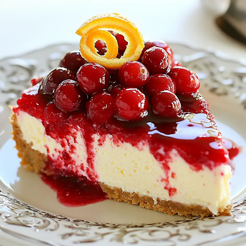 - 2 cups fresh or frozen cranberries - 1 cup granulated sugar - 1 cup water These are the heart of your sauce. Fresh cranberries give a bright, tart taste. Frozen cranberries work well too if fresh ones are not available. The sugar adds sweetness and balances the tartness of cranberries. Water helps to cook the cranberries and create a sauce. - 1 teaspoon vanilla extract - 1 teaspoon orange zest - 1/2 teaspoon cinnamon - 1 tablespoon lemon juice These extra ingredients take your sauce to the next level. Vanilla extract adds warmth. Orange zest gives a fresh, citrusy note. A hint of cinnamon adds spice, while lemon juice brightens the overall flavor. - 1 tablespoon cornstarch - 2 tablespoons cold water Cornstarch can help thicken your sauce. If you want a thicker texture, mix cornstarch with cold water before adding it to the sauce. This mix binds the liquid and creates a rich, smooth finish. {{ingredient_image_1}} - In a medium saucepan, combine 2 cups of cranberries, 1 cup of sugar, and 1 cup of water. - Bring this mix to a gentle boil over medium heat. - Once it boils, reduce the heat. Let it simmer for about 10 minutes. You will see the cranberries burst open, and the sauce will thicken slightly. - Now, stir in 1 teaspoon of vanilla extract, 1 teaspoon of orange zest, 1/2 teaspoon of cinnamon, and 1 tablespoon of lemon juice. - Mix well to blend all the flavors. This step brings a bright taste to the sauce. - If you want a thicker sauce, take 1 tablespoon of cornstarch and mix it with 2 tablespoons of cold water. - Slowly add this mixture to the saucepan while stirring constantly. - Allow it to simmer for an additional 2-3 minutes until it thickens. - After that, remove the sauce from heat. Let it cool for 10 to 15 minutes before using it on your cheesecake. To make the best cranberry sauce, always use fresh cranberries. They have a bright, bold taste that makes your sauce pop. If you want to get creative, try adding spices. A pinch of nutmeg or a dash of ginger can add a fun twist to your sauce. When serving your cheesecake, drizzle the cranberry sauce over the top. This adds color and flavor to each slice. For a fun garnish, use a twist of orange peel. It adds a nice touch and enhances the citrus notes in the sauce. Cranberry sauce tastes best when served fresh. Make it right before you serve the cheesecake for the best flavor. It pairs perfectly with the rich and creamy texture of cheesecake. This combo makes for a delightful dessert experience. Pro Tips Perfectly Sweetened: Adjust the sugar to your taste; if you prefer a tangier sauce, reduce the sugar by a quarter cup. Fresh vs. Frozen: Both fresh and frozen cranberries work well, but fresh cranberries provide a brighter flavor. Flavor Additions: Experiment with additional spices like nutmeg or ginger for a unique twist to your sauce. Storage Tips: Store any leftover sauce in an airtight container in the refrigerator for up to a week. {{image_2}} You can add other fruits to your cranberry sauce. Raspberries or strawberries work great. Their sweet and tart flavors mix well with cranberries. You can also mix in some apple for a fall twist. This adds a nice crunch and extra sweetness. Spices can elevate your sauce. Try adding nutmeg or ginger for a warm flavor. These spices bring a cozy feel to the dish. You can even consider using flavored extracts, like almond or maple. Just a few drops can create a new taste. If you want to change the sweetness, explore other sweeteners. Honey or maple syrup can be great substitutes for sugar. They add a unique flavor and are often healthier. You can also adjust sugar levels based on your diet. This way, everyone can enjoy the sauce without worry. To keep your cranberry sauce fresh, store it in a clean jar. Glass jars work best, as they seal well. Make sure the jar is airtight to prevent any odors from other foods. Place the jar in the fridge after it cools. It can last up to one week this way. If you want to keep it longer, freezing is a great choice. Pour the cooled sauce into a freezer-safe container. Leave some space at the top, as the sauce will expand. It can stay fresh for up to three months. Label the container with the date, so you'll know when to use it. When you’re ready to enjoy your sauce, reheating is simple. You can use a small pot on the stove. Heat it over low heat, stirring often. This helps maintain the texture. If you see it’s too thick, add a splash of water. You can also use a microwave. Just heat it in short bursts, stirring in between. Yes, you can use frozen cranberries. They work well in this recipe. Pros of using frozen cranberries: - They are often cheaper and available year-round. - They save time because you don't need to wash them. Cons of using frozen cranberries: - They may not burst as easily as fresh ones. - The texture might be slightly softer after cooking. To thicken your cranberry sauce without cornstarch, try these tips: - Simmer longer: Let the sauce cook for a bit more time to reduce liquid. - Add more cranberries: Use extra berries to naturally thicken the sauce. - Mash some berries: As the sauce cooks, mash a few cranberries with a fork. This adds body to the sauce. Cranberry sauce goes great with many desserts. Here are some ideas: - Cheesecake: The tartness balances the creaminess. - Pound cake: It adds a nice pop of flavor. - Ice cream: A scoop of vanilla ice cream with cranberry sauce is delicious. - Pancakes or waffles: Use it as a topping for a fun brunch treat. You now have all the steps to make a tasty cranberry sauce. You learned about main ingredients like cranberries and sugar, plus flavor boosters like vanilla and cinnamon. I shared tips to enhance flavor and ideas for storage. You can even try variations with other fruits or sweeteners. Remember, fresh is best, but frozen works too. With these tips, you can whip up the perfect sauce to impress anyone. Enjoy your cooking adventure with cranberry sauce!