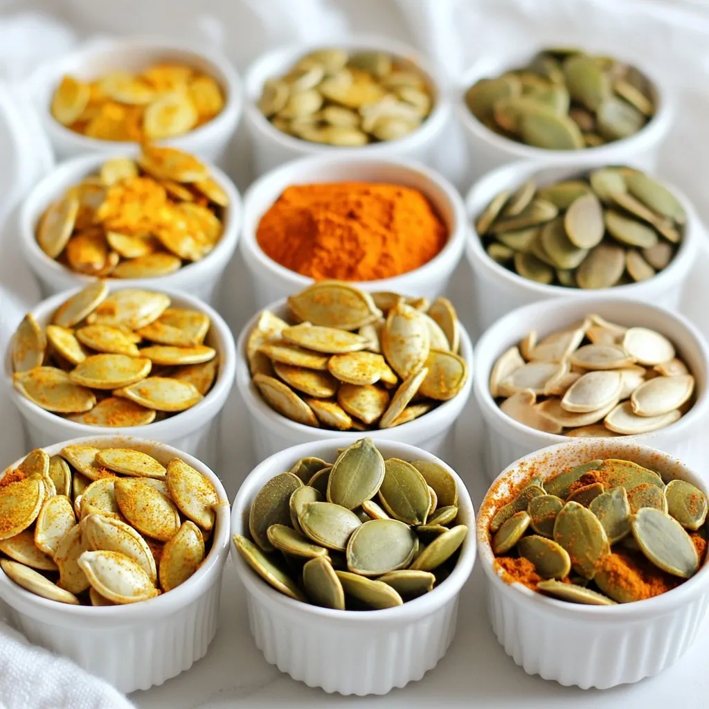 - 2 cups raw pumpkin seeds (pepitas) - 2 tablespoons olive oil - 1 teaspoon smoked paprika - 1 teaspoon garlic powder - 1 teaspoon onion powder - ½ teaspoon cayenne pepper - 1 teaspoon salt These main ingredients form the base of your smoky roasted pumpkin seeds. They bring flavor and crunch to each bite. The olive oil helps the spices stick and adds a nice richness. - 1 tablespoon maple syrup (optional for sweetness) - Various spices for flavor variations: - Chili powder - Curry powder - Cinnamon - Ginger You can customize the flavor of your pumpkin seeds. Adding maple syrup gives a sweet touch. Use chili powder for heat or curry powder for an exotic twist. Cinnamon and ginger can add warmth and sweetness. Each serving (about 1/4 cup) contains: - Calories: 180 - Protein: 8g - Fat: 14g - Carbohydrates: 10g - Fiber: 4g Pumpkin seeds are full of healthy fats and protein. They are great for snacking. Plus, they have fiber, which is good for digestion. Enjoy these seeds as a healthy treat while knowing they are good for you! {{ingredient_image_1}} Start by preheating your oven to 350°F (175°C). If you have fresh pumpkin seeds, scoop them from the pumpkin. Remove any pulp and rinse the seeds under cold water. This step helps to get rid of any leftover pumpkin bits. Once rinsed, pat the seeds dry with a kitchen towel. This ensures they roast well and get crispy. In a large bowl, mix the dry pumpkin seeds with olive oil, smoked paprika, garlic powder, onion powder, cayenne pepper, and salt. If you enjoy a little sweetness, feel free to add maple syrup at this point. Now, divide the seasoned seeds into eight equal portions. Each portion can become a unique flavor. Here are some ideas: - Sweet & Spicy: Add chili powder and a drizzle of maple syrup. - Curry Twist: Mix in curry powder and a bit of salt. - Cinnamon Sugar: Combine cinnamon and sugar before tossing with seeds. - Garlic Herb: Add dried rosemary or thyme with more garlic powder. - Tex-Mex: Stir in taco seasoning and lime zest. - Zesty Lemon Pepper: Mix lemon zest and cracked black pepper. - Spicy Sriracha: Drizzle Sriracha sauce and sprinkle sugar. - Smoky Mesquite: Swap smoked paprika for mesquite seasoning. Spread each batch of seeds onto a lined baking sheet in a single layer. Roast them in the oven for 15-20 minutes. Stir the seeds every 5 minutes to ensure they cook evenly. You will know they are ready when they turn golden brown and smell amazing. Once roasted, take them out and let them cool completely. They will become even crunchier as they cool. Enjoy your tasty smoky roasted pumpkin seeds! I find that 350°F (175°C) is the best oven temperature for roasting pumpkin seeds. This heat lets the seeds cook evenly. Roast them for 15 to 20 minutes. Stir every 5 minutes. This keeps them from cooking unevenly. To stop your seeds from burning, check on them often. Stirring helps too. If you notice them browning too fast, lower the oven temperature. You can also cover them with foil for a few minutes. This keeps the heat more even. For a fun presentation, use small bowls for each flavor. Place these bowls on a platter. You can also add fresh herbs or lime wedges to make it look pretty. This adds color and makes it more inviting. Enjoy your smoky roasted pumpkin seeds with friends or family! Pro Tips Use Fresh Seeds: For the best flavor and crunch, use fresh pumpkin seeds straight from the pumpkin rather than pre-packaged seeds. Adjust Spice Levels: Taste your seasoning blend before applying it to the seeds, and adjust the spice levels according to your preference for heat. Even Roasting: Make sure to stir the seeds every 5 minutes while roasting to ensure even cooking and prevent burning. Storage Tips: Store your roasted seeds in an airtight container to maintain their crispness for up to two weeks. {{image_2}} For a sweet and spicy kick, mix in chili powder and maple syrup. The maple gives a nice sweetness. The chili adds heat and depth. You can adjust the spice to your taste. This combo makes a tasty snack that is hard to stop eating. You will love the balance of sweet and heat! To make curry twist pumpkin seeds, add curry powder and a bit of salt. The curry gives a warm and earthy flavor. It pairs well with the nutty seeds. This option is both unique and tasty. It’s perfect for those who want something different. Serve these at your next gathering for a fun twist! You can get creative with many flavors. Here are some ideas: - Cinnamon Sugar: Mix cinnamon with sugar for a sweet treat. - Garlic Herb: Add dried rosemary or thyme for an herbaceous note. - Tex-Mex: Use taco seasoning and lime zest for a zesty flavor. - Zesty Lemon Pepper: Combine lemon zest and black pepper for a fresh taste. - Spicy Sriracha: Drizzle Sriracha and sprinkle sugar for a spicy-sweet mix. - Smoky Mesquite: Switch smoked paprika for mesquite seasoning for a different smoky taste. Feel free to mix and match spices based on what you like. This way, you can enjoy many flavors with just one batch of seeds! To keep your smoky roasted pumpkin seeds fresh, store them in an airtight container. This helps maintain their crunch. You can use glass jars or resealable bags. Make sure they are completely cool before sealing. If seeds are warm, they may get soggy. Roasted pumpkin seeds last up to two weeks when stored properly. For the best taste, enjoy them within the first week. After that, they may lose some flavor and crunch. Check for any signs of spoilage, like odd smells or changes in color. If they look or smell bad, it's best to toss them out. If you want to enjoy your seeds warm again, reheat them in the oven. Preheat it to 350°F (175°C). Spread the seeds on a baking sheet in a single layer. Heat for about 5 to 10 minutes. Stir them halfway through to ensure even warming. This will help bring back some of their crunch. Avoid using the microwave, as it may make them chewy. Yes, you can use raw pumpkin seeds from a pumpkin. Start by scooping them out. Remove any bits of pumpkin flesh. Rinse the seeds in cold water. Pat them dry with a towel. Fresh seeds taste great when roasted. They are also very nutritious. To make pumpkin seeds crunchy, roast them at a good temperature. Preheat your oven to 350°F (175°C). Spread the seeds in a single layer on a lined baking sheet. Stir them every five minutes while roasting. Bake for 15-20 minutes until they are golden brown. Let them cool completely before eating. Cooling helps them crisp up even more. You can use many spices for flavoring. Here are some great options: - Chili powder for heat - Curry powder for a warm taste - Cinnamon for sweetness - Ginger for a spicy kick - Taco seasoning for a zesty flavor Feel free to mix and match spices for your own unique taste! You learned how to make tasty roasted pumpkin seeds. We covered ingredients, steps, and storage tips. You can add flavors, like sweet or spicy, to suit your taste. Remember to watch the oven to avoid burning them. Proper storage keeps them fresh for longer. Enjoy your snack and share the fun with others! Healthy and fun, roasted pumpkin seeds are worth making.