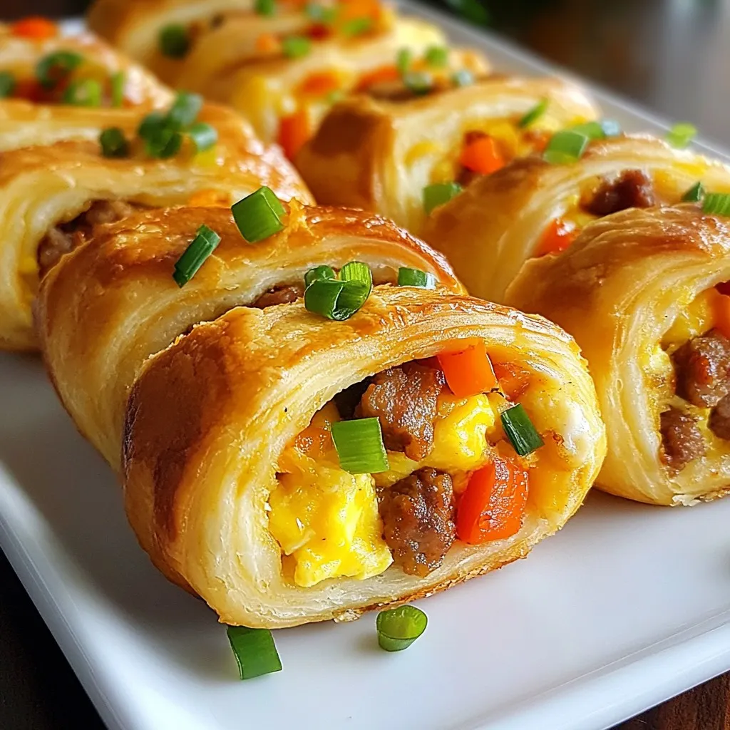 - 1 pound sausage (your choice, spicy or mild) - 4 large eggs - 1 cup shredded cheddar cheese - 1/2 cup diced bell peppers (mix of colors for visual appeal) Sausage is the star here. You can choose mild or spicy, depending on your taste. Eggs add fluffiness and protein. Cheddar cheese gives a rich, creamy flavor. Bell peppers add color and crunch. - 1 teaspoon garlic powder - Salt and pepper to taste Garlic powder boosts the flavor of the filling. Salt and pepper are key to enhancing all the tastes. - 1 package refrigerated crescent dough rolls - Puff pastry alternatives Crescent dough rolls are easy to use. They roll out quickly and bake up nicely. You can also use puff pastry if you want a flakier texture. {{ingredient_image_1}} Start by preparing the sausage and vegetables. Take 1 pound of your favorite sausage and remove it from its casing. This could be spicy or mild, depending on your taste. Next, chop 1/2 cup of bell peppers into small pieces. I suggest using a mix of colors for a bright look. Also, slice 1/2 cup of green onions. These will add flavor and a nice crunch. Now, whisk the egg mixture. In a bowl, crack 4 large eggs. Add 1 teaspoon of garlic powder, salt, and pepper to taste. Beat the eggs well until the mixture is smooth. This will be the base for your filling. Now, it's time to cook the filling. Heat a large skillet over medium heat. Add the sausage and cook it for 5-7 minutes until it is browned and crumbled. If there is extra fat, drain it away. Next, stir in the diced bell peppers. Cook them for 2-3 minutes until they are soft. Then, pour in the egg mixture. Stir gently while the eggs cook for about 3-4 minutes. You want the eggs to be scrambled and fully cooked. When done, take the skillet off the heat and mix in 1 cup of shredded cheddar cheese and the chopped green onions. This adds a delicious cheesy flavor. For rolling out the dough triangles, open your package of refrigerated crescent dough. Carefully separate the triangles. To fit the filling, roll each triangle wider by gently stretching it. Next, fill and roll the crescent rolls. Spoon a generous amount of the sausage and egg mixture onto the wide end of each triangle. Roll it up tightly from that end to the point. Tuck in the edges as you go to seal in the filling. Place the rolled-up breakfast rolls on a baking sheet lined with parchment paper. Make sure the seam side is down. Brush the tops with 1 tablespoon of olive oil. This helps them turn golden brown. Bake in your preheated oven at 375°F for 12-15 minutes. Once they are golden, let them cool for a few minutes before serving. To enhance flavor, use spices like paprika or cumin. These spices add warmth and depth. You can also try adding a pinch of red pepper flakes for a kick. To ensure perfect egg consistency, cook them on low heat. Stir gently as they cook. This method gives you creamy, fluffy eggs, not dry ones. For rolling dough tightly, start at the wide end and roll firmly. Tuck the sides in as you go. This keeps the filling inside and helps the roll hold its shape. To prevent leaks during baking, seal the edges well. Pinch the seams tightly. If you notice any gaps, use a bit of dough to patch them up. Pair your breakfast rolls with fresh fruit or a light salad. This adds color and balance to your meal. For presentation, serve the rolls warm on a platter. Sprinkle extra green onions on top. A small bowl of hot sauce adds a fun touch for dipping. Pro Tips Use Different Sausages: Experiment with various types of sausage like turkey, chicken, or even vegetarian options for a unique flavor profile. Customize the Veggies: Feel free to add other vegetables like spinach, mushrooms, or zucchini for added nutrition and flavor. Brush with Egg Wash: For an extra golden and shiny finish, brush the tops with a beaten egg before baking. Make Ahead: Prepare the filling in advance and store it in the refrigerator for a quick assembly in the morning. {{image_2}} You can easily change the sausage to fit your taste. Try turkey sausage for a leaner option. If you want a vegan meal, use plant-based sausage. Both options work well. Cheese is another area where you can mix things up. Instead of cheddar, use pepper jack for a spicy kick. Feta cheese adds a nice tang if you prefer something different. Feel free to spice things up! Adding hot sauce to the filling gives a nice heat. You might also try some crushed red pepper flakes for an extra punch. Don’t forget about vegetables! You can add spinach, mushrooms, or zucchini. Each veggie adds its own flavor and texture. Get creative and make it your own! If you own an air fryer, you can make these rolls quickly. Preheat it to 375°F (190°C). Place the rolls in a single layer and cook for about 10-12 minutes. They will come out crispy and delicious! For meal prep, you can freeze these rolls. After baking, let them cool completely. Wrap them in plastic wrap, then place in a freezer bag. They last for about three months. When you want to eat them, reheat them in the oven at 350°F (175°C) for about 10-15 minutes. This method keeps them crispy and fresh. Enjoy! To keep your sausage egg breakfast rolls fresh, store them in the fridge. Use an airtight container. This helps keep them moist and tasty. You can also wrap them in plastic wrap or aluminum foil. If you want to freeze them, place the rolls in a freezer bag. Squeeze out as much air as you can. This keeps them from getting freezer burn. When it's time to eat, you can reheat your rolls in two ways. The oven works best. Preheat it to 350°F (175°C). Place the rolls on a baking sheet. Heat for about 10-12 minutes. This keeps the outside crispy. You can also use a microwave. Heat them for 30-60 seconds. Be careful not to overheat them. This can make them chewy. In the fridge, your breakfast rolls last about 3-4 days. If you freeze them, they can stay good for up to 3 months. Just remember to label your bags with the date. This way, you know when to use them. Yes, you can make these breakfast rolls ahead of time. To do this, prepare the filling and roll them up. Place them on a baking sheet and freeze them for later. Once frozen, transfer the rolls to a freezer bag. When you are ready to bake, you can cook them straight from the freezer. Just add a few extra minutes to the baking time. This method saves you time on busy mornings. If you want to swap crescent dough, there are good options. You can use puff pastry for a flakier texture. Biscuit dough also works well for a more biscuit-like roll. A tortilla can be a fun choice too, giving a different wrap. These alternatives let you play with texture and flavor. You can easily change the filling to fit your taste. Try using turkey sausage for a leaner option. You can also add spinach or mushrooms for extra veggies. Change up the cheese too; mozzarella or pepper jack adds a nice twist. Hot sauce or spices can add heat if you like it spicy. Make it your own by mixing and matching ingredients! You learned how to make tasty breakfast rolls with simple ingredients like sausage, eggs, and cheese. We covered easy steps for cooking and assembling, plus valuable tips for flavor and presentation. You can even customize with different meats and veggies. Remember to store leftovers correctly and use creative reheating methods to enjoy them later. Now it’s time to make your own breakfast rolls and impress friends and family with your skills. Happy cooking!