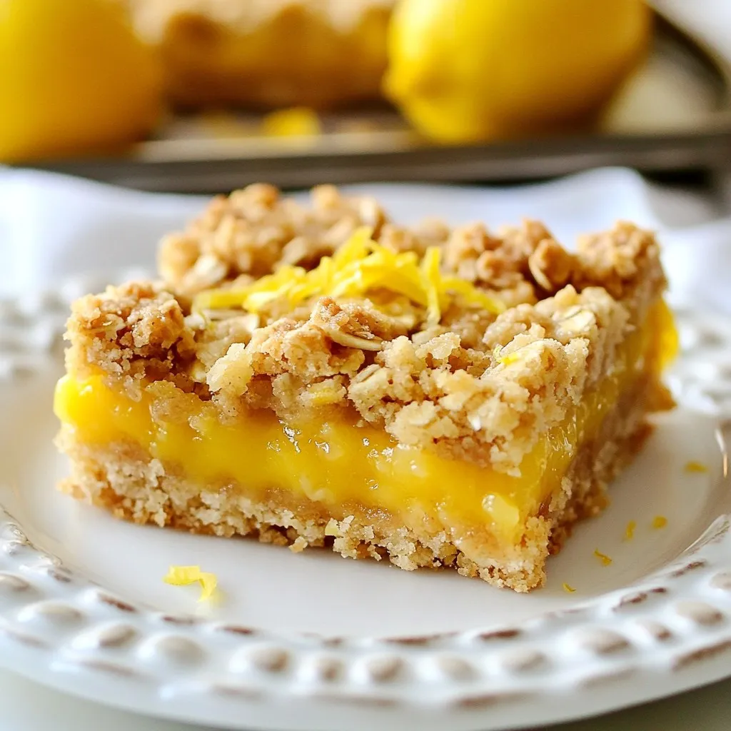 - 1 ½ cups rolled oats - 1 cup all-purpose flour - ½ cup brown sugar, packed - ½ teaspoon baking powder - ½ teaspoon salt - ½ cup unsalted butter, melted - Zest of 1 lemon - 1 cup fresh lemon juice (about 4 lemons) - 2 large eggs - ½ cup granulated sugar - 2 tablespoons cornstarch - 1 teaspoon vanilla extract For the crust and crumble, start with rolled oats. They give a nice texture and chew. Use all-purpose flour for structure. Brown sugar adds a rich sweetness. Baking powder and salt help with rise and flavor. Melted butter binds everything and adds richness. Don't forget the lemon zest! It brings bright flavor. For the lemon filling, fresh lemon juice is key. It gives a vibrant taste. You will need about four lemons. Eggs help set the filling. Granulated sugar balances the tartness. Cornstarch thickens the filling, making it firm. Lastly, vanilla extract adds warmth and depth. With these ingredients, you will create a tasty treat. Enjoy mixing and baking! {{ingredient_image_1}} 1. Start by preheating your oven to 350°F (175°C). I use a 9x9 inch pan. Grease it or line it with parchment paper. This helps with easy removal later. 2. In a large bowl, mix the following ingredients for the crust and crumble: - 1 ½ cups rolled oats - 1 cup all-purpose flour - ½ cup brown sugar, packed - ½ teaspoon baking powder - ½ teaspoon salt - ½ cup unsalted butter, melted - Zest of 1 lemon Mix until everything is crumbly and well combined. 1. Take half of the oat mixture and press it firmly into the bottom of the baking pan. This forms the crust. 2. In another bowl, whisk together the lemon filling ingredients: - 1 cup fresh lemon juice (about 4 lemons) - 2 large eggs - ½ cup granulated sugar - 2 tablespoons cornstarch - 1 teaspoon vanilla extract Mix until it is smooth and well-blended. 1. Pour the lemon filling over the crust in the baking pan. Spread it evenly. 2. Take the remaining oat mixture and sprinkle it over the lemon filling. Make sure it covers the filling well. 3. Bake in the preheated oven for 25-30 minutes. Look for a golden brown topping. The filling should be set in the middle. 4. Once baked, remove the pan from the oven. Let it cool completely on a wire rack. This helps the bars hold their shape when cut. - Use a kitchen scale for accurate measurements of your ingredients. This step helps create the perfect texture. - To achieve a golden topping, bake until the edges are slightly brown. This usually takes 25 to 30 minutes. - If your topping is browning too fast, cover the pan with foil. This keeps the top from burning while the filling sets. - To boost the lemon flavor, add more lemon zest to the filling. A little zest goes a long way. - Always use fresh lemon juice for the best taste. Bottled juice lacks the bright flavor that fresh lemons bring. Use about four lemons for one cup of juice. - Cut the bars into even squares while they are still in the pan. This helps keep the shape intact. - Serve warm with a scoop of vanilla ice cream. The cold ice cream pairs perfectly with the warm, zesty bars. - For added flavor, drizzle a little honey or lemon glaze over the top. This gives an extra sweet touch. Pro Tips Use Fresh Lemons: For the best flavor, always opt for fresh lemons instead of bottled lemon juice. Let It Cool: Allow the bars to cool completely before cutting to achieve clean, neat squares. Experiment with Flavors: Consider adding a pinch of ginger or a dash of almond extract for a unique twist on the filling. Storage Tips: Store the bars in an airtight container in the refrigerator to keep them fresh for longer. {{image_2}} You can change the sweetness of your bars. Honey or maple syrup make great options. Use them in place of brown sugar. Honey offers a floral taste, while maple syrup gives a cozy flavor. If you use honey, try ½ cup. For maple syrup, use ⅓ cup. Adjust to your taste for a touch of sweetness. Feel free to get creative with your bars. Add nuts or seeds for crunch. Chopped walnuts or almonds work well. You can also use sunflower seeds for a nut-free option. If you want to change the filling, try mixing in fruits. Berries or diced apples add a nice twist. Just chop them small and sprinkle them into the lemon filling. How you serve your bars can change the experience. Serve them warm for a gooey treat. They pair well with a scoop of ice cream. If you prefer them chilled, they make a refreshing snack. You can also drizzle some honey or a fruit sauce on top. Whipped cream adds a nice touch, too. Enjoy your bars any way you like! To keep your Lemon Oatmeal Crumble Bars fresh, follow these tips: - Cool Completely: Let the bars cool fully before storing. This stops condensation. - Use Airtight Containers: Place the bars in a clean, airtight container. This keeps them moist. - Layer with Parchment Paper: If stacking, use parchment paper between layers. This prevents sticking. Store them at room temperature for up to three days. For longer storage, consider freezing. To freeze your Lemon Oatmeal Crumble Bars, do this: - Wrap Well: Cut the bars into squares. Wrap each square in plastic wrap tightly. - Use Freezer Bags: Place the wrapped bars in a freezer bag. Squeeze out air before sealing. You can freeze them for up to three months. When you're ready to enjoy them again: - Thawing: Take the bars out and leave them in the fridge overnight. This keeps them soft. - Reheating: To warm them, place in a preheated oven at 350°F for 5-10 minutes. Enjoy the fresh taste! Can I use quick oats instead of rolled oats? You can use quick oats, but the texture changes. Rolled oats give a chewier bite. Quick oats are finer, which can make the bars softer. Is it necessary to use fresh lemon juice? Yes, fresh lemon juice is best. It gives the bars a bright and vibrant flavor. Bottled lemon juice lacks the same zing and freshness. How can I tell when the bars are fully baked? Look for a golden brown topping. The filling should be set but slightly jiggle when moved. A toothpick inserted in the center should come out clean. Can I make these bars gluten-free? Yes, use gluten-free oats and flour. Make sure to check labels for any hidden gluten. This will ensure tasty bars without wheat. How long do these bars last at room temperature? These bars can last for about three days at room temperature. Keep them in an airtight container to stay fresh. What’s the best way to cut these bars for serving? Use a sharp knife for clean cuts. For easier slicing, chill the bars in the fridge first. This will help keep the filling intact. You now have all the tools to make delicious Lemon Oatmeal Crumble Bars. We covered the key ingredients, from the crust to the filling. You learned the step-by-step process and some handy tips for great results. Don't forget the variations that can spark your creativity. Proper storage keeps them fresh for later enjoyment. With this knowledge, you can bake, share, and savor. Enjoy your baking journey and treat your taste buds to something wonderful!