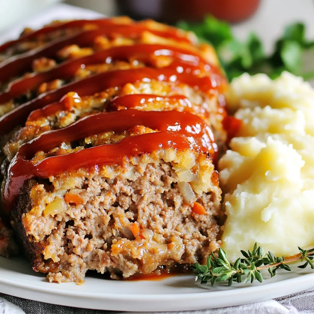To make a tasty stuffing meatloaf, you need these simple ingredients: - 1 ½ lbs ground beef - 1 cup bread crumbs - 1 cup stuffing mix (any flavor) - 1 medium onion, finely chopped - 2 cloves garlic, minced - 1 medium carrot, grated - 2 eggs - ½ cup beef broth - 1 tablespoon Worcestershire sauce - 1 teaspoon dried thyme - 1 teaspoon salt - ½ teaspoon black pepper - ½ cup shredded cheddar cheese (optional) - ½ cup ketchup or BBQ sauce for topping You can change the flavor of your meatloaf by using different stuffing mixes. Here are some fun ideas: - Herb Stuffing: Adds a fresh, green taste. - Cornbread Stuffing: Gives a sweet twist. - Sage and Onion Mix: Perfect for richer flavor. - Italian Mix: Infuses herbs like basil and oregano. Want to make your meatloaf even better? Try these optional ingredients: - Bell Peppers: Add color and sweetness. - Spinach: A healthy boost of greens. - Mushrooms: Enhance the umami flavor. - Hot Sauce: For a spicy kick. - Parmesan Cheese: Adds a salty, nutty flavor. Using these ingredients and variations makes your stuffing meatloaf unique and tasty! {{ingredient_image_1}} Start by preheating your oven to 350°F (175°C). This ensures even cooking. Gather all your ingredients first. You will need: - 1 ½ lbs ground beef - 1 cup bread crumbs - 1 cup stuffing mix (any flavor) - 1 medium onion, finely chopped - 2 cloves garlic, minced - 1 medium carrot, grated - 2 eggs - ½ cup beef broth - 1 tablespoon Worcestershire sauce - 1 teaspoon dried thyme - 1 teaspoon salt - ½ teaspoon black pepper - ½ cup shredded cheddar cheese (optional) - ½ cup ketchup or BBQ sauce for topping This makes it easy to combine everything later. In a large mixing bowl, mix the ground beef, bread crumbs, stuffing mix, chopped onion, minced garlic, and grated carrot. Use your hands or a spoon for this step. In another bowl, whisk the eggs, beef broth, Worcestershire sauce, thyme, salt, and pepper. Make sure it is well mixed. Pour this wet mix into your meat mixture. If you want cheese, add it now. Mix everything gently until just combined. Do not overwork the meat; this keeps it tender. Now, shape the mixture into a loaf. Place it in a greased baking dish or on a lined baking sheet. This helps with easy cleanup. Spread ketchup or BBQ sauce over the top. This adds flavor and moisture. Bake your meatloaf in the oven for 1 hour. It is done when the internal temperature hits 160°F (70°C). Once cooked, take it out and let it rest for 10 minutes before slicing. This helps the juices settle, making every bite juicy. Enjoy your meal with sides like mashed potatoes or roasted veggies! To get the best meatloaf, you need the right mix. Use 1 ½ lbs of ground beef. Combine it with 1 cup of bread crumbs and 1 cup of stuffing mix. The bread crumbs help hold everything together. The stuffing mix brings extra flavor. Make sure to chop your onion finely, so it blends well. I like to add 2 cloves of minced garlic and 1 medium grated carrot for taste and moisture. For a tasty meatloaf, use good seasonings. Add 1 tablespoon of Worcestershire sauce for depth. I also recommend using 1 teaspoon of dried thyme, 1 teaspoon of salt, and ½ teaspoon of black pepper. You can also try different stuffing mixes for unique flavors. Don’t forget the cheese! Adding ½ cup of shredded cheddar cheese makes it creamy and rich. To keep your meatloaf moist, use ½ cup of beef broth in your mix. This adds a lot of flavor and moisture. Avoid overworking the meat when you mix everything together. Overworking can make it tough. Also, cover the top with ketchup or BBQ sauce before baking. This helps seal in moisture as it cooks. Once it’s done, let it rest for 10 minutes before slicing. This keeps the juices inside! Pro Tips Resting Time: Allow the meatloaf to rest for at least 10 minutes before slicing. This helps the juices redistribute, making each slice more flavorful and moist. Mixing Technique: When combining ingredients, mix just until everything is combined. Overmixing can lead to a tough meatloaf. Flavor Variations: Experiment with different stuffing mixes or add herbs and spices to customize the flavor of your meatloaf to your liking. Leftover Magic: Use leftover meatloaf in sandwiches, or crumble it into pasta sauces for a quick and delicious meal the next day. {{image_2}} You can switch up the meat in your stuffing meatloaf. Ground turkey or chicken works well. Both provide a lighter flavor but still keep the dish moist. You could also try ground pork for a richer taste. Each meat brings its own unique flavor to the loaf. Just remember to adjust cooking times based on the meat you choose. If you want a meatless option, use lentils or quinoa. Both are great protein sources. You can mix them with the bread crumbs and stuffing mix. Add in some finely chopped mushrooms for a meaty texture. You might also use black beans or chickpeas. These add flavor and heartiness, making the dish filling and satisfying. You can give your meatloaf a global twist. For an Italian flair, add Italian herbs and marinara sauce. For a Mexican version, mix in cumin and salsa. A hint of curry powder can give it an Indian touch. Each flavor profile adds a new layer of taste. Experiment with spices and toppings to create your unique dish. To store leftover meatloaf, let it cool completely. Wrap it tightly in plastic wrap or foil. You can also place it in an airtight container. Keep it in the fridge for up to four days. This keeps the meatloaf fresh and tasty. When storing, make sure to label the container with the date. This helps you track how long it has been in the fridge. Freezing meatloaf is a great option for long-term storage. First, let the meatloaf cool down completely. Then, wrap it tightly in plastic wrap and foil. You can also use a freezer-safe container. It will stay good in the freezer for about three months. When you are ready to eat it, thaw it in the fridge overnight. This ensures even warming when you reheat it. To reheat meatloaf, preheat your oven to 350°F (175°C). Place the meatloaf in a baking dish. Add a splash of beef broth or water to keep it moist. Cover the dish with foil to prevent it from drying out. Heat for about 20-30 minutes, or until it reaches 160°F (70°C). This gives you a warm and juicy meatloaf, just like when it was fresh. If you prefer the microwave, slice the meatloaf and heat on medium power. Check it every minute to avoid overcooking. The ideal internal temperature for meatloaf is 160°F (70°C). This ensures the meat is safe to eat. Use a meat thermometer to check the center of the loaf. Once it reaches this temperature, it is done cooking. This step keeps your meatloaf juicy and safe. Always let it rest for 10 minutes before slicing. This helps the juices settle. Yes, you can make stuffing meatloaf ahead of time. You can prepare it the night before. Just cover it and keep it in the fridge. When you're ready to bake it, take it out and let it sit for 30 minutes. Then, bake it as usual. This saves time and lets flavors blend well. You can use meatloaf leftovers in several ways. Slice them for sandwiches or wraps. Crumble the meatloaf and add it to pasta sauce for a hearty meal. You can make a meatloaf casserole by mixing it with veggies and cheese. Try adding it to a frittata for breakfast. The options are endless and tasty! In this blog post, we explored how to create delicious stuffing meatloaf. We covered essential ingredients, tasty variations, and helpful tips for perfecting your meatloaf. I shared methods to enhance flavors, avoid dryness, and store leftovers properly. Remember, your options are endless. With this guide, you can make a meatloaf that suits your taste. I hope you enjoy every bite of your perfect creation!