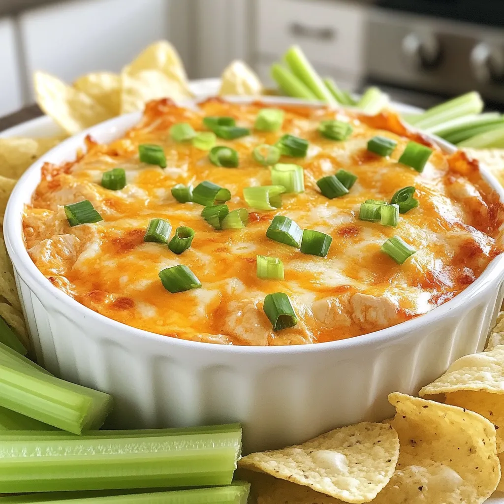 To make a tasty Slow Cooker Buffalo Chicken Dip, you need these simple ingredients: - 2 cups shredded cooked chicken (rotisserie chicken works well) - 1 package (8 oz) cream cheese, softened - 1 cup buffalo sauce (adjust for desired heat level) - 1 cup shredded sharp cheddar cheese - 1/2 cup ranch dressing or blue cheese dressing - 1/4 cup green onions, chopped (for garnish) - Tortilla chips or celery sticks for serving These ingredients blend together for a creamy and spicy dip. The chicken adds protein, while the cream cheese gives it a rich base. Buffalo sauce brings the heat, and cheddar cheese makes it ooey-gooey. The ranch or blue cheese dressing adds a tangy touch. Green onions on top give a fresh crunch. You can serve this dip with tortilla chips or crunchy celery sticks. Both options complement the flavors well. Enjoy this dip at parties or game days; it will surely please your guests! {{ingredient_image_1}} First, gather your ingredients. In a slow cooker, add the softened cream cheese. Then, mix in the shredded chicken. Next, pour in the buffalo sauce and ranch or blue cheese dressing. Stir well until everything combines smoothly. The cream cheese should blend nicely with the other ingredients. Now, cover your slow cooker. Set it to low and cook for 2 to 3 hours. You want the dip to be hot and bubbly. After the cooking time is up, stir the mixture again. This helps keep the dip creamy. Next, add the shredded cheddar cheese on top. Allow it to melt for about 15 to 20 minutes. This gives the dip a rich, cheesy flavor. Once the cheese is melted, take the dip out of the slow cooker. Stir it to ensure a smooth texture. Before serving, garnish with chopped green onions. This adds a nice color and fresh taste. Serve the dip warm in a decorative bowl. Surround it with tortilla chips and celery sticks for dipping. Enjoy the tasty Buffalo chicken dip at your next party! For a smooth dip, mix the cream cheese well. I find it helps to soften it first. Use a whisk or a spatula to break it down. This way, it blends better with the chicken and sauces. When melting the cheese, add it last. I recommend waiting until the dip is hot. Let the cheddar sit on top for about 15 to 20 minutes. This ensures it melts nicely and blends into the dip. To change the spice level, adjust the buffalo sauce. If you want more heat, add more sauce. For less heat, use less sauce or a milder brand. You can also mix in some honey for sweetness. If you want a different taste, try alternative dressings. You can swap ranch for blue cheese dressing or even Caesar dressing. Each option gives a unique flavor. Pro Tips Use Quality Chicken: For the best flavor, use rotisserie chicken or leftover grilled chicken. The seasoning from the chicken adds depth to the dip. Adjust the Heat: If you're sensitive to spice, start with a milder buffalo sauce and gradually increase the amount to suit your taste. Serve Immediately: This dip is best enjoyed fresh and warm. If you need to make it ahead of time, reheat gently on low in the slow cooker before serving. Add Extra Flavor: Consider mixing in some crumbled blue cheese or additional spices like garlic powder and smoked paprika for an extra kick. {{image_2}} If you want a vegetarian dip, you can swap chicken for chopped cauliflower or mushrooms. Both options add great texture. You can also use canned chickpeas for extra protein and fiber. For cheese, swap the sharp cheddar for pepper jack for a spicy twist. You can also try mozzarella for a milder flavor. Cream cheese is key for creaminess, but Neufchâtel works well too. Adding ranch seasoning boosts the dip's flavor. Just a teaspoon or two will make it extra tasty. You can also try garlic powder or onion powder for more depth. For herbs, add fresh cilantro or parsley. They brighten the dish and give it a fresh taste. A dash of smoked paprika adds a nice smoky flavor too. These changes can make your buffalo chicken dip unique and fun for any party! To keep your buffalo chicken dip fresh, first let it cool down. Then, transfer it to an airtight container. Use a container that seals well to keep out air. This helps the dip stay tasty. Store it in the fridge for up to three days. If you need to store it longer, consider freezing it. For freezing, use a freezer-safe container. Make sure to leave some space for expansion as it freezes. When you're ready to enjoy leftovers, reheating is key. You can use a microwave or stovetop. For the microwave, place the dip in a safe bowl. Heat it in short bursts of 30 seconds. Stir after each burst until heated through. For the stovetop, use a small pot over low heat. Stir often to prevent sticking. For serving, consider adding fresh toppings. A sprinkle of green onions or extra cheese can revive the dip. Serve it warm with fresh tortilla chips or celery sticks for dipping. This makes it feel fresh and fun again! Yes, you can make this dip ahead of time. Prepare it and store it in the fridge. Just reheat it in the slow cooker before serving. This saves time on party day. You can serve buffalo chicken dip with tortilla chips or celery sticks. Both options add great crunch. You might also try crackers or sliced veggies for more variety. Leftovers can last for about 3 to 4 days in the fridge. Store them in an airtight container to keep them fresh. To enjoy them later, just reheat in the microwave or slow cooker. Yes, you can freeze buffalo chicken dip. Place it in a freezer-safe container. It will last for about 2 to 3 months. To eat, thaw it in the fridge overnight, then reheat it. This blog post covered how to make delicious buffalo chicken dip. We discussed the essential ingredients and detailed steps to prepare it. You learned tips for a creamy texture and ways to adjust the heat level. Variations, substitutions, and storage information were also shared to enhance your experience. In conclusion, making this dip is simple and fun. You can experiment with flavors and serve it with your favorite snacks. Enjoy sharing this tasty treat at your next gathering!