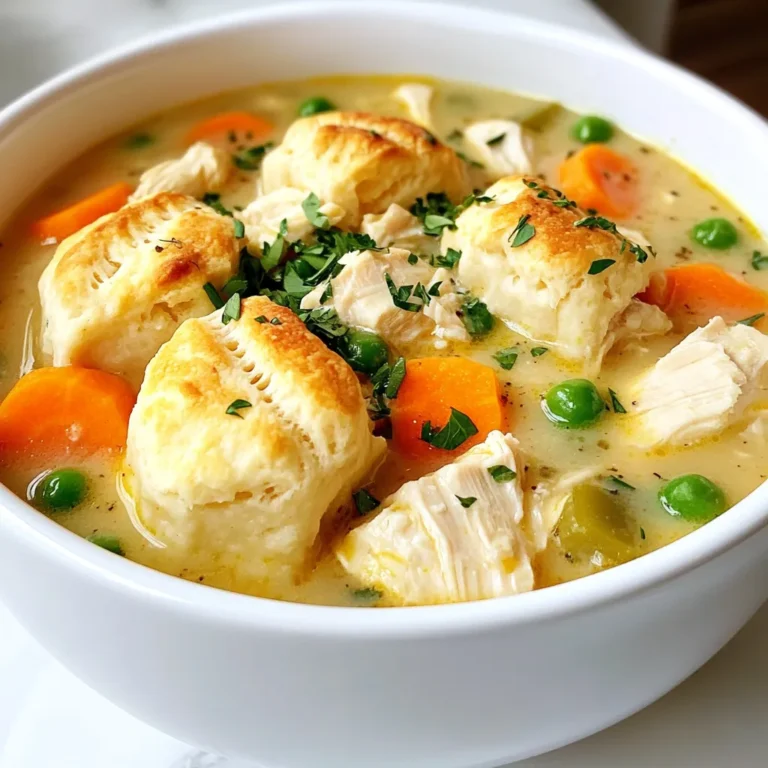 - 1 lb boneless, skinless chicken breasts, diced - 2 tablespoons olive oil - 1 small onion, diced - 2 carrots, diced - 2 celery stalks, diced - 3 cloves garlic, minced - 4 cups chicken broth - 1 cup heavy cream - 2 cups frozen mixed vegetables (peas, corn, green beans) The chicken is the star of this dish. I love using boneless, skinless breasts. They cook quickly and stay tender. Dicing the chicken helps it blend well with the soup. Next, we need fresh vegetables. I use onion, carrots, and celery. They add flavor and texture. Garlic brings in a nice aroma and taste. The broth is crucial. I prefer chicken broth for its rich flavor. Heavy cream gives the soup a creamy, comforting base. Frozen mixed vegetables add color and nutrients to every bite. - 1 teaspoon dried thyme - 1 teaspoon dried rosemary - 1 tablespoon Dijon mustard - Salt and pepper to taste Seasonings make this soup shine. Thyme and rosemary are my go-to herbs. They add a lovely earthiness. Dijon mustard gives a hint of tang. Don’t forget salt and pepper. They enhance all the flavors. - 2 cups biscuit dough (store-bought or homemade) Toppings make this soup fun. You can use store-bought biscuit dough for ease. Homemade biscuit dough adds a personal touch. Both options work well. For homemade dough, you can roll it out or cut it into small rounds. This creates fluffy tops that soak up the soup. It’s a perfect pairing! {{ingredient_image_1}} 1. Heat 2 tablespoons of olive oil in a large pot over medium heat. 2. Add 1 pound of diced chicken breasts. 3. Cook the chicken for about 5 to 7 minutes. 4. Look for a golden brown color. 5. Once cooked, remove the chicken from the pot and set it aside. 1. In the same pot, add the diced onion, carrots, and celery. 2. Use 1 small onion, 2 carrots, and 2 celery stalks. 3. Sauté these veggies for about 5 minutes until they soften. 4. Stir in 3 cloves of minced garlic. 5. Cook for an extra minute until you smell the garlic. 1. Sprinkle ½ cup of all-purpose flour over the sautéed vegetables. 2. Stir to mix everything well for about a minute. 3. This step helps to cook out the raw flour taste. 4. Gradually pour in 4 cups of chicken broth. 5. Stir constantly to avoid lumps and bring it to a gentle boil. 6. Next, add 1 cup of heavy cream and 2 cups of frozen mixed vegetables. 7. Mix in 1 teaspoon of dried thyme, 1 teaspoon of dried rosemary, and 1 tablespoon of Dijon mustard. 8. Reduce the heat and let it simmer for 15 to 20 minutes. 1. Season the soup with salt and pepper to taste. 2. Return the cooked chicken to the pot and stir well. 3. If using homemade biscuit dough, prepare it now. 4. Roll out the dough and cut it into small rounds or squares. 5. Top the soup with the biscuit pieces and cover the pot. 6. Cook for an additional 10 to 15 minutes until the biscuits are fluffy. To make your soup richer, you can add more cream. Use a full cup of heavy cream instead of half. You can also mix in some cream cheese for extra creaminess. Another trick is to blend part of the soup. Just scoop some into a blender, then mix it back in. This will thicken the soup without changing the flavor. For a thicker soup, add more flour. Start with a tablespoon more than the recipe calls for. Stir it well to avoid lumps. You can also let the soup simmer longer. This helps it thicken naturally as water evaporates. To boost flavor, add fresh herbs like parsley or chives when serving. You can also sprinkle some paprika for a hint of spice. A touch of lemon juice adds a fresh kick. Experiment with spices like thyme and rosemary for warmth. For garnishes, consider crispy bacon bits or a dollop of sour cream. Fresh herbs add color and flavor. You can also top with additional biscuit pieces for a fun twist. For quick prep, chop your vegetables ahead of time. You can store them in the fridge for easy access. Another tip is to use rotisserie chicken. This cuts down on cooking time. Just shred the chicken and add it to the soup. If you have leftover soup, use it in other meals. You can mix it with pasta or rice for a quick lunch. This makes great use of leftovers while keeping meals exciting. Pro Tips Use Leftover Chicken: This soup is a great way to use up leftover rotisserie chicken for a quicker meal. Thicken with Cornstarch: If you prefer a thicker soup, you can mix cornstarch with water and stir it in during the simmering process. Add Fresh Herbs: Garnishing with fresh thyme or parsley enhances the flavor and presentation of your soup. Customize Veggies: Feel free to swap in your favorite vegetables or whatever you have on hand for added variety. {{image_2}} If you want a meatless soup, try using mushrooms or tofu instead of chicken. They add great texture and flavor. For broth, use vegetable broth instead of chicken broth. This keeps it rich and tasty. You can swap heavy cream for coconut milk or cashew cream for a creamy touch without dairy. To make this soup gluten-free, use almond flour or a gluten-free flour mix instead of all-purpose flour. This keeps your soup thick and smooth. For the biscuit topping, look for gluten-free biscuit mixes or make your own with gluten-free flour. These will still give you that fluffy, comforting finish. For a spicy twist, add diced jalapeños or a pinch of cayenne pepper. This adds a nice kick to the soup. If you want a Mediterranean vibe, try adding sun-dried tomatoes, olives, and fresh basil. These ingredients give your soup a bright and fresh taste that is different from the classic version. To store leftover Chicken Pot Pie Soup, follow these simple steps: - Refrigeration guidelines: Let the soup cool to room temperature. Pour it into an airtight container. It will stay fresh for up to 3 days in the fridge. - Freezing instructions: For longer storage, freeze the soup. Use freezer-safe containers or bags. Leave space at the top for expansion. The soup will last up to 3 months in the freezer. When you're ready to enjoy your soup again, reheating is key: - Best methods for reheating: The best way to reheat is on the stove. Pour the soup into a pot over medium heat. Stir often until it’s hot. - Avoiding changes in texture: If using a microwave, heat in short bursts. Stir in between to avoid hot spots. This keeps the texture smooth and creamy. Knowing how long your soup lasts helps with planning: - How long it lasts in the fridge and freezer: In the fridge, Chicken Pot Pie Soup lasts 3 days. In the freezer, it remains good for 3 months. Always check for off smells or changes in color before eating. Yes, you can make Chicken Pot Pie Soup ahead of time. To prep, start by cooking the chicken and vegetables as per the recipe. Once you finish cooking, let the soup cool. Store it in an airtight container in the fridge. This soup stays fresh for 3 to 4 days. When you are ready to eat, heat it up on the stove. Add a bit of broth if it seems thick. This soup tastes great after it sits for a day. The flavors have more time to blend together. If you want a lighter soup, try using half-and-half. It gives a creamy taste with less fat. You can also use coconut milk for a dairy-free option. It adds a nice flavor twist. For a very light choice, consider using yogurt. Just stir it in at the end so it doesn't curdle. Freezing this soup is simple. First, let it cool completely. Then, pour it into freezer-safe bags or containers. Make sure to leave some space at the top, as the soup will expand when frozen. Seal the bags tightly to prevent freezer burn. Label the bags with the date. You can freeze the soup for up to 3 months. To thaw, place it in the fridge overnight. Reheat it on the stove, stirring well. If it’s too thick, add a little broth to reach your desired consistency. Absolutely! Adding more vegetables makes the soup even better. You can try adding potatoes for extra heartiness. Sweet potatoes add a hint of sweetness. Spinach or kale can boost the nutrients. Bell peppers give a nice crunch. Just chop them small and add them when you sauté the other veggies. This soup is flexible, so feel free to get creative! We explored how to make a delicious Chicken Pot Pie Soup. You learned about the main ingredients and key seasonings that give it flavor. I shared easy steps for cooking the chicken, sautéing veggies, and creating a creamy base. Tips for variations, storage, and reheating were also covered. With these insights, you can make this comforting dish any time. Enjoy experimenting to find your favorite version!