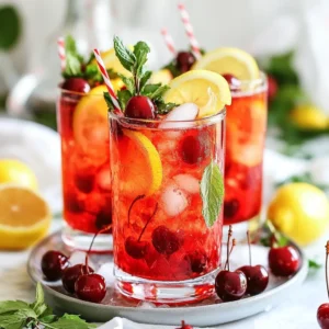 - Cherry juice selection tips: Choose 100% cherry juice with no added sugars. This ensures a pure taste. Freshness matters, so check for quality brands. Avoid juices with added colors or preservatives. Look for juices labeled "pure" or "natural" for the best flavor. - Importance of using fresh garnishes: Fresh garnishes make your drink look great and add flavor. Use halved cherries, lemon slices, and mint leaves. They add color and a pop of freshness. Plus, they make your mocktail feel special for the festive season. - Optional ingredients for customization: You can add 1 tablespoon of maple syrup for extra sweetness. This is great if you like your drinks sweeter. Feel free to try other juices too, like cranberry or orange juice. Mixing juices can create fun flavors that your guests will love! {{ingredient_image_1}} First, we start by making the mocktail base. In a large pitcher, combine 1 cup of cherry juice, 1 tablespoon of freshly squeezed lemon juice, and 1 tablespoon of maple syrup if you want it sweeter. Stir all the ingredients well until they mix completely. This step is key! Mixing well helps you get all the great flavors in each sip. Next, let’s get your glasses ready. Fill each serving glass with ice cubes. This keeps your drink cold and refreshing. After that, pour the cherry juice mixture over the ice. Fill the glasses about two-thirds full. This leaves room for the sparkling water. Now for the fun part! Top each glass with 1 cup of sparkling water or club soda. Give it a gentle stir to mix everything together. This fizz adds a festive touch! Finally, let’s garnish to make it pretty. Add some freshly halved cherries, a slice of lemon, and a few mint leaves on top. These garnishes not only look great but also add a burst of flavor. Serve it right away and enjoy your Christmas Cherry Fizz Mocktail! To make your Christmas Cherry Fizz even better, try adding a splash of orange juice. This gives it a nice citrus twist. You can also use a hint of vanilla extract for warmth. Balancing sweetness is key. If your cherry juice is sweet, cut down on the maple syrup. Use lemon juice to add some zing. This helps balance the flavors and makes every sip refreshing. The right glass can make your mocktail pop! Use tall, clear glasses to show off the vibrant red color. You can also use festive mugs for a cozy look. Don’t skip the garnishes! Add fresh cherries, lemon slices, and mint leaves for a bright touch. These not only look great but also add extra flavor. A colorful straw can add that fun factor, too. You can prep your mocktail base ahead of time. Mix the cherry juice, lemon juice, and maple syrup in a pitcher. Store it in the fridge until you’re ready to serve. For the best fizz, wait to add the sparkling water just before serving. This keeps the bubbles fresh. If you have leftover ingredients, store them in airtight containers. This helps keep everything fresh for later use. Pro Tips Use Fresh Ingredients: For the best flavor, opt for fresh lemons and real cherries whenever possible. Fresh fruit enhances the overall taste and presentation of your mocktail. Chill Your Ingredients: Make sure your cherry juice and sparkling water are chilled before mixing. This will keep your mocktail refreshing and crisp without diluting it with melting ice. Adjust Sweetness: Taste your cherry juice mixture before serving. If you prefer a sweeter drink, feel free to add a little more maple syrup or even a splash of agave syrup to suit your taste. Experiment with Flavors: Don’t hesitate to add different herbs or fruits to your mocktail. A few basil leaves or a splash of orange juice can add a delightful twist to your Christmas Cherry Fizz. {{image_2}} You can switch up the cherry juice for other fruit juices. Try using cranberry juice for a tart kick. You might also enjoy pomegranate juice for a deep flavor and color. Seasonal juices, like apple or pear, add a fun twist. These juices bring their own unique tastes and scents. Every person has a different taste for sweetness. If you like it less sweet, skip the maple syrup. You could also try a small amount of honey or agave nectar. For those needing sugar-free options, use stevia or monk fruit. These choices let you enjoy the drink without added sugar. Exploring flavored sparkling waters can really elevate your mocktail. A lemon or lime sparkling water adds a fresh zing. You can also mix in other non-alcoholic drinks, like ginger ale or tonic water. These add new flavors while keeping the drink fizzy and fun. Try different combinations to find your favorite! To store leftover mocktail, pour it into a clean jar. Seal it tightly with a lid. Place the jar in your fridge. This helps keep it cool and fresh. The mocktail stays good for up to two days. After that, the fizz may go flat. For cherry juice, keep it in its original bottle. Store it in the fridge after opening. This keeps its flavor strong. Fresh garnishes, like cherries and mint, need care. Place them in a sealed bag. Store them in the fridge too. Use them within three days for the best taste. When hosting parties, you can make a large batch. Simply multiply the recipe by the number of guests. Mix everything in a big pitcher. Pour it over ice when serving. If you want to make juice ahead, freeze it. Pour juice into ice cube trays. Once frozen, pop them out and store in a bag. Use these cubes in drinks later! A mocktail is a drink that looks like a cocktail but has no alcohol. It offers fun flavors without the buzz. Mocktails are great for all ages and can be enjoyed at any holiday party. You can mix juices, sodas, and fresh ingredients. They are tasty and perfect for celebrations. Yes, you can prep some parts ahead. Mix the cherry juice, lemon juice, and maple syrup first. You can store this mix in the fridge for a day. Just add ice and sparkling water when you are ready to serve. This way, your drink stays fresh and fizzy. This mocktail is naturally gluten-free and vegan. Use 100% cherry juice with no added sugars. The garnishes, like cherries and mint, are also healthy options. If you want extra sweetness, maple syrup is a great choice. It is plant-based and adds flavor without guilt. This blog post covered everything you need to make a fantastic cherry mocktail. We explored ingredient selection, step-by-step preparation, and creative ways to enhance flavor and presentation. Remember to use fresh ingredients for the best taste. You can customize the drink to fit your preferences. Whether you enjoy making it for yourself or for guests, this mocktail can be a delightful option. With the tips shared, you can impress anyone with your drink-making skills. Enjoy the process, and have fun experimenting with flavors!