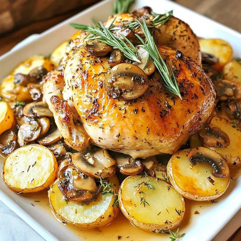 - Whole chicken (4-5 lbs) - Baby potatoes (2 pounds) - Fresh herbs (rosemary, thyme) - Garlic and lemon - Mushrooms (8 ounces) - Heavy cream (1 cup) - Chicken broth (1 cup) - Butter and seasoning - Roasting pan or oven-safe dish - Skillet - Mixing bowl - Meat thermometer The main ingredients for this dish include a whole chicken weighing between 4 and 5 pounds. You then need 2 pounds of baby potatoes. Fresh herbs like rosemary and thyme add great flavor. Garlic and lemon enhance the taste even more. For the creamy mushroom sauce, you will need 8 ounces of fresh mushrooms. A cup of heavy cream makes the sauce rich and smooth. You will also need a cup of chicken broth to add depth. Don't forget butter and some seasoning to tie it all together. To cook this meal, you need a roasting pan or an oven-safe dish for the chicken. A skillet works well for making the creamy sauce. A mixing bowl helps combine ingredients easily. Lastly, a meat thermometer ensures the chicken is fully cooked. {{ingredient_image_1}} 1. Preheat the Oven: Start by preheating your oven to 425°F (220°C). This step helps cook the chicken evenly and creates a crispy skin. 2. Mix the Herb Seasoning: In a small bowl, combine 4 cloves of minced garlic, 2 tablespoons of chopped rosemary, 2 tablespoons of chopped thyme, 1 tablespoon of olive oil, the zest and juice of 1 lemon, salt, and pepper. 3. Apply to the Chicken: Rub the herb mixture all over the chicken. Make sure to get under the skin. This adds flavor to the meat. 1. Toss the Potatoes: In a large mixing bowl, add 2 pounds of halved baby potatoes. Drizzle with olive oil, and season with salt and pepper. Toss them well to coat. 2. Sauté the Mushrooms: In a skillet, melt 2 tablespoons of butter over medium heat. Add 8 ounces of sliced mushrooms and sauté them until they turn golden brown. This takes about 5 to 7 minutes. 1. Arrange in Roasting Pan: Place the seasoned chicken in the center of a large roasting pan. Scatter the seasoned potatoes around the chicken. This allows the flavors to blend. 2. Timing and Temperature: Roast the chicken and potatoes in the oven for about 1 hour and 20 minutes. Check that the chicken's internal temperature reaches 165°F (74°C). Baste the chicken with its own juices every 20 minutes for extra flavor. 3. Make the Cream Sauce: While the chicken roasts, pour in 1 cup of chicken broth into the skillet with mushrooms. Bring it to a simmer. Then stir in 1 cup of heavy cream. Cook for another 5 to 7 minutes until the sauce thickens slightly. Season with salt and pepper to taste. How do I enhance flavor using marinades? Marinades add depth to your chicken. Use a mix of garlic, herbs, lemon juice, and olive oil. Rub this mixture all over the chicken, even under the skin. This helps the flavors soak in. For best results, marinate the chicken for at least one hour, or even overnight. Why is resting the chicken important? Resting the chicken lets juices settle. After roasting, let it sit for ten minutes. This step keeps the meat juicy and tender. If you cut it too soon, juices will spill out. What can I add to the cream sauce? Cheese is a great addition. Try parmesan or cheddar for added richness. Fresh herbs like parsley or chives also work well. They brighten the sauce and add flavor. How can I thicken the sauce? To thicken your sauce, let it simmer longer. You can also mix a bit of cornstarch with water and stir it in. This method gives you a smooth texture without lumps. What are some plating tips for a beautiful presentation? Use a large platter for a stunning look. Carve the chicken and arrange it neatly. Place the potatoes around the chicken for color. Drizzle the creamy mushroom sauce over the chicken. Garnish with fresh herbs for a pop of green. Which side dishes do you recommend? Serve your chicken with a fresh salad or steamed veggies. Roasted carrots or green beans pair nicely too. They add color and balance the meal. This dish not only tastes amazing but also looks fantastic on your table! Pro Tips Use a Meat Thermometer: Ensure your chicken reaches an internal temperature of 165°F (74°C) for safe consumption and perfect juiciness. Let the Chicken Rest: Allowing the chicken to rest for about 10 minutes before carving helps the juices redistribute, making for a more flavorful and moist result. Customize the Herbs: Feel free to mix and match herbs based on your preference; sage, oregano, or even tarragon can add unique flavor notes to your chicken. Make Extra Sauce: If you love sauces, double the creamy mushroom sauce recipe so you can generously drizzle it over the chicken and potatoes for added richness. {{image_2}} You can change the protein in this dish. Try using Cornish hens instead of a whole chicken. They roast well and taste great with the same herbs. Turkey is another option for special occasions. If you want a vegetarian meal, use mushrooms and potatoes. They create a hearty dish without meat. You can also adjust how you cook the chicken. A slow cooker works well for a tender result. Just mix the herbs and chicken in the pot. Add the potatoes and let it cook all day. For a smoky taste, try grilling the chicken. It gives a nice char and enhances the flavors. Spices can change the flavor of your dish. Consider adding paprika for a kick. You can substitute herbs too. Try oregano or dill for a different twist. If you want a regional flavor, use herbs from your area. This adds a personal touch to your meal and showcases local tastes. Store your leftover herb roasted chicken and creamy mushroom potatoes carefully. First, cool them down to room temperature. Then, place the chicken and potatoes in airtight containers. - Use glass or plastic containers with tight lids. - If you have extra sauce, store it separately to keep it fresh. You can choose to store leftovers in the fridge or freezer. In the fridge, they stay good for up to four days. For longer storage, freeze them for up to three months. When you are ready to enjoy your leftovers, reheating is key. For the chicken, place it in the oven at 350°F (175°C) for about 20 minutes. You can also use the microwave, but this may dry it out. For the potatoes, heat them in the oven or microwave as well. If your creamy mushroom sauce has thickened, add a splash of chicken broth or cream to loosen it. Stir well to keep the sauce smooth and creamy. Leftovers from this dish can last in the fridge for four days. Always check for signs of spoilage before eating. Look for: - Unpleasant odors - Changes in color - Unusual textures If you notice any of these signs, it’s best to throw the food away. Enjoy your meal safely! You should cook herb-roasted chicken for about 20 minutes per pound. For a 4-5 pound chicken, this means a total cooking time of around 1 hour and 20 minutes. Always check the internal temperature. It must reach 165°F (74°C) to ensure safety. Cooking times may vary based on your oven and chicken size, so I recommend using a meat thermometer for the best results. Yes, you can make the creamy mushroom sauce ahead of time. Just cool it down and store it in the fridge. It keeps well for about 3 days. If you want to freeze it, place it in an airtight container for up to 2 months. When ready to use, thaw it in the fridge overnight. Then, reheat it gently on the stove. Add a splash of cream if it thickens too much. Herb-roasted chicken goes well with many sides. Here are some tasty options: - Roasted vegetables like carrots or Brussels sprouts - A fresh green salad with a light vinaigrette - Garlic bread or dinner rolls for a nice touch - Steamed green beans or asparagus for color and crunch These sides will complement the rich flavors of your dish and make your meal even better! This blog post guides you on making a delicious herb-roasted chicken with creamy mushroom sauce. You learned about the key ingredients and essential kitchen tools. We covered the step-by-step cooking process, cooking tips, and variations to suit your taste. Finally, I shared advice on storing leftovers and reheating them. Enjoying this meal is easy and can impress anyone. Experiment with flavors, and make it your own. Cooking can be fun, and now you're ready to start!