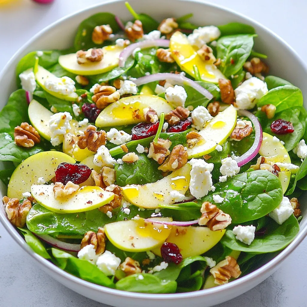 - 4 cups fresh spinach, washed and dried - 2 medium apples (Gala or Honeycrisp), cored and thinly sliced - 1 cup feta cheese, crumbled - 1/2 cup walnuts, roughly chopped - 1/4 cup dried cranberries - 1/4 cup red onion, finely sliced This salad shines with fresh ingredients. Fresh spinach is the base. It adds color and nutrition. Choose bright green leaves. Apples bring a sweet crunch. Gala or Honeycrisp work best. Their flavor pairs well with feta. Feta cheese adds creaminess. It also gives a salty bite. Walnuts add healthy fats and crunch. Use roughly chopped walnuts for texture. Dried cranberries add a chewy sweetness. Finally, the red onion gives a sharp taste. Slice it thinly for a milder flavor. - 3 tablespoons olive oil - 1 tablespoon lemon juice - 1 tablespoon honey - Salt and pepper to taste Now, let’s talk about the dressing. It ties everything together. Start with olive oil. It brings a rich, smooth taste. Lemon juice adds brightness. It cuts through the creaminess of the feta. Honey gives a hint of sweetness. Adjust it to your taste. Don’t forget salt and pepper! They enhance all the flavors. Mix these ingredients well. A good dressing makes your salad pop. {{ingredient_image_1}} First, wash and dry the fresh spinach. Make sure you remove any dirt or grit. Use a salad spinner for quick drying. Next, core the apples. Slice them thinly. I love using Gala or Honeycrisp apples. Their sweetness adds great flavor to the salad. In a large bowl, combine the fresh spinach, apple slices, crumbled feta cheese, chopped walnuts, dried cranberries, and sliced red onion. Mix these ingredients well; they should be evenly distributed. In a small bowl, whisk together the olive oil, lemon juice, honey, salt, and pepper. This dressing ties all the flavors together. Now it’s time to bring everything together. Drizzle the dressing over the salad. Toss gently to coat the salad ingredients evenly. Let it rest for about five minutes. This step helps the flavors meld beautifully. Serve the salad fresh, and feel free to add extra walnuts or cranberries for a nice touch. Enjoy! When picking apples for your salad, taste matters. Gala apples are sweet and juicy. They add a nice crunch. Honeycrisp apples are another great choice. They are crisp and refreshing. Try using a mix of both for more flavor. Look for firm apples, as they hold up well in salads. Avoid soft or mushy apples, as they can make your salad soggy. Feta cheese can vary in taste. You may find it creamy or crumbly. For the best results, choose authentic Greek feta. It has a strong flavor that pairs well with apples. If you prefer a milder taste, try French feta. It is softer and less salty. Make sure to crumble the feta before adding it to the salad. This helps it mix well with the other ingredients. Presentation can make your salad shine. After tossing the salad, think about garnishes. Add extra walnuts or cranberries on top for color. Fresh herbs, like mint or parsley, can also add a nice touch. You can serve this salad in a large bowl or on individual plates. A drizzle of balsamic glaze or a sprinkle of black pepper can enhance the look and flavor. Enjoy your beautiful Apple Feta Spinach Salad! Pro Tips Choose Crisp Apples: Opt for varieties like Gala or Honeycrisp for a sweet crunch that complements the feta and spinach beautifully. Add Fresh Herbs: Incorporate fresh herbs like mint or basil for an aromatic boost that elevates the salad's flavor profile. Toast the Walnuts: Lightly toasting the walnuts enhances their flavor and adds a delightful crunch to the salad. Make Ahead: Prepare the salad ingredients in advance but keep the dressing separate until just before serving to maintain freshness. {{image_2}} If you want to swap out walnuts, try pecans or almonds. Both add a nice crunch. You can also use sunflower seeds for a nut-free option. They give a great texture and flavor. Just make sure to chop them if they are large. Each nut brings its own taste, so feel free to mix and match. To boost protein in your salad, add grilled chicken or chickpeas. Both options pair well with the salad's fresh flavors. You can also try adding quinoa for a hearty touch. If you want more sweet, add sliced strawberries or mandarin oranges. These fruits enhance the salad's taste and color. For a vegan version, replace feta with tofu or a nut-based cheese. You can also skip the honey in the dressing. Use maple syrup or agave instead. For gluten-free needs, this salad is naturally gluten-free, so enjoy it as is! Just check your packaged ingredients to ensure they're gluten-free. To keep your Apple Feta Spinach Salad fresh, store it in an airtight container. Make sure to remove any extra dressing before storing. This keeps the greens crisp and tasty. If you have leftover dressing, keep it in a separate jar in the fridge. This way, you can dress the salad just before eating. When stored correctly, the salad stays fresh for about 2 days. After that, the spinach may wilt and lose its crunch. The apples might brown, too, which changes the look. For the best flavor, try to eat it within the first day. You can prep some parts ahead of time. Wash and chop the spinach and apples, but wait to mix them with feta and nuts. You can also make the dressing a day early. Just give it a good shake before you pour it over the salad. This helps the flavors stay bright and fresh when you’re ready to eat. Yes, you can use different greens. If you want a change, try arugula or kale. Both add a nice crunch. You can also mix greens for more flavor. Just make sure they are fresh and washed. Spinach is great, but other greens can make it fun! You can lighten the dressing easily. Use less olive oil or try yogurt instead. Greek yogurt adds creaminess and cuts fat. You can also add more lemon juice for extra zest. If you skip the honey, the salad will still taste good. Just adjust to your liking! This salad goes great with grilled chicken or fish. The flavors work well together. You might also serve it with a warm soup. A crusty bread on the side is perfect too. For a full meal, add a protein to make it heartier! This blog post covered how to make a tasty Apple Feta Spinach Salad. We discussed fresh ingredients like spinach, apples, feta, and walnuts. I shared tips for dressing and salad prep. You learned about variations, storage tips, and answers to common questions. In conclusion, this salad is easy to make and delicious. Feel free to try your own twists and enjoy!