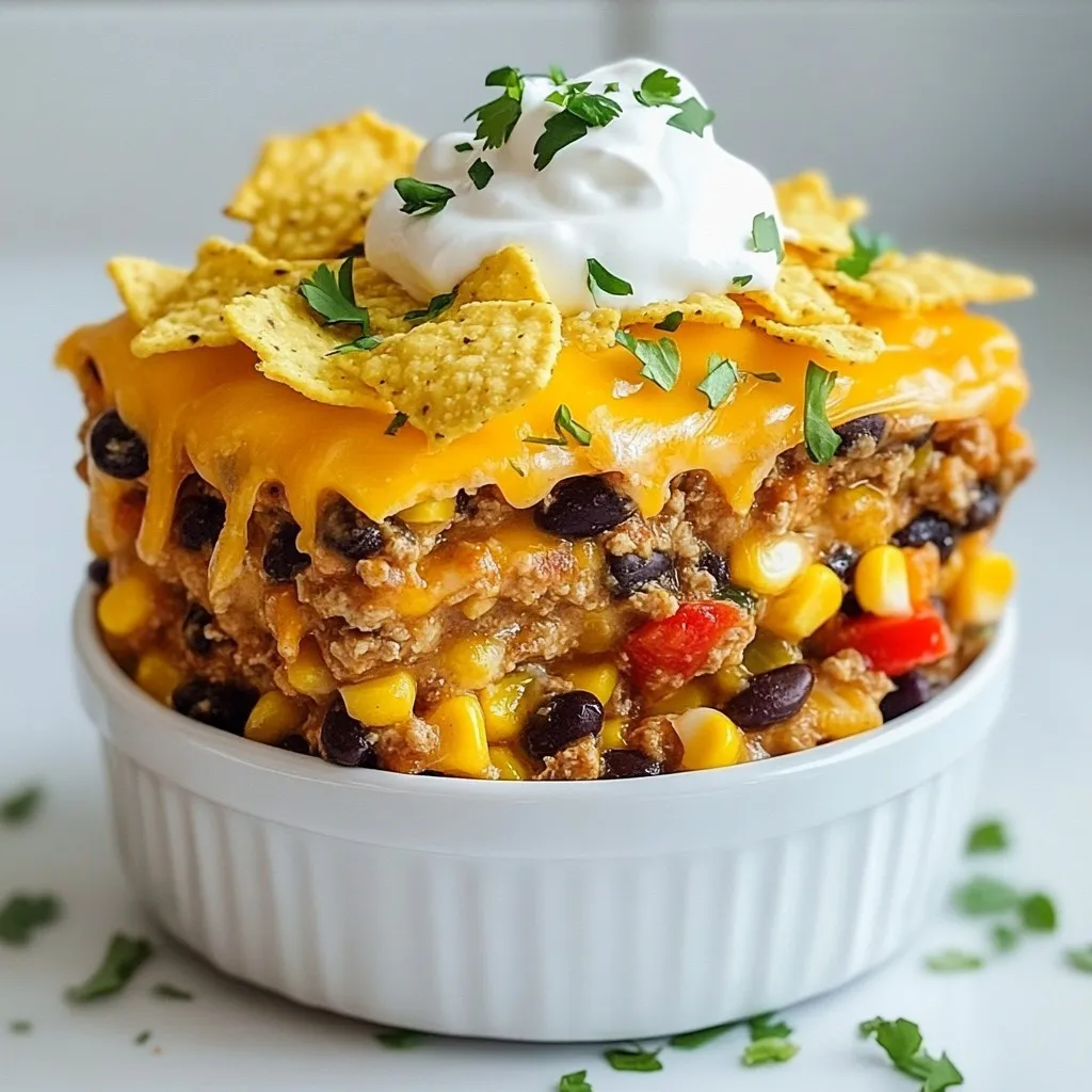 For this tasty dish, gather these main ingredients: - 1 pound ground turkey or beef - 1 can (15 oz) black beans, rinsed and drained - 1 can (15 oz) corn, drained - 1 can (10 oz) diced tomatoes with green chilies - 1 packet taco seasoning (or homemade) - 1 cup shredded cheddar cheese - 1 cup tortilla chips, crushed - 1 small onion, diced - 1 red bell pepper, diced - 1 cup salsa These ingredients create a rich, savory flavor. The ground meat serves as the base. The beans and corn add texture and nutrition. Diced tomatoes bring freshness, and taco seasoning ties the flavors together. You can make this dish your own with optional ingredients. Consider these: - 1 cup sour cream (for serving) - Fresh cilantro for garnish Adding sour cream gives a creamy finish. Fresh cilantro adds a bright touch to the dish. You can also try different toppings like avocado or jalapeños to suit your taste. If you need to swap out some items, here are some ideas: - Use chicken instead of turkey or beef. - Substitute black beans with pinto or kidney beans. - Replace cheddar cheese with Monterey Jack or pepper jack. - Use frozen corn instead of canned corn. These substitutions keep the spirit of the dish while allowing for personal preferences. Just remember to adjust cooking times if you change the meat type. {{ingredient_image_1}} Start by browning one pound of ground turkey or beef in a skillet. Use medium heat for this. Cook until the meat is fully brown. Drain any excess fat from the pan. This step helps keep your casserole from being greasy. Next, add one diced onion and one diced red bell pepper to the skillet. Stir the veggies into the meat and cook for about five minutes. You want them to be tender. This mix adds great flavor and texture to your casserole. In a large bowl, combine the cooked meat and vegetables with one can of rinsed black beans, one can of drained corn, one can of diced tomatoes with green chilies, one packet of taco seasoning, and one cup of salsa. Mix everything well. Now, layer half of one cup of crushed tortilla chips in the bottom of the crockpot. Pour half of the taco mixture over the chips. Then sprinkle half of one cup of shredded cheddar cheese on top. Repeat this with the remaining chips, taco mixture, and cheese. Cover the crockpot and set it to cook. If you want to cook on low, do so for 4 to 6 hours. For high, cook for 2 to 3 hours. You know it's done when the cheese is melted and bubbly. Once finished, let it cool slightly before serving. If you like, top it with fresh cilantro and a dollop of sour cream. To boost the flavor of your Crockpot Taco Casserole, use fresh herbs. Fresh cilantro adds a nice touch. You can also squeeze lime juice before serving. This brightens the dish and enhances the taste. If you like heat, add jalapeños or hot sauce to the meat mixture. The taco seasoning can be adjusted. Use more for a stronger flavor. Homemade taco seasoning can be fun and allows you to control the spices. Layering is key to a great casserole. Start with half of the crushed tortilla chips at the bottom. This keeps the casserole from getting soggy. Next, add half of the meat mixture and sprinkle half of the cheese. Repeat this process. Finish with a final layer of cheese on top. This way, the cheese melts perfectly and creates a wonderful crust. Make sure to cover the crockpot tightly. This helps everything cook evenly. One common mistake is not cooking the meat fully before adding it to the crockpot. Always brown the meat first. This improves the flavor and texture. Another mistake is overcrowding the crockpot. Make sure to use a large enough pot. If it's too full, it won’t cook well. Lastly, avoid skipping the cheese layer. It adds creaminess and binds everything together. Always keep an eye on the cooking time. Cooking too long can dry out the casserole. Pro Tips Use Lean Meat: Opting for lean ground turkey or beef will reduce fat content and make your casserole healthier without sacrificing flavor. Layering is Key: Properly layering the ingredients ensures even cooking and prevents the chips from becoming overly soggy. Customize Your Spice Level: Adjust the amount of taco seasoning and choose mild or spicy salsa based on your heat preference. Make it Vegetarian: Substitute the meat with extra beans or lentils for a delicious vegetarian version of this taco casserole. {{image_2}} You can easily make a vegetarian version of this dish. Swap the ground turkey or beef for 1 pound of tempeh or lentils. These options give you great texture and flavor. Use the same spices and veggies. You can also add mushrooms for a meaty bite. Add more beans, like pinto or kidney beans, for protein. This version is just as tasty and filling. If you like heat, add sliced jalapeños to the mix. You could also use spicy salsa or add a dash of hot sauce. Swap the regular taco seasoning for a spicy blend. For a unique flavor, mix in some chipotle powder. This will give your casserole a smoky kick. Adjust the spice level to fit your taste buds. To make this dish gluten-free, ensure your taco seasoning has no gluten. Use crushed gluten-free tortilla chips instead of regular ones. You can find many brands that offer great taste. Check all labels for hidden gluten in canned goods. With these simple tweaks, everyone can enjoy this casserole without worry. To store leftovers, let the casserole cool down first. Then, scoop it into an airtight container. Make sure to seal it tightly. You can keep it in the fridge for about 3 to 4 days. Label the container with the date. This helps you know when to eat it. When you want to reheat the casserole, you have a few options. You can use the microwave for quick heating. Just place a portion on a plate and cover it. Heat it for 1 to 2 minutes. Stir halfway through to heat evenly. For a crispy top, use the oven. Preheat it to 350°F (175°C). Place the casserole in a baking dish and cover it with foil. Heat for about 15-20 minutes, then uncover for the last 5 minutes. If you want to freeze the casserole, it’s easy! Let it cool completely. Then, put it in a freezer-safe container. You can also use freezer bags, removing as much air as you can. Label it with the date. You can freeze it for up to 3 months. When you are ready to eat, thaw it in the fridge overnight. Then, reheat it using the instructions above. Yes, you can use other meats. Ground chicken or pork works well too. You may also try shredded chicken for a different taste. Each meat brings its own flavor. Make sure to cook it fully before adding it to the crockpot. Leftovers can last in the fridge for 3 to 5 days. Store it in an airtight container to keep it fresh. You can also freeze the casserole for up to 3 months. Just make sure to cool it before you freeze it. You can prep this dish a day ahead. Cook the meat and veggies, then layer them in the crockpot. Store it in the fridge overnight. In the morning, just set the crockpot to cook. It makes dinner easy and quick. This casserole pairs well with many sides. You can serve it with a simple salad or guacamole. Tortilla chips add crunch too. Consider adding sour cream and fresh cilantro for a nice touch. Enjoy the mix of flavors! Crockpot Taco Casserole is easy and tasty. We covered the main ingredients and how to customize them. I shared tips on preparing ground meat, cooking veggies, and layering. I also gave you variations for vegetarian and gluten-free options. Lastly, I explained how to store and reheat leftovers. With these steps, you can enjoy a delicious meal every time. Happy cooking!