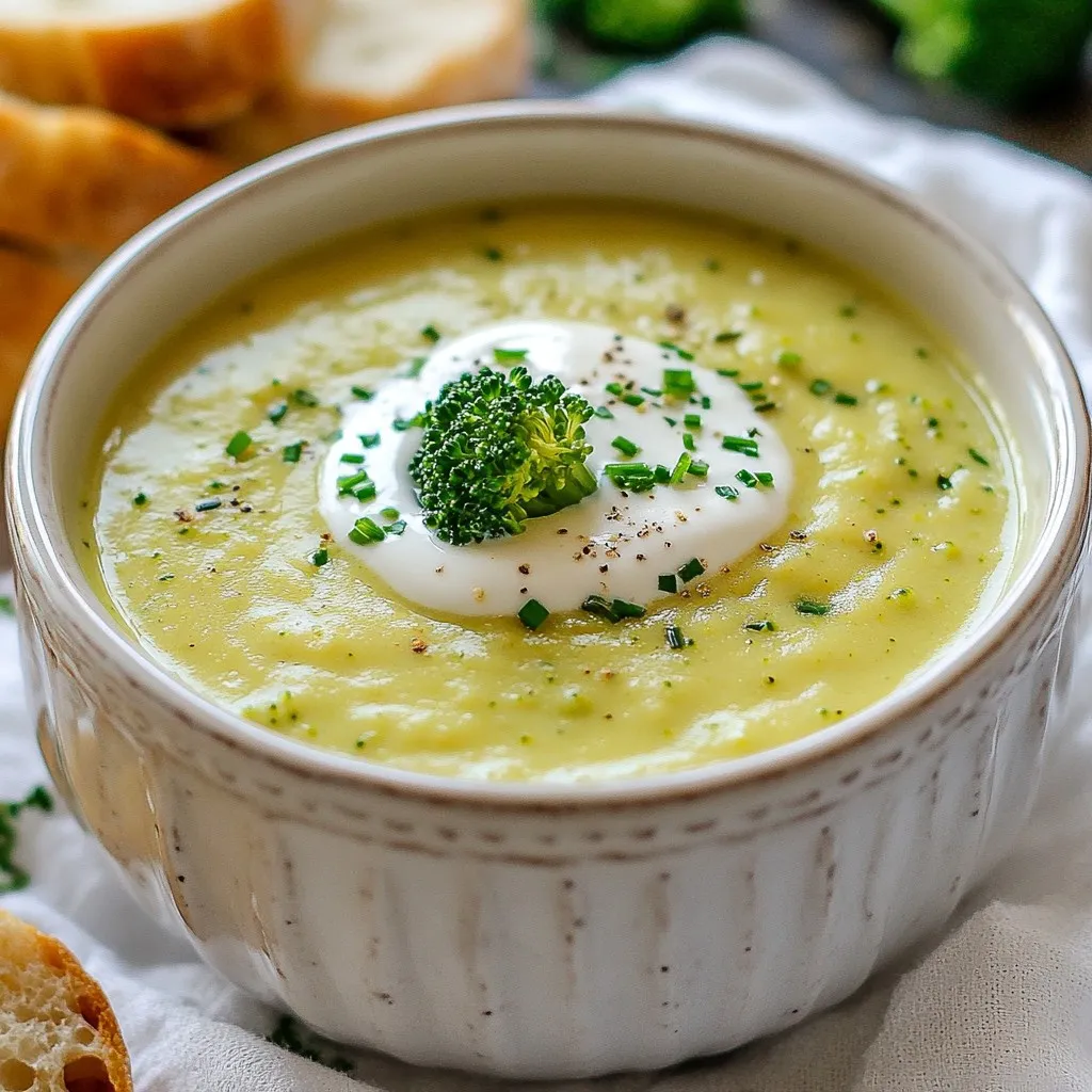 - 2 tablespoons olive oil - 1 large leek, chopped (white and light green parts only) - 2 medium potatoes, peeled and diced - 4 cups vegetable broth - 4 cups broccoli florets - 1 cup heavy cream or coconut cream - 1 teaspoon garlic powder - Salt and pepper to taste - Fresh chives for garnish To make this soup, gather all your ingredients first. Start with olive oil, which gives a nice base flavor. Next, choose a large leek. Make sure to chop the white and light green parts for the best taste. You’ll need two medium potatoes. Peel and dice them into small pieces for even cooking. The vegetable broth adds depth and keeps the soup light yet hearty. Broccoli florets are crucial for that vibrant color and nutrition. For creaminess, add one cup of either heavy cream or coconut cream. Garlic powder elevates the flavor; it’s a simple, quick way to add taste. Don’t forget salt and pepper. They enhance all the other flavors in your soup. Lastly, fresh chives make a beautiful garnish that adds a burst of color and a mild onion flavor. {{ingredient_image_1}} - Chopping the leek Start by rinsing the leek under cool water. Cut off the dark green tops. Slice the leek down the middle and chop it into thin pieces. Make sure to use only the white and light green parts. This gives the soup a nice, mild flavor. - Dicing the potatoes Peel the potatoes, then cut them into small cubes. Aim for uniform pieces. This helps them cook evenly in the soup. Set them aside until you’re ready to add them to the pot. - Sautéing the leek In a large pot, heat two tablespoons of olive oil over medium heat. Add the chopped leek and stir it often. Cook for about three to four minutes. You want the leek to soften and become fragrant. - Adding potatoes and broth Next, add the diced potatoes to the pot. Stir them in and cook for about five minutes. Then, pour in four cups of vegetable broth. Bring this mixture to a boil, then lower the heat to let it simmer. - Simmering the soup Allow the soup to simmer for about ten minutes. You want the potatoes to become tender. After that, add four cups of broccoli florets, garlic powder, salt, and pepper. Simmer for another five to seven minutes until the broccoli turns bright green. - Pureeing the soup Remove the pot from heat. Use an immersion blender to puree the soup until it’s nice and smooth. If you don’t have one, carefully transfer the soup in batches to a blender. Blend it until creamy. - Mixing in the cream and seasoning Stir in one cup of heavy cream, or coconut cream for a vegan option. This gives the soup a rich taste. Taste it and add more salt and pepper if needed. If the soup cooled down, return the pot to low heat to warm it up gently. Using an immersion blender is a quick way to blend your soup. You can blend it right in the pot. This saves time and cuts down on cleanup. If you use a traditional blender, let the soup cool a bit first. Blend it in batches for safety. Both methods will give you a creamy texture. To boost the flavor, try adding spices and herbs. A pinch of nutmeg can add a warm touch. Fresh thyme or dill also works well. Lemon zest adds brightness, while a dash of cayenne pepper gives a kick. Experiment with what you like best to make the soup your own. Presentation matters! Serve the soup in bowls with a swirl of cream on top. Sprinkle fresh chives for color and flavor. For a full meal, pair it with crusty bread. You can also serve a simple green salad on the side for crunch and freshness. Pro Tips Choose Fresh Ingredients: Fresh broccoli and leeks will enhance the flavor and texture of your soup. Look for vibrant green florets and firm leeks for the best results. Adjust Creaminess: For a lighter soup, use less cream or substitute with a plant-based cream. For a richer texture, add more cream to taste. Use an Immersion Blender: An immersion blender is perfect for pureeing soups directly in the pot, saving you time and reducing cleanup. Garnish Creatively: Elevate your presentation with creative garnishes like toasted nuts or croutons for added texture and flavor contrast. {{image_2}} You can make this soup vegan by swapping heavy cream for coconut cream. Coconut cream adds a rich texture and a hint of sweetness. It blends well with the broccoli and leek flavors. To use coconut cream, follow the same steps in the recipe. Just add it at the end, stirring well. Your soup will still be creamy and delightful! Feel free to get creative with your veggies. If you want a twist, try adding spinach or kale instead of broccoli. You can also use cauliflower for a unique taste. Carrots can add a sweet note, while peas bring a fresh vibe. These swaps will not change the cooking time much, so you can enjoy your soup in no time! Adding cheese can enhance the flavor of your soup. Try sharp cheddar or creamy goat cheese for a richer taste. Sprinkle some cheese on top before serving for a gooey finish. You can also experiment with different seasonings. A pinch of nutmeg or a dash of smoked paprika adds depth. Fresh herbs like thyme or parsley give the dish a bright touch. To keep your Broccoli Leek Potato Soup fresh, let it cool first. Then, pour it into an airtight container. Store it in your fridge for up to three days. When you want to enjoy it again, make sure to check for any signs of spoilage. If it smells off or looks strange, it’s best to toss it. For long-term storage, freezing is a great option. First, cool the soup completely. Then, use freezer-safe containers or bags. Leave some space at the top for expansion. Your soup will stay good for about three months in the freezer. When you are ready to eat, just thaw it in the fridge overnight. To reheat your soup, you can use a pot on the stove. Heat it over low to medium heat. Stir often to keep it from sticking. If it’s too thick, add a little water or broth to loosen it up. You can also microwave it in a bowl. Just cover it loosely and heat in short bursts, stirring in between. Enjoy your warm, creamy soup! Broccoli Leek Potato Soup can last about 3 to 5 days in the fridge. To keep it fresh, store it in an airtight container. Always check for signs of spoilage. If it smells sour or has mold, throw it out. Yes, you can make this soup ahead of time. It tastes great when made a day early. To prepare, cook the soup and let it cool. Store it in the fridge. When ready to eat, simply reheat it gently on the stove. This soup pairs well with many side dishes. Consider crusty bread for dipping. A light salad can add freshness. You could also serve it with cheese to enhance the flavors. This blog post covered all you need for a tasty Broccoli Leek Potato Soup. We went through the ingredients, step-by-step instructions, and helpful tips. You learned how to make it creamy and flavorful, plus how to store and reheat it properly. Remember, cooking can be fun and easy. Don’t hesitate to try new flavors or ingredients. Enjoy your soup journey with confidence, and keep experimenting!