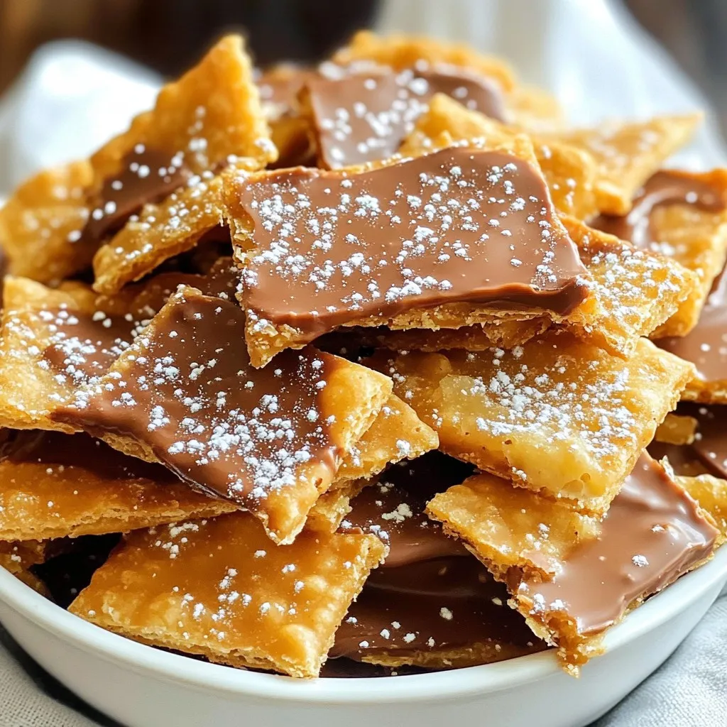 To make Churro Saltine Toffee, you need these simple items: - 1 sleeve of Saltine crackers - 1 cup unsalted butter - 1 cup brown sugar, packed - 1 tablespoon vanilla extract - 2 teaspoons ground cinnamon - 1 cup semi-sweet chocolate chips - 1/2 cup powdered sugar - Pinch of salt These ingredients create a sweet and crunchy treat. Each one plays a key role in the flavor and texture. You can swap some ingredients if needed. Here are a few ideas: - Use margarine instead of unsalted butter for a dairy-free option. - Try coconut sugar in place of brown sugar for a different taste. - Use almond extract instead of vanilla for a nutty flavor. These swaps can change the taste but still keep it delicious! For extra fun, consider adding these toppings: - Chopped nuts like pecans or almonds for crunch. - A drizzle of caramel sauce for added sweetness. - Sprinkles for a festive look. These add-ins can make your treat even more special and fun to eat! {{ingredient_image_1}} Start by preheating your oven to 400°F (200°C). This step is key to making the toffee. Next, grab a baking sheet and line it with parchment paper. This helps with easy cleanup later. Now, take your sleeve of Saltine crackers. Lay them out in a single layer on the baking sheet. Make sure the crackers cover as much space as possible. This will give you a nice base for your toffee. Now it’s time to make the toffee mixture. In a saucepan, add your cup of unsalted butter and place it over medium heat. Stir the butter until it melts completely. Once it’s melted, add in the packed brown sugar. Bring this mixture to a rapid boil while stirring constantly. Keep an eye on it for about 3-4 minutes. You want it to thicken slightly. This step is crucial for a good texture. After boiling, remove the saucepan from heat. Stir in your tablespoon of vanilla extract and a pinch of salt. This will add depth to the flavor. Pour the butter and sugar mixture evenly over the Saltine crackers. Use a spatula to spread it out if needed. Now, place your baking sheet in the oven. Bake the mixture for 5-6 minutes. You will know it’s ready when it gets bubbly. Take it out of the oven and quickly sprinkle your cup of semi-sweet chocolate chips over the hot toffee. Let the chocolate sit for a few minutes to melt. Then, use a spatula to spread the melted chocolate evenly. In a small bowl, mix your powdered sugar with the ground cinnamon. Sprinkle this sweet mixture over the melted chocolate layer. This adds a lovely churro flavor. Finally, let the toffee cool at room temperature for about 30 minutes. Then, refrigerate it for at least 1 hour to set completely. Once it’s set, break the toffee into pieces and enjoy! To make great toffee, start with all your tools ready. Use a heavy pan for even heat. Melt the butter and sugar slowly. Stir constantly to avoid burning. Bring the mixture to a boil. You want it bubbly and thick, but not too long. Remove from heat and add vanilla and salt quickly. Pour this over the crackers right away. One common mistake is not stirring enough. The sugar can burn if you walk away. Another mistake is using old crackers. Fresh Saltines give the best crunch. Do not skip the cooling step. The toffee needs time to set. Lastly, avoid baking too long. Overbaking can make the toffee hard. Serve your toffee at room temperature. Place it in a pretty bowl for a nice touch. You can dust extra cinnamon and sugar on top for flair. To store, keep it in an airtight container. It stays fresh for about a week. If you want to store it longer, freeze the pieces. Just wrap them well to prevent freezer burn. Pro Tips Use High-Quality Chocolate: Opt for high-quality semi-sweet chocolate chips for a richer flavor in your toffee. Even Layer of Crackers: Ensure the Saltine crackers are arranged closely together and evenly to achieve a uniform toffee layer. Cool Before Breaking: Allow the toffee to cool completely at room temperature before refrigerating to ensure it sets properly. Customize with Toppings: Feel free to add nuts or sprinkles on top of the melted chocolate for extra texture and flavor. {{image_2}} You can change the flavor of Churro Saltine Toffee easily. Try adding nuts. Chopped pecans or walnuts give a nice crunch. You might also swap the chocolate chips. Use dark chocolate or white chocolate for a new taste. Melted peanut butter can add a fun twist too. You could mix cinnamon with a pinch of cayenne for some heat. The options are endless! If you need gluten-free, choose gluten-free Saltine crackers. They work just as well in this recipe. Make sure your chocolate chips are also gluten-free. Most brands are, but it’s always good to check. This way, everyone can enjoy this tasty treat! For seasonal fun, you can dress up your Churro Saltine Toffee. In the fall, add pumpkin spice to the sugar mix. For winter, sprinkle crushed candy canes on top. You can even use colored chocolate for holidays. Red and green for Christmas or pastel colors for Easter make it festive. These small touches make your toffee feel special for any occasion! To keep your Churro Saltine Toffee fresh, store it in an airtight container. This will help maintain its crunch and flavor. If you have pieces that are not coated in sugar, consider separating them with parchment paper. This prevents sticking. Churro Saltine Toffee can last up to two weeks at room temperature. Keep it in a cool, dry place. If you want the best taste, eat it within the first week. Over time, the toffee can lose its crispness, but it will still be tasty. If you want to keep it longer, you can freeze Churro Saltine Toffee. Wrap each piece in plastic wrap, then place them in a freezer bag. This will help keep them fresh for up to three months. When you're ready to eat, just take out a piece and let it thaw at room temperature. Enjoy the sweet treat whenever you like! Churro Saltine Toffee is a sweet treat that combines crunchy Saltine crackers with a rich toffee layer. I melt butter and mix it with brown sugar to create a smooth toffee. Then, I pour it over the Saltine crackers. After baking, I add chocolate chips and a sprinkle of cinnamon sugar. The result is a sweet and salty snack that's hard to resist. Yes, you can make Churro Saltine Toffee ahead of time. It stays fresh for several days in an airtight container. I often prepare a batch on the weekend and enjoy it throughout the week. Just remember to let it cool and set completely before storing. You can find pre-made Churro Saltine Toffee at some specialty shops or online. However, I recommend making it at home. It’s quick, easy, and you can adjust the flavors to match your taste. Plus, homemade treats always feel special! Churro Saltine Toffee is a tasty treat that anyone can make. We covered the key ingredients, simple steps, and best tips for success. You learned how to make flavor variations and how to store your toffee. Remember, avoiding common mistakes will help you achieve the perfect result. Experimenting with toppings can make each batch special. Enjoy sharing this sweet treat or keep it for yourself. The joy of making Churro Saltine Toffee lies in its ease and the delicious flavor it brings. Happy baking!