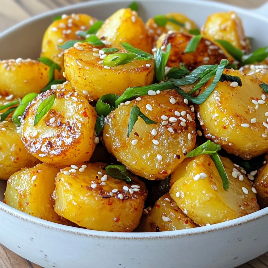 - 1 lb baby potatoes, halved - 3 tablespoons corn starch - 2 tablespoons vegetable oil - 2 tablespoons gochugaru (Korean red chili flakes) - 1 tablespoon garlic powder - 1 tablespoon soy sauce - 1 teaspoon sesame oil - 2 green onions, chopped - Sesame seeds for garnish - Salt to taste To start making crispy Korean potatoes, gather your ingredients. The baby potatoes are key. Their small size cooks well and gives a nice texture. Corn starch helps create that crispy coating. You will also need vegetable oil for frying and gochugaru for heat. This Korean chili flake adds a lovely flavor. Garlic powder brings depth to the dish. Soy sauce adds umami and saltiness. Sesame oil gives a nutty finish, while chopped green onions add freshness. Lastly, sesame seeds make a great garnish. They add crunch and look nice on top. Make sure you have all these items before you start. If you miss any, it may change how your dish tastes. Happy cooking! {{ingredient_image_1}} To start, boil a large pot of salted water. Add the halved baby potatoes. Cook them for about 15 minutes. You want them tender but not mushy. Drain the potatoes in a colander and let them cool slightly. This step is key since it helps the potatoes crisp up later. Next, preheat your oven to 425°F (220°C). While it heats, line a baking sheet with parchment paper. This keeps the potatoes from sticking. Now, in a large mixing bowl, toss the cooled potatoes with corn starch. Make sure they are well coated. This will help create that perfect crunch. Now it's time for the fun part! In the same bowl, add vegetable oil, gochugaru, garlic powder, soy sauce, sesame oil, and salt. Mix everything together. It should smell amazing! Spread the potatoes in a single layer on the baking sheet. Bake them for 25 to 30 minutes. Remember to turn them halfway through. This ensures they cook evenly. For the crispiest potatoes, a few tips can help. Make sure to not overcrowd the baking sheet. Give each potato space to breathe. If they are too close, they will steam instead of crisp up. Enjoy the wonderful aroma as they bake! To make your Korean potatoes crispy, start with parboiling. This means you boil the potatoes until they are just tender, about 15 minutes. This step helps them cook evenly and makes them soft inside. After boiling, drain and let them cool for a bit. When you coat the potatoes, use enough oil and corn starch. The oil helps them crisp up in the oven. Corn starch creates a nice, crunchy layer. Toss the potatoes well so every piece gets coated. Garnishing is key for a beautiful dish. Once your potatoes are done, sprinkle chopped green onions and sesame seeds on top. This adds flavor and color. For a fun twist, drizzle a little extra sesame oil for a rich taste. These crispy potatoes pair well with many dishes. Serve them as a snack, or enjoy them alongside grilled meats or stir-fries. They add a great crunch to any meal. Avoid overcrowding the baking sheet. If the potatoes are too close, they won’t crisp up. Give each piece space to breathe for even cooking. Skipping seasoning steps is another mistake. Each spice adds flavor, so don’t rush this part. Make sure every potato is well-seasoned before baking. This will enhance the overall taste of your dish. Pro Tips Perfectly Parboil: Ensure that the baby potatoes are boiled until just tender but not falling apart. This will help achieve a crispy exterior once baked. Even Coating: Toss the potatoes with corn starch thoroughly to ensure an even coating, which contributes to a crispy texture after baking. Oven Temperature: Baking at a high temperature allows the potatoes to crisp up nicely. Make sure your oven is fully preheated before placing the baking sheet inside. Garnish Wisely: For added flavor and presentation, consider garnishing with additional sesame seeds and chopped herbs just before serving. {{image_2}} You can easily boost the flavor of your crispy Korean potatoes. Try adding different spices to the mix. For example, smoked paprika adds a nice depth. You could also use cayenne pepper for more heat. Experiment with fresh herbs like cilantro or parsley for a fresh twist. Using alternative oils can change the taste too. Instead of vegetable oil, try sesame oil for a nutty flavor. Olive oil works well too and adds richness. Each option can bring a new layer to this dish. If you want a vegan version, it's simple! Just swap the soy sauce with tamari or coconut aminos. Both options keep the flavor strong. You can also skip the sesame oil if you prefer. For those watching their sodium intake, low-sodium soy sauce is perfect. This way, you keep the umami flavor without the extra salt. Gochugaru varies by region. Some are mild, while others pack a punch. Choose the type that suits your taste. You can also find blends that include garlic or sesame for extra flavor. Incorporating seasonal ingredients can add fun. In summer, toss in fresh corn or bell peppers. In winter, consider adding root veggies like carrots. Each season brings new tastes to enjoy in this dish! To keep your crispy Korean potatoes fresh, let them cool completely first. Place them in an airtight container. Glass or plastic containers work well. Make sure to avoid stacking too many potatoes on top of each other. This helps maintain their crispiness. Store the container in the fridge for up to three days. When it’s time to enjoy your leftovers, the best method is to reheat them in the oven. Preheat your oven to 375°F (190°C). Spread the potatoes on a baking sheet in a single layer. Bake for about 10-15 minutes. This helps them regain their crunch. Avoid using the microwave, as it can make the potatoes soggy. If you want a quick fix, you can use an air fryer. Set it to 350°F (175°C) for about 5-7 minutes. This keeps the crispy texture while warming them up. Crispy Korean potatoes are small, halved baby potatoes cooked to perfection. They get boiled first, making them tender. Then, they are coated with spices and baked until golden and crispy. The mix of gochugaru, garlic powder, and soy sauce gives them a unique, savory flavor. You can serve these potatoes as a snack or side dish. They look great and taste even better! Yes, you can make crispy Korean potatoes in an air fryer! Here’s how: 1. Boil the baby potatoes as usual until tender. 2. Let them cool and coat them with corn starch and spices. 3. Preheat your air fryer to 400°F (200°C). 4. Place the coated potatoes in the air fryer basket. Make sure they are in a single layer. 5. Cook for about 20 minutes, shaking the basket halfway through to ensure even cooking. 6. Check for crispiness. If needed, cook for a few more minutes. Using an air fryer gives you a delicious, crispy result with less oil! Absolutely! To make crispy Korean potatoes gluten-free, simply replace the soy sauce with a gluten-free soy sauce or tamari. This swap keeps the flavor while making the dish safe for gluten-sensitive folks. The rest of the ingredients are naturally gluten-free, so you can enjoy these tasty potatoes without worry! This article covers how to make crispy Korean potatoes. You learned the key ingredients, along with cooking and baking steps for the perfect texture. I shared tips for crispiness and serving ideas. Variations and storage tips help you customize your dish. Remember, the secret lies in seasoning and not overcrowding the baking sheet. Enjoy your crispy potatoes, and don’t hesitate to experiment with flavors! Happy cooking!
