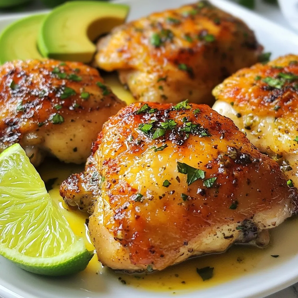 - 4 bone-in, skin-on chicken thighs - 1/4 cup cilantro, finely chopped - Zest and juice of 2 limes - 3 cloves garlic, minced - 1 teaspoon cumin - 1 teaspoon paprika - 1 teaspoon chili powder - Salt and pepper to taste - 2 tablespoons olive oil - 1 avocado, sliced (for garnish) - Lime wedges (for serving) Gathering the right ingredients is key to making Crispy Cilantro Lime Chicken Thighs. First, choose four bone-in, skin-on chicken thighs. These thighs give you a juicy bite and crispy skin. You also need a quarter cup of finely chopped cilantro. This herb adds a fresh, bright note to the dish. Zest and juice of two limes will bring a tangy flavor. The three cloves of minced garlic will add depth. Next, gather your spices. You will need one teaspoon each of cumin, paprika, and chili powder. These spices create a warm, savory blend. Don't forget salt and pepper to taste. They will enhance all the flavors. Finally, for cooking, grab two tablespoons of olive oil. This oil helps to crisp the chicken skin. For garnish, have one sliced avocado ready and lime wedges for serving. These items not only look great but also add a fresh touch to your meal. {{ingredient_image_1}} - Preheat your oven to 425°F (220°C). - In a large bowl, combine 1/4 cup finely chopped cilantro, the zest and juice of 2 limes, 3 minced garlic cloves, 1 teaspoon cumin, 1 teaspoon paprika, 1 teaspoon chili powder, 2 tablespoons olive oil, salt, and pepper. This mix is your marinade. - Take 4 bone-in, skin-on chicken thighs and coat them well with the marinade. Make sure every piece is covered. - Let the chicken marinate for at least 30 minutes. For the best flavor, marinate overnight in the fridge. - Heat an oven-safe skillet over medium-high heat. Once hot, place the marinated chicken thighs skin-side down into the skillet. Sear them for about 5-7 minutes until the skin turns golden and crispy. - Carefully flip the chicken thighs over, then transfer the skillet to your preheated oven. Bake for 20-25 minutes. The chicken should reach an internal temperature of 165°F (74°C). - After baking, remove the skillet from the oven. Let the chicken rest for 5 minutes before serving. This method gives you tender meat and a crispy skin, making your dish a true delight! To get that perfect crispy skin, start by searing. Heat your oven-safe skillet on medium-high heat. Once hot, place the chicken skin-side down. Sear for about 5-7 minutes until golden brown. This step locks in flavor and gives a crunchy texture. After cooking, it is key to let the chicken rest for 5 minutes before serving. This helps keep the juices inside, making each bite moist. For deeper flavor, marinate the chicken longer. I suggest at least 30 minutes, but overnight is best. The lime juice and garlic will soak in, creating a tasty dish. You can also add herbs like parsley or oregano to the marinade. This adds new layers of flavor and makes the dish even better. For a beautiful presentation, serve the chicken with sliced avocado and lime wedges. The green colors pop and make your plate look fresh. Drizzle some pan juices over the chicken for added flavor. You can pair this dish with rice, beans, or a light salad. These sides complement the chicken well and round out your meal. Pro Tips Marinate for Maximum Flavor: Allow the chicken to marinate for at least 30 minutes, but for deeper flavor, marinate it overnight in the refrigerator. Get the Perfect Sear: Ensure your skillet is hot enough before adding the chicken to achieve that crispy, golden-brown skin. Rest the Chicken: Let the chicken rest for 5 minutes after baking to allow the juices to redistribute, ensuring moist and tender meat. Use Fresh Ingredients: Fresh cilantro and lime will elevate the flavor of your dish; avoid dried herbs and bottled lime juice for the best results. {{image_2}} You can use different chicken cuts for this recipe. If you want to try boneless, skinless chicken thighs, you can. Just keep in mind they cook faster. Check the internal temperature after about 15 minutes in the oven. If you prefer chicken breasts, that works too. They will need a bit longer to cook. Aim for 25 to 30 minutes in the oven at the same temperature. Always check the internal temperature; it should reach 165°F (74°C). Feel free to change up the marinade. Adding fresh herbs like parsley or oregano can boost flavor. These herbs add a fresh twist to the dish. You can also play with the spice levels. If you like heat, add more chili powder or a pinch of cayenne pepper. Adjust it to match your taste. This chicken is versatile. You can turn it into a salad by slicing it up and adding greens. Toss in some cherry tomatoes and avocado for color. It also makes a great filling for tacos. Use soft tortillas and add your favorite toppings. For side dishes, consider serving rice or grilled veggies. These complement the chicken’s vibrant flavors nicely. You might also enjoy a light coleslaw or corn salad to add crunch. To store leftover chicken thighs, let them cool first. Place them in an airtight container. Make sure they are covered to avoid drying out. You can store them in the fridge for up to three days. I recommend using glass or plastic containers with tight lids. This keeps the chicken fresh and tasty. For the best taste, reheat the chicken in the oven. Set your oven to 350°F (175°C). Place the chicken on a baking sheet. Cover it with foil to keep the moisture in. Heat for about 15-20 minutes. This method helps keep the skin crispy. You can also use an air fryer for a quick reheat. Set it to 350°F and cook for 5-7 minutes. This will make the skin extra crunchy again. If you want to freeze the chicken, wrap each piece in plastic wrap. Then, place them in a freezer bag. Remove as much air as possible to prevent freezer burn. You can freeze the chicken for up to three months. When you're ready to eat, thaw it in the fridge overnight. Reheat as mentioned before to keep it crispy. I recommend marinating the chicken for at least 30 minutes. This allows the flavors to soak in. If you have time, let it marinate overnight. The longer marination gives a deeper flavor. Yes, you can use chicken breast instead of thighs. However, chicken breasts cook faster. Adjust the cooking time to about 15-20 minutes in the oven. Always check the internal temperature; it should reach 165°F (74°C). I love serving this dish with fresh sides. Here are a few ideas: - Rice: Cilantro lime rice pairs perfectly. - Salad: A simple avocado and tomato salad adds freshness. - Beans: Black beans or refried beans work well too. - Vegetables: Grilled corn or zucchini adds great texture. These sides balance the rich flavors of the chicken. Enjoy your meal! In this post, we covered how to make Crispy Cilantro Lime Chicken Thighs. We looked at main ingredients, spices, and step-by-step cooking instructions. I shared tips for perfecting the skin and suggested fun serving ideas. You can even try different cuts of chicken or marinades for variety. Remember to refrigerate leftovers properly or freeze them for later. Enjoy your flavorful dish, and get creative with sides to complement it!