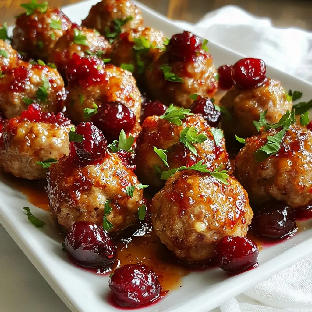 To make these tasty meatballs, you need a few key items: - 1 pound ground turkey or chicken - 1/2 cup breadcrumbs - 1/4 cup grated Parmesan cheese - 1/4 cup fresh parsley, chopped - 1/2 teaspoon garlic powder - 1/2 teaspoon onion powder - Salt and pepper to taste - 1 cup cranberry sauce (preferably whole berry) - 2 tablespoons honey - 1 tablespoon Dijon mustard - 1 teaspoon Worcestershire sauce These ingredients come together to create a dish that is both savory and sweet. The ground turkey or chicken keeps the meatballs light. The breadcrumbs help with texture, while the cheese adds a nice flavor. You can make your dish even prettier by adding: - Fresh cranberries Adding fresh cranberries not only makes the dish look stunning but also gives it a pop of color and flavor. If you want to switch things up, here are some ideas: - Use ground beef or pork instead of turkey or chicken. - Try almond flour or oats instead of breadcrumbs for a gluten-free option. - Swap the Parmesan cheese for a dairy-free cheese if needed. - Use maple syrup instead of honey for a vegan option. These substitutions allow you to cater to different diets while keeping the recipe delicious. {{ingredient_image_1}} 1. First, preheat your oven to 400°F (200°C). This will help your meatballs cook evenly. 2. Next, line a baking sheet with parchment paper. This makes cleanup simple. 3. In a large mixing bowl, add the ground turkey or chicken, breadcrumbs, and Parmesan cheese. 4. Add the chopped parsley, garlic powder, onion powder, salt, and pepper. 5. Mix everything well, but do not overwork the meat. This keeps them tender. 6. Shape the mixture into small meatballs, about 1 inch in size. Place them on the baking sheet. 1. In another bowl, combine the cranberry sauce, honey, Dijon mustard, and Worcestershire sauce. 2. Pour half of this sauce over the meatballs. Make sure they get coated well. 3. Bake the meatballs in the oven for 15 to 20 minutes. Check that they turn golden brown. 4. When done, remove them from the oven. Drizzle the remaining sauce over the top. 5. Toss gently to coat all the meatballs with the sauce. - Use a meat thermometer to check the internal temperature. It should reach 165°F (74°C). - Look for a golden brown color on the outside. This means they are cooked well. - If you cut one open, the meat should be no longer pink. This shows they are ready to eat. To get the best meatball texture, don't over-mix. Combine the ingredients gently. Use 1 pound of ground turkey or chicken. This keeps the meatballs tender. Add 1/2 cup breadcrumbs for structure. The breadcrumbs soak up moisture too. Grated Parmesan cheese gives flavor and helps hold them together. Remember to season with salt and pepper to taste. Making these meatballs ahead is easy. You can mix the meatball ingredients a day before. Form the meatballs and place them on a baking sheet. Cover them with plastic wrap and refrigerate. When you’re ready, bake them right from the fridge. This keeps them fresh and tasty. You can also prepare the sauce ahead. Just store it in the fridge until you’re ready to use it. Serve the warm meatballs on a large platter. Drizzle them with the cranberry sauce for a shiny look. Garnish with fresh parsley and optional cranberries for color. These meatballs pair well with toothpicks for easy eating. You can also serve them with rice or mashed potatoes. They make a great appetizer or party dish! Pro Tips Don’t Overmix: Mix the meatball ingredients just until combined to keep them tender and juicy. Use a Cookie Scoop: A cookie scoop helps ensure uniform meatball sizes for even cooking. Check for Doneness: Use a meat thermometer; meatballs should reach an internal temperature of 165°F (75°C). Serve with Fresh Herbs: Garnish with fresh parsley or additional cranberries to enhance presentation and flavor. {{image_2}} You can switch up the meat in these meatballs. Ground beef or pork adds rich flavor. For a leaner option, try ground turkey or chicken, which I use often. You can also use plant-based proteins like lentils or chickpeas. Just mash them well and mix in the other ingredients. This makes the dish great for everyone. While the cranberry sauce is tasty, feel free to get creative. You can mix in barbecue sauce for a smoky twist. If you want a spicy kick, add some sriracha or hot sauce. Consider using orange juice or zest to brighten the flavors. Each sauce change can turn this dish into a new experience. If you want a healthier version, swap breadcrumbs for oats or almond flour. This reduces carbs and makes them gluten-free. You can also use low-sodium sauces to cut back on salt. For a vegan option, use chickpeas and a vegan sauce. These simple changes keep the meatballs delicious and on track with your diet goals. To store leftover meatballs, let them cool first. Place them in an airtight container. You can keep them in the fridge for up to three days. Make sure they are well sealed to prevent drying out. When you’re ready to eat the leftovers, you can reheat them easily. Place the meatballs on a baking sheet. Heat your oven to 350°F (175°C). Bake them for about 10-15 minutes. You can also use the microwave. Heat them in a microwave-safe dish for 1-2 minutes, checking often. If you want to save meatballs for later, freezing is great. Place cooled meatballs in a single layer on a baking sheet. Freeze them for about an hour. Then, transfer them to a freezer bag. They can stay good for up to three months. When you’re ready to cook, just thaw them in the fridge overnight before reheating. Yes, you can use frozen meatballs for this recipe. Just make sure they are fully thawed before cooking. This will help them cook evenly. You can follow the same steps for coating them in the sauce. Just adjust the cooking time. Cook them a bit longer if they are still cold. These meatballs take about 15 to 20 minutes to cook. You should bake them at 400°F (200°C) until they are golden brown. Use a meat thermometer to check for doneness. The inside should reach 165°F (74°C). This ensures they are safe to eat. Cranberry meatballs pair well with many sides. You can serve them on toothpicks for easy eating. They also go great with rice or mashed potatoes. If you want something lighter, try a fresh salad. You could even add some roasted vegetables for a colorful plate. In this post, we covered how to make quick cranberry meatballs. You learned about main and optional ingredients, along with easy substitutions. I shared clear steps for preparation and cooking, plus tips for perfect texture. We explored variations, storage info, and answered common questions. Trying new recipes can be fun and rewarding. Enjoy these meatballs at your next gathering!