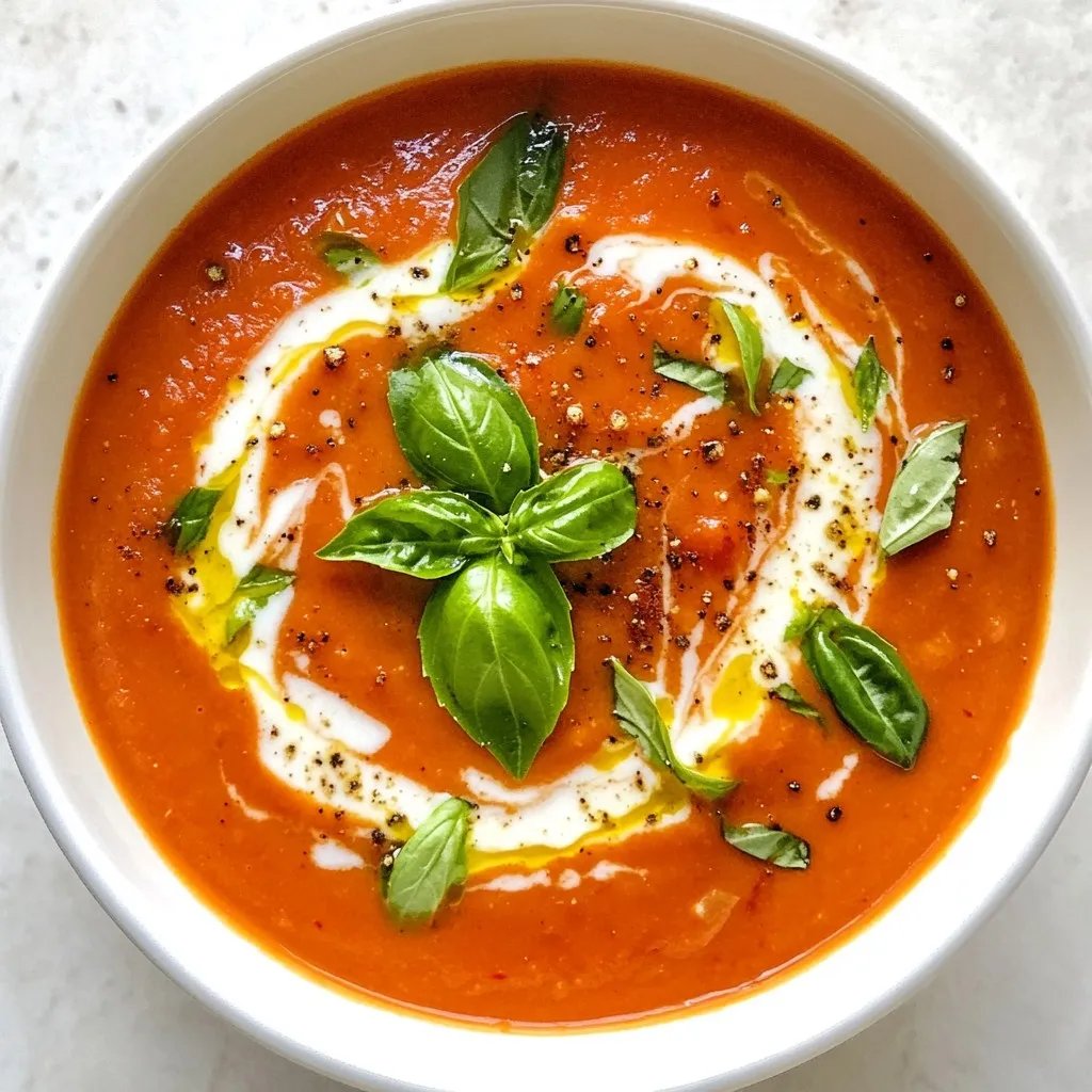 For a rich and tasty dairy-free tomato soup, you need some key ingredients: - 2 tablespoons olive oil - 1 medium onion, diced - 3 garlic cloves, minced - 1 can (14 oz) crushed tomatoes - 1 can (14 oz) lite coconut milk - 2 cups vegetable broth - 1 teaspoon dried basil - 1 teaspoon dried oregano - 1 teaspoon paprika - Salt and pepper to taste - Fresh basil leaves for garnish These simple items create a comforting soup that warms the soul. Olive oil adds richness, while onion and garlic give flavor. Crushed tomatoes form the base, and coconut milk makes it creamy without dairy. Vegetable broth adds depth. The dried herbs bring a nice aroma, and salt and pepper enhance the taste. If you want to change it up, there are great alternatives. You can use almond milk or cashew cream instead of coconut milk. Almond milk is light and nutty. Cashew cream is thick and gives a creamy texture. Both options keep the soup dairy-free. Keep in mind that using these may change the flavor slightly. Fresh herbs can boost the taste of your soup. If you have them, use fresh basil instead of dried. It adds a bright flavor. You can also try fresh thyme or parsley for a different twist. For spices, consider adding a pinch of red pepper flakes for heat. This small addition can make the soup exciting and vibrant. {{ingredient_image_1}} To start, grab a large pot. Heat 2 tablespoons of olive oil over medium heat. Once hot, add 1 diced medium onion. Let it sauté for about 3-4 minutes. You want it to turn translucent. Next, add 3 minced garlic cloves. Cook for another minute until you smell that lovely garlic scent. Now, stir in 1 can of crushed tomatoes. Add 1 can of lite coconut milk and 2 cups of vegetable broth. Mix everything well to combine. Then, add 1 teaspoon each of dried basil, oregano, and paprika. Sprinkle in salt and pepper to taste. Bring the soup to a gentle simmer. Let it cook for about 15-20 minutes. This helps all the flavors mix together. After it has simmered, it's time to blend. Use an immersion blender to make it smooth and creamy. If you don’t have one, you can carefully transfer the soup in batches to a blender. Once blended, taste it and adjust the seasoning if needed. Serve the hot soup in bowls. For a nice touch, garnish each bowl with fresh basil leaves. These add a pop of color and flavor. Enjoy your comforting bowl of dairy-free tomato soup! To boost the taste of your dairy-free tomato soup, focus on herbs and spices. Fresh herbs like basil add a bright note. You can also use dried herbs, like oregano and basil, to deepen the flavor. A pinch of paprika gives warmth without heat. Salt and pepper balance the flavors perfectly. If you want a hint of sweetness, add a small pinch of sugar. This helps tame the acidity of the tomatoes. Not all coconut milk is the same. For a creamy texture, use lite coconut milk. It provides richness without being too heavy. Check the can for "no added sugars" to keep it savory. You can also use full-fat coconut milk if you prefer a richer soup. Just be mindful that it can make your soup a bit thicker. Store your leftover soup in an airtight container. Let it cool to room temperature first. Refrigerate it for up to three days. If you want to keep it longer, freezing is a great option. Pour the cooled soup into freezer-safe bags. Lay them flat in the freezer for easy stacking. When you’re ready to eat, thaw it overnight in the fridge. Reheat it on the stove or in the microwave until warm. Pro Tips Use Fresh Herbs: Fresh basil added at the end enhances the soup's flavor and aroma. Adjust the Creaminess: For a richer texture, use full-fat coconut milk instead of lite. Spice it Up: Add a pinch of red pepper flakes for a spicy kick if desired. Garnish Creatively: Top with toasted coconut flakes for added texture and visual appeal. {{image_2}} To add some heat, try making a spicy version. You can include crushed red pepper flakes or diced jalapeños. Start with just a pinch, then taste. You can always add more if you want it hotter. This spicy twist brings a fun kick to the smooth soup. The warmth pairs well with the creamy coconut milk. If coconut milk isn’t your thing, there are other choices. You can use almond milk or cashew cream for a different flavor. Both add creaminess without dairy. Just remember to choose unsweetened versions. This will help keep the soup savory rather than sweet. Blend it well to ensure a smooth texture. Adding veggies boosts the nutrition in your soup. Try adding diced carrots, bell peppers, or spinach. They add color and texture. Just chop them small and sauté with the onion. This way, they cook evenly. You can also throw in some cooked lentils for extra protein. It makes the soup heartier and more filling. Store your dairy-free tomato soup in an airtight container. This keeps out air and moisture. Allow it to cool before sealing. It stays fresh in the fridge for up to 5 days. If you want to enjoy it later, freezing is a great option. To freeze the soup, let it cool completely. Pour it into freezer-safe bags or containers. Leave some space at the top for expansion. Label each bag with the date and contents. This way, you can easily track your meals. The soup lasts in the freezer for up to 3 months. When you are ready to eat, take the soup out of the freezer. Thaw it in the fridge overnight or use the microwave. Heat it in a pot on medium-low heat, stirring often. If it seems too thick, add a splash of vegetable broth or water. Always taste and adjust the seasoning before serving. Enjoy your creamy, comforting soup! Yes, you can make this soup ahead of time. It tastes even better the next day. Just let it cool, then store it in the fridge. It will stay fresh for up to three days. When you are ready to eat, reheat it on the stove or in the microwave. If you want to skip coconut milk, try almond milk or oat milk. These options will still give the soup a nice creaminess. You can also use cashew cream for a richer taste. Just make sure the substitute is unsweetened for the best flavor. Yes, this soup is perfect for a vegan diet. It uses no animal products, making it a great choice for anyone. The coconut milk adds creaminess without dairy. You can enjoy this soup while sticking to your plant-based meals. This recipe is already gluten-free! The ingredients list does not include any wheat or gluten sources. Just double-check your vegetable broth to ensure it is gluten-free. Enjoy this soup without any worries about gluten. This blog post covered how to make a tasty dairy-free tomato soup. We looked at key ingredients, from essential items to herbs and spices that boost flavor. I shared step-by-step instructions for cooking and blending the soup perfectly. You learned tips on using coconut milk and storing leftovers. We also explored fun variations, like adding spice or extra veggies. In conclusion, you can enjoy this healthy, creamy soup any time, feeling good about your choices. Try it today and impress your friends and family!