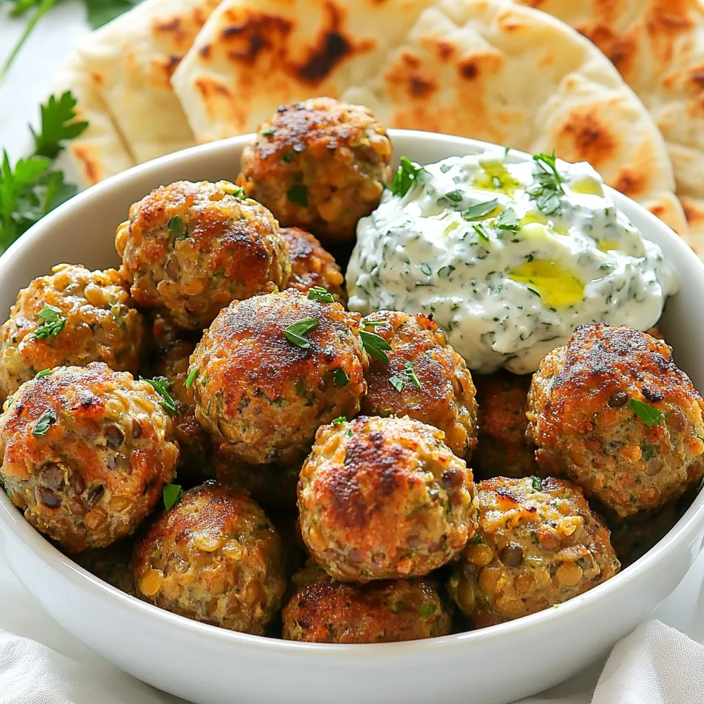 - 1 cup green or brown lentils, cooked and drained - 1/2 cup breadcrumbs (or gluten-free breadcrumbs) - 1 small onion, finely chopped - 2 cloves garlic, minced - 1/4 cup fresh parsley, chopped - 1/4 cup fresh mint, chopped I use cooked lentils as the base of these meatballs. They give a great texture and flavor. Breadcrumbs help bind the mixture, making it easier to shape. Chopped onion and garlic add depth and aroma. Fresh parsley and mint bring brightness and a hint of freshness. - 1 teaspoon ground cumin - 1 teaspoon dried oregano - 1/2 teaspoon smoked paprika - Salt and pepper to taste - 1 egg, beaten (or flax egg for vegan option) - 2 tablespoons olive oil Ground cumin gives a warm, earthy note. Dried oregano adds an herbaceous quality. Smoked paprika gives a subtle smokiness. The egg binds everything together, but a flax egg works for vegans. Olive oil adds richness and helps with browning. - 1 cup Greek yogurt (or a dairy-free alternative) - 1 cucumber, grated and drained - 1 clove garlic, minced - 1 tablespoon lemon juice - 1 tablespoon fresh dill, chopped - Salt to taste For the tzatziki, I use Greek yogurt for creaminess. Grated cucumber adds freshness but must be drained to avoid excess water. Minced garlic gives a punch, while lemon juice brightens the flavor. Fresh dill adds a lovely herb taste. A pinch of salt enhances everything. {{ingredient_image_1}} First, preheat your oven to 400°F (200°C). This step is crucial for the meatballs to cook evenly. While the oven heats, line a baking tray with parchment paper. This keeps the meatballs from sticking and makes cleanup easy. In a large bowl, combine the cooked lentils, breadcrumbs, chopped onion, minced garlic, parsley, and mint. These ingredients bring a fresh taste. Next, sprinkle in the cumin, oregano, smoked paprika, salt, and pepper. Mix well to blend everything. Now, add the beaten egg or flax egg. This binds the mixture together. Stir until everything is combined nicely. With wet hands, shape the mixture into small meatballs, about 1.5 inches wide. Place them on your prepared tray. Drizzle each meatball with olive oil. This helps them crisp up while baking. Now, bake the meatballs for 25-30 minutes. They should turn golden brown and firm to the touch. While the meatballs bake, you can make the tzatziki. In a bowl, mix the Greek yogurt with grated cucumber, minced garlic, lemon juice, dill, and a pinch of salt. This sauce adds a cool touch to the meatballs. Set it in the fridge for a bit. Chilling enhances the flavors. Once the meatballs finish baking, plate them warm. Serve with a generous dollop of tzatziki on the side. For an authentic Greek feel, add pita bread slices. You can garnish with fresh herbs for a lovely presentation. Enjoy your meal! To get the right texture, moisture in lentils is key. Cook your lentils until they are soft but not mushy. If they are too dry, your meatballs may crumble. You can also adjust the amount of breadcrumbs. If your mixture feels too wet, add more breadcrumbs. This helps bind everything together nicely. You can switch up the tzatziki by replacing Greek yogurt with a dairy-free option like coconut yogurt. This works well if you want a lighter flavor. If you enjoy a kick, add a pinch of chili flakes for spice. For a creamier taste, mix in extra yogurt or some sour cream. For even cooking, space your meatballs out on the baking tray. This allows hot air to circulate. Using a thermometer helps ensure they are cooked just right. Aim for an internal temperature of 165°F (74°C). This step guarantees that your meatballs are safe and tasty. Pro Tips Use Fresh Herbs: Fresh parsley and mint enhance the flavor of the meatballs, making them more aromatic and delicious. Don't skip on the herbs! Adjust the Spice Level: If you prefer a spicier kick, consider adding a pinch of cayenne pepper or red pepper flakes to the meatball mixture. Chill the Tzatziki: Allowing the tzatziki to chill in the fridge for at least 30 minutes lets the flavors meld together beautifully for a more refreshing taste. Experiment with Dipping: Besides tzatziki, these meatballs are also great with a spicy harissa or a tahini sauce for a different flavor profile! {{image_2}} You can make your lentil meatballs even better by adding other veggies. Grated carrots or chopped spinach fit well in the mix. They boost the taste and add nutrients. You can also try using quinoa or chickpeas. These options give a unique flavor and texture. Mixing in cooked quinoa makes the meatballs fluffier. Chickpeas add a nice nutty taste. Tzatziki is great, but you can change it up! You can try different herbs like mint or cilantro. Mint gives a fresh taste, while cilantro adds a warm flavor. If you want it spicy, add crushed red pepper or diced jalapeños. This kick will make your tzatziki stand out. You can serve these meatballs in pita or wraps. This makes for a fun meal. You can also pair them with salads or side dishes. A Greek salad or roasted veggies go well together. They bring a fresh crunch that complements the meatballs. Enjoy these tasty options to make your meal fun and filling! To freeze cooked meatballs, let them cool first. Place them in a single layer on a baking tray. Once frozen, transfer them to a freezer bag. Remove as much air as you can. They will last up to three months in the freezer. To reheat, take the meatballs out of the freezer. Place them on a baking tray and bake at 350°F (175°C) for about 15-20 minutes. You can also microwave them for 2-3 minutes. Just make sure they are hot all the way through before serving. Store tzatziki in an airtight container. Glass jars work well if you have them. It’s best to keep it in the fridge. Tzatziki will stay fresh for about 3-5 days. Use it within this time frame for the best taste. If it separates, just stir it before serving. You can also use tzatziki as a dip or sauce, making it very versatile. Preparing these meatballs in advance saves time. You can make a big batch and freeze some for later. This way, you always have a healthy meal ready. For busy days, reheat meatballs and serve them with tzatziki. Pair them with pita bread, fresh veggies, or a quick salad. This makes a quick and easy meal that is still delicious and satisfying. Yes, you can easily make this recipe vegan. Use a flax egg instead of a regular egg. To make a flax egg, mix one tablespoon of ground flaxseed with three tablespoons of water. Let it sit for about five minutes until it thickens. For the tzatziki, swap Greek yogurt with a dairy-free yogurt. Look for options made from almond or coconut. These changes keep the taste great while making it plant-based. To keep your meatballs intact, ensure you mix the ingredients well. The cooked lentils should be mashed slightly for better binding. You can also add an extra tablespoon of breadcrumbs if needed. Wet your hands when shaping the meatballs. This helps the mixture stick together. Bake them at the right temperature, and don’t skip the olive oil drizzle. This adds crispness and holds them together. These lentil meatballs pair well with many sides. You can serve them with warm pita bread or a fresh Greek salad. Adding a side of roasted vegetables enhances the meal. If you want a heartier option, serve them over rice or quinoa. For extra flavor, drizzle some extra tzatziki on top of the meatballs. Leftovers can last in the fridge for about three to four days. Store them in an airtight container to keep them fresh. If you want to save them longer, you can freeze the meatballs. They will stay good for about three months in the freezer. Just make sure to thaw them in the fridge before reheating. Lentil meatballs are a tasty and healthy meal option. You learned about key ingredients, like cooked lentils and herbs. I shared steps for making the meatballs and tzatziki sauce, ensuring a fun cooking experience. Remember to customize flavors and textures to fit your taste. Store these meals well for easy future use. Enjoy the variety of serving ideas, and don't hesitate to try new variations. Lentil meatballs can be a great dish for any table. Your cooking journey starts now, so go ahead and make some!