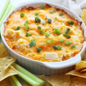 To make easy buffalo chicken dip, you need: - 2 cups cooked chicken, shredded - 1/2 cup cream cheese, softened - 1/2 cup Greek yogurt - 1/2 cup buffalo sauce - 1 cup shredded cheddar cheese - 1/4 cup chopped green onions - Salt and pepper to taste - Tortilla chips or celery sticks for serving When measuring ingredients, use dry measuring cups for solids. For liquids, use a liquid measuring cup. Always pack cream cheese lightly in the cup. This ensures you get the right amount. For shredded chicken, I suggest using leftovers. It saves time and adds flavor. You can swap Greek yogurt for sour cream if you prefer. If you want less spice, use a milder sauce. You can also replace cheddar with mozzarella for a different taste. For a vegetarian option, use jackfruit instead of chicken. {{ingredient_image_1}} 1. First, preheat your oven to 350°F (175°C). This warms the oven for baking. 2. Grab a large mixing bowl. Add the softened cream cheese and Greek yogurt. 3. Mix them together until smooth. You want a creamy base for your dip. 4. Next, stir in the buffalo sauce. Blend it well with the cream cheese mix. 5. Now, add the shredded chicken into the bowl. This gives the dip its main flavor. 6. Sprinkle in the shredded cheddar cheese and half of the chopped green onions. 7. Mix everything together until you see no more dry spots. It should look creamy and tasty. 8. Season with salt and pepper. Taste it to check if it needs more flavor. 9. Transfer the dip mixture into a baking dish. Spread it out evenly in the dish. 10. Bake in your preheated oven for 20-25 minutes. Look for bubbly edges and a golden top. 11. Once it’s done, take it out of the oven. Let it cool for a minute. 12. Garnish with the rest of the chopped green onions on top. This adds a fresh look. 13. Serve warm with tortilla chips or celery sticks. Enjoy your delicious Buffalo Chicken Dip! Serve your Buffalo chicken dip warm. I love to pair it with tortilla chips. Crispy celery sticks also work great. You can place them around the dip for a pretty look. This adds color and crunch. Want to spice it up? Add extra buffalo sauce for more heat. You can also mix in some ranch dressing for a creamy twist. If you like blue cheese, sprinkle some on top. This gives a bold flavor that many enjoy. Fresh herbs like cilantro can also brighten the dip. Don’t skip softening the cream cheese. It makes mixing easier. If you rush this step, your dip might be lumpy. Also, be careful with salt. Taste as you go to avoid over-seasoning. Lastly, don’t skip the baking. It helps meld all the flavors together. Pro Tips Use Leftover Chicken: Utilizing leftover rotisserie chicken can save time and add great flavor to your dish. Adjust the Heat: Modify the amount of buffalo sauce to your taste; for a milder dip, use less sauce or a milder variety. Cheese Variations: Experiment with different cheeses such as pepper jack for an extra kick or mozzarella for a milder flavor. Serving Suggestions: Pair the dip with a variety of sides like carrot sticks, bell pepper strips, and pita chips for a colorful platter. {{image_2}} If you love heat, try adding more buffalo sauce. You can also mix in diced jalapeños for extra spice. For a smoky flavor, add some chipotle powder. This twist brings a different kick to the classic dip. Want a veggie version? Use shredded jackfruit instead of chicken. It mimics the texture well. Replace buffalo sauce with a spicy vegan sauce. Use vegan cream cheese and yogurt for a dairy-free option. This way, everyone can enjoy the dip. You can mix in different cheeses for a new taste. Try adding pepper jack cheese for a cheesy kick. For a tangy touch, consider adding blue cheese crumbles. You can also toss in some ranch dressing for a creamier flavor. These little changes can make your dip unique and exciting. To keep your buffalo chicken dip fresh, store it in an airtight container. Let the dip cool first. Place it in the fridge if you have leftovers. It will stay good for up to three days. If you want to keep it longer, consider freezing. When you are ready to enjoy the dip again, take it out of the fridge. You can heat it in the oven or microwave. For the oven, preheat it to 350°F (175°C). Bake for about 15 minutes. Stir it halfway for even heating. If using the microwave, heat in short bursts. Stir in between to avoid hot spots. If you want to freeze the dip, use a freezer-safe container. Make sure it is tightly sealed. You can freeze it for up to three months. When ready to eat, thaw it in the fridge overnight. Reheat as mentioned above for tasty results. Yes, you can make buffalo chicken dip ahead of time. Prepare it up to the baking step. Store it in the fridge for up to two days. When you are ready to serve, bake it straight from the fridge. Just add a few extra minutes to the cooking time. If you want a different protein, try shredded turkey or even canned tuna. For a vegetarian option, use shredded jackfruit or chickpeas. Both options give you nice texture and flavor. Buffalo chicken dip lasts about three to four days in the fridge. Store it in an airtight container to keep it fresh. If you freeze it, it can last up to three months. Just remember to thaw it in the fridge before reheating. This blog covered how to make a great buffalo chicken dip. We listed ingredients and tips, helped with measurements, and shared substitutions. You learned step-by-step instructions for preparation and cooking. The tips & tricks section offered serving ideas and mistakes to avoid. We explored variations for spicy, vegetarian, and unique flavors. Lastly, we discussed storage, reheating, and answered common questions. Enjoy making this dip with your own twist!