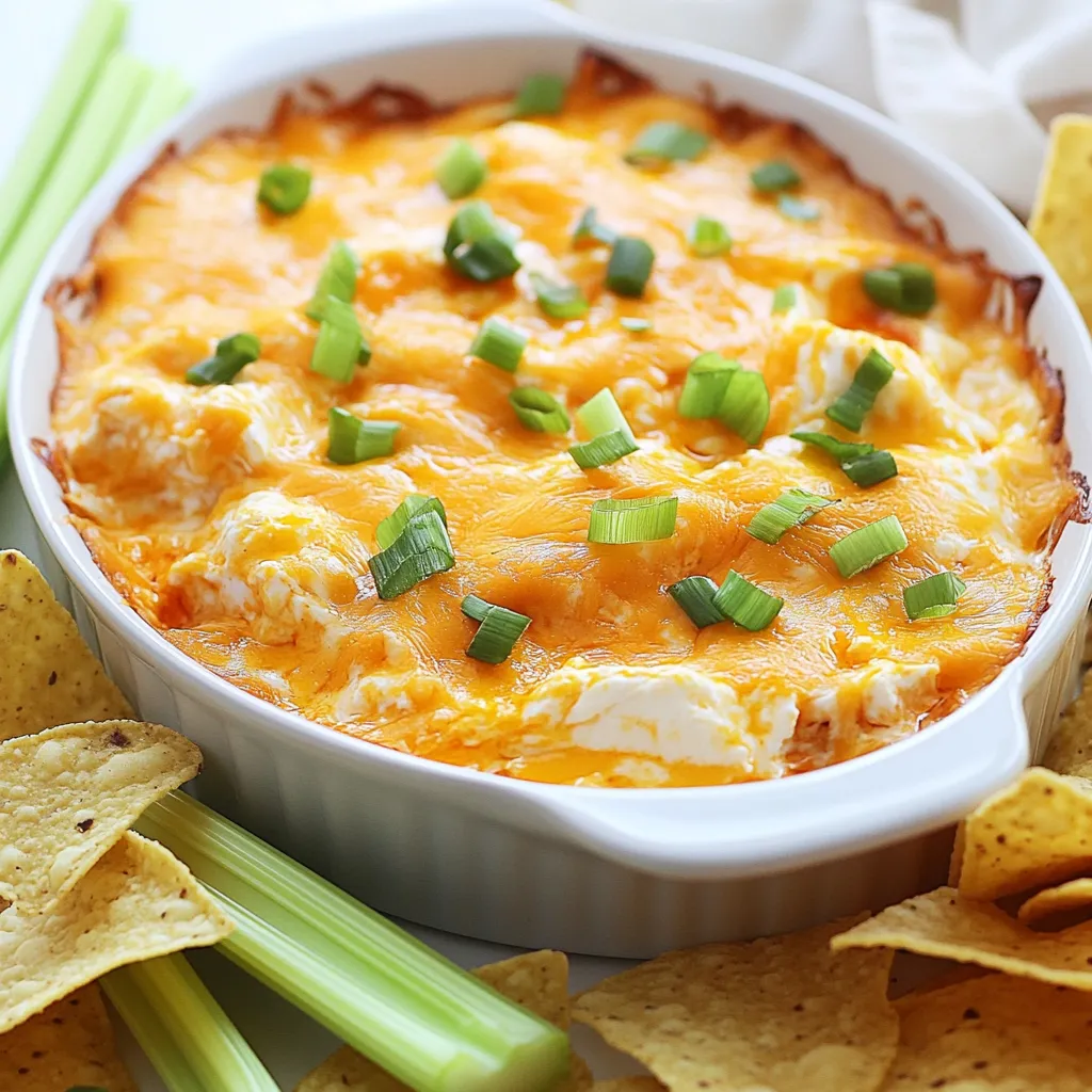 To make easy buffalo chicken dip, you need: - 2 cups cooked chicken, shredded - 1/2 cup cream cheese, softened - 1/2 cup Greek yogurt - 1/2 cup buffalo sauce - 1 cup shredded cheddar cheese - 1/4 cup chopped green onions - Salt and pepper to taste - Tortilla chips or celery sticks for serving When measuring ingredients, use dry measuring cups for solids. For liquids, use a liquid measuring cup. Always pack cream cheese lightly in the cup. This ensures you get the right amount. For shredded chicken, I suggest using leftovers. It saves time and adds flavor. You can swap Greek yogurt for sour cream if you prefer. If you want less spice, use a milder sauce. You can also replace cheddar with mozzarella for a different taste. For a vegetarian option, use jackfruit instead of chicken. {{ingredient_image_1}} 1. First, preheat your oven to 350°F (175°C). This warms the oven for baking. 2. Grab a large mixing bowl. Add the softened cream cheese and Greek yogurt. 3. Mix them together until smooth. You want a creamy base for your dip. 4. Next, stir in the buffalo sauce. Blend it well with the cream cheese mix. 5. Now, add the shredded chicken into the bowl. This gives the dip its main flavor. 6. Sprinkle in the shredded cheddar cheese and half of the chopped green onions. 7. Mix everything together until you see no more dry spots. It should look creamy and tasty. 8. Season with salt and pepper. Taste it to check if it needs more flavor. 9. Transfer the dip mixture into a baking dish. Spread it out evenly in the dish. 10. Bake in your preheated oven for 20-25 minutes. Look for bubbly edges and a golden top. 11. Once it’s done, take it out of the oven. Let it cool for a minute. 12. Garnish with the rest of the chopped green onions on top. This adds a fresh look. 13. Serve warm with tortilla chips or celery sticks. Enjoy your delicious Buffalo Chicken Dip! Serve your Buffalo chicken dip warm. I love to pair it with tortilla chips. Crispy celery sticks also work great. You can place them around the dip for a pretty look. This adds color and crunch. Want to spice it up? Add extra buffalo sauce for more heat. You can also mix in some ranch dressing for a creamy twist. If you like blue cheese, sprinkle some on top. This gives a bold flavor that many enjoy. Fresh herbs like cilantro can also brighten the dip. Don’t skip softening the cream cheese. It makes mixing easier. If you rush this step, your dip might be lumpy. Also, be careful with salt. Taste as you go to avoid over-seasoning. Lastly, don’t skip the baking. It helps meld all the flavors together. Pro Tips Use Leftover Chicken: Utilizing leftover rotisserie chicken can save time and add great flavor to your dish. Adjust the Heat: Modify the amount of buffalo sauce to your taste; for a milder dip, use less sauce or a milder variety. Cheese Variations: Experiment with different cheeses such as pepper jack for an extra kick or mozzarella for a milder flavor. Serving Suggestions: Pair the dip with a variety of sides like carrot sticks, bell pepper strips, and pita chips for a colorful platter. {{image_2}} If you love heat, try adding more buffalo sauce. You can also mix in diced jalapeños for extra spice. For a smoky flavor, add some chipotle powder. This twist brings a different kick to the classic dip. Want a veggie version? Use shredded jackfruit instead of chicken. It mimics the texture well. Replace buffalo sauce with a spicy vegan sauce. Use vegan cream cheese and yogurt for a dairy-free option. This way, everyone can enjoy the dip. You can mix in different cheeses for a new taste. Try adding pepper jack cheese for a cheesy kick. For a tangy touch, consider adding blue cheese crumbles. You can also toss in some ranch dressing for a creamier flavor. These little changes can make your dip unique and exciting. To keep your buffalo chicken dip fresh, store it in an airtight container. Let the dip cool first. Place it in the fridge if you have leftovers. It will stay good for up to three days. If you want to keep it longer, consider freezing. When you are ready to enjoy the dip again, take it out of the fridge. You can heat it in the oven or microwave. For the oven, preheat it to 350°F (175°C). Bake for about 15 minutes. Stir it halfway for even heating. If using the microwave, heat in short bursts. Stir in between to avoid hot spots. If you want to freeze the dip, use a freezer-safe container. Make sure it is tightly sealed. You can freeze it for up to three months. When ready to eat, thaw it in the fridge overnight. Reheat as mentioned above for tasty results. Yes, you can make buffalo chicken dip ahead of time. Prepare it up to the baking step. Store it in the fridge for up to two days. When you are ready to serve, bake it straight from the fridge. Just add a few extra minutes to the cooking time. If you want a different protein, try shredded turkey or even canned tuna. For a vegetarian option, use shredded jackfruit or chickpeas. Both options give you nice texture and flavor. Buffalo chicken dip lasts about three to four days in the fridge. Store it in an airtight container to keep it fresh. If you freeze it, it can last up to three months. Just remember to thaw it in the fridge before reheating. This blog covered how to make a great buffalo chicken dip. We listed ingredients and tips, helped with measurements, and shared substitutions. You learned step-by-step instructions for preparation and cooking. The tips & tricks section offered serving ideas and mistakes to avoid. We explored variations for spicy, vegetarian, and unique flavors. Lastly, we discussed storage, reheating, and answered common questions. Enjoy making this dip with your own twist!