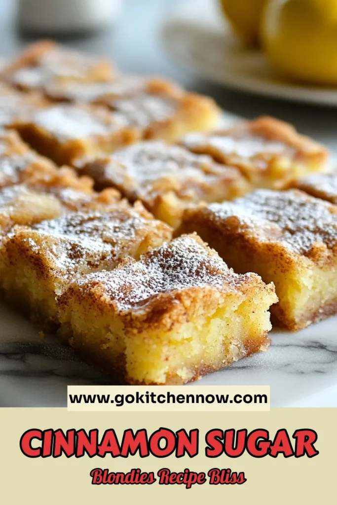 Indulge in these delicious cinnamon sugar blondies with this easy blondies with cinnamon recipe! Perfect for any occasion, these homemade blondies dessert are soft and chewy, topped with a delightful cinnamon sugar coating. Bake a batch of these cinnamon sugar dessert bars today and enjoy every sweet bite! Don’t forget to save this recipe for later! #CinnamonSugarBlondies #EasyBlondies #HomemadeDessert #CinnamonSugarDessertBars