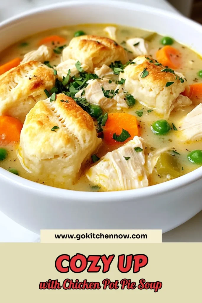 Warm up with this delicious Chicken Pot Pie Soup, a creamy chicken soup recipe that’s perfect for cozy nights. This easy chicken pot pie is topped with fluffy biscuit dough, making it the ultimate comfort food soup recipe. Enjoy every spoonful filled with tender chicken and fresh vegetables. Try it today and bring comfort to your table. Save this recipe for perfect cold weather meals! #ChickenPotPieSoup #ComfortFood #EasyRecipe #BiscuitToppedSoup