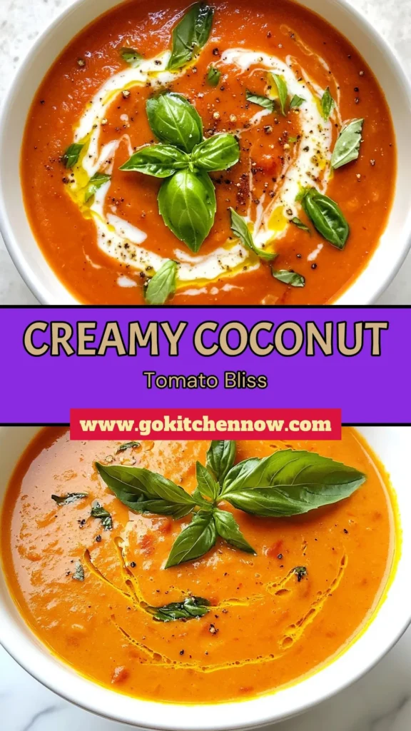 Discover the comforting flavors of creamy coconut tomato soup with this easy tomato soup recipe! This healthy tomato soup recipe features rich coconut milk, making it a delicious vegan coconut soup recipe that's perfect for any meal. Whip up this velvety coconut milk tomato soup in just 30 minutes and enjoy a bowl full of goodness. Don't forget to save for later! #DairyFree #VeganRecipes #HealthyEating #TomatoSoup