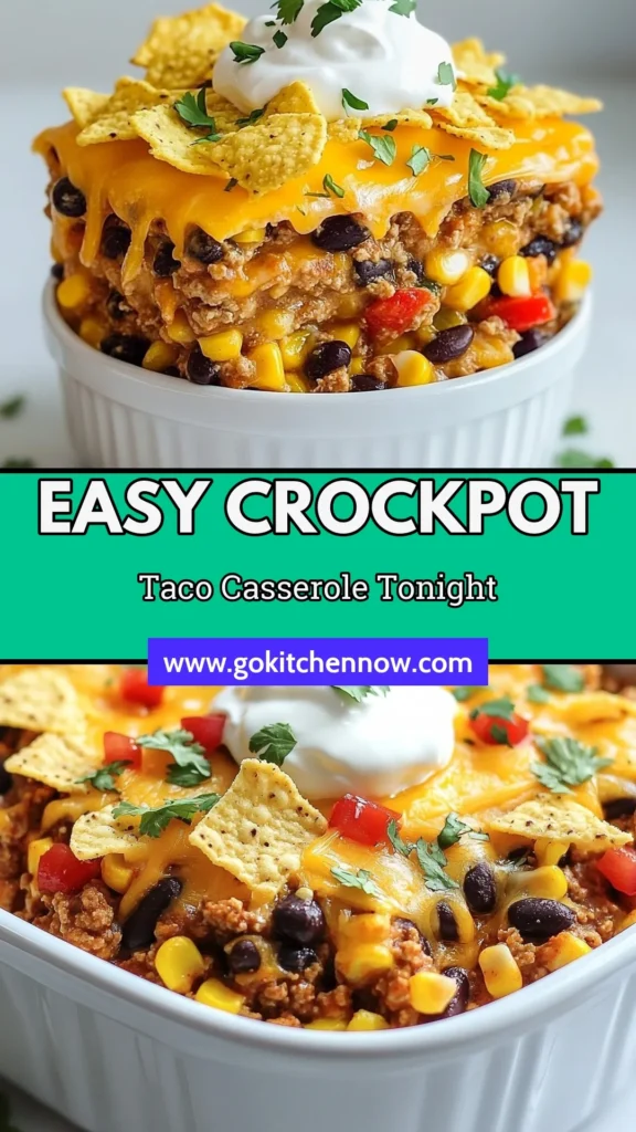 Looking for an easy taco casserole recipe? Try this Crockpot Taco Casserole with ground turkey for a healthy twist! This slow cooker taco casserole is packed with flavor and cheesy goodness, combining black beans, corn, and diced tomatoes. Perfect for busy weeknights, it's both a crowd-pleaser and hassle-free. Serve with tortilla chips or sour cream for the ultimate cheesy taco casserole recipe. Save this recipe now! #CrockpotTacoCasserole #CheesyTacoCasserole #EasyTacoCasserole #SlowCookerRecipes