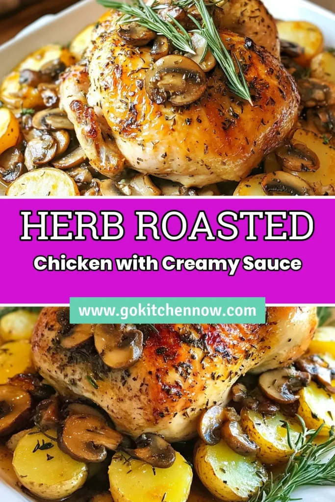 Discover the ultimate herb roasted chicken recipe that elevates your dinner game! This easy roasted chicken dinner features a whole chicken with herbs, perfectly roasted alongside creamy mushroom potatoes. With a burst of flavors and easy steps, your family will love this baked chicken and potatoes dish. Click to save this recipe and impress your guests tonight! #HerbRoastedChicken #CreamyMushroomPotatoes #EasyDinner #BakedChickenAndPotatoes