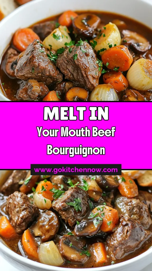 Indulge in this classic Beef Bourguignon recipe, a savory beef stew that captures the essence of French comfort food! This easy beef chuck recipe combines tender beef, bacon, and earthy mushrooms in a rich broth, creating a dish that’s perfect for any occasion. Impress your guests with this hearty meal that’s sure to warm hearts and bellies. Try it tonight! #BeefBourguignon #ComfortFood #FrenchRecipes #SavoryStew