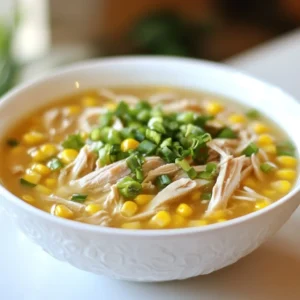 - 1 cup cooked chicken, shredded - 1 cup corn kernels (fresh or frozen) - 4 cups chicken broth - 2 large eggs, beaten - 1 tablespoon soy sauce - 1 teaspoon sesame oil - 1 tablespoon cornstarch mixed with 2 tablespoons water (slurry) - 1/2 teaspoon ground white pepper - 3 green onions, finely chopped (for garnish) - Salt to taste To make Chinese Chicken & Corn Soup, you need simple, fresh ingredients. The heart of this soup is the cooked chicken and corn. I love using shredded chicken because it mixes well and adds a nice texture. Corn gives a sweet taste that brightens the soup. The chicken broth acts as the base and brings all the flavors together. You can use store-bought broth, but homemade is even better. It adds depth and warmth to the dish. Next, the eggs create a lovely ribbon effect. When you stir the beaten eggs in slowly, they form delicate strands. This makes the soup feel rich and comforting. Don't forget the soy sauce and sesame oil. They deepen the flavor and add a hint of nuttiness. I always say, a touch of these ingredients makes a big difference. The cornstarch slurry thickens the broth just right. You want a nice balance—not too thick, not too thin. Ground white pepper adds a gentle spice, while salt helps bring out the flavors. Lastly, sprinkle chopped green onions on top for a fresh crunch. They add color and a slight onion flavor that brightens each bite. This soup is not just easy to make; it's full of flavor and comfort. {{ingredient_image_1}} First, grab a large pot. Pour in four cups of chicken broth. Turn the heat to medium and bring it to a simmer. This step builds the soup's base. Next, add one cup of shredded chicken and one cup of corn. Stir well and let it cook for about five minutes. You want the corn to get tender and warm. Now, it's time to add flavor. Drizzle in one tablespoon of soy sauce and one teaspoon of sesame oil. Stir the soup to mix these flavors well. This combination gives the soup its rich taste. Then, take one tablespoon of cornstarch mixed with two tablespoons of water. Slowly pour this slurry into the pot while stirring. This helps thicken the broth just right. Next, you’ll want to add a nice texture. Slowly pour in two beaten eggs. Do this in a thin stream while stirring gently. This will create lovely egg ribbons in the soup. After that, season with half a teaspoon of ground white pepper and salt to taste. Stir well to combine. Finally, remove the soup from heat and garnish with three finely chopped green onions. This adds a fresh touch and bright color. Enjoy your warm bowl of Chinese chicken and corn soup! To make your soup taste great, use homemade chicken broth. It adds depth and richness. If you don't have time to make it, store-bought broth works too. Just remember to check the salt levels. Adjust seasoning to your liking. Add more soy sauce or salt if needed. You can always add, but you can't take away! Creating egg ribbons is simple. Pour the beaten eggs slowly into the soup. Stir gently as you pour. This helps the eggs cook evenly and creates nice ribbons. Add the corn and chicken at the right time. They should go in after the broth simmers for about five minutes. This way, they heat through but stay tender. This soup pairs well with jasmine rice or crispy spring rolls. For a fun twist, serve it with fried wontons. Presentation matters! Use a nice bowl and sprinkle green onions on top. It makes the dish look fresh and colorful. Enjoy your meal! Pro Tips Use Homemade Broth: For an even richer flavor, consider using homemade chicken broth instead of store-bought. It adds depth and enhances the overall taste of the soup. Egg Ribbon Technique: To achieve the perfect egg ribbons, make sure to stir the soup gently while pouring in the beaten eggs. This will create delicate strands that elevate the dish's presentation. Fresh Corn Preference: If using fresh corn, choose sweet, ripe ears for maximum flavor. Cut the kernels off the cob just before adding them to the soup for the best texture. Adjust Seasoning: Taste your soup before serving and adjust the seasoning with salt and white pepper to your preference. This simple step can significantly enhance the dish's flavor profile. {{image_2}} You can change up the protein in this soup. Tofu works well for a vegetarian option. Shrimp adds a nice seafood twist. Both options keep the dish tasty. For vegetables, corn is a must, but you can mix in carrots or peas. They add color and crunch. Feel free to get creative with what you have on hand! Want some heat? Add chili oil or fresh chili peppers. Start with a small amount. You can always add more if needed. To balance spice, add a bit of sugar or honey. This helps keep the flavors in check. Adjust until you find your perfect level of heat! For a lighter soup, use low-sodium broth. This helps cut back on salt without losing flavor. If you're gluten-free, choose gluten-free soy sauce. This keeps the dish safe and delicious. You can also reduce calories by using less cornstarch. Keep the soup tasty while making it fit your needs! To keep your Chinese Chicken & Corn Soup fresh, store leftovers properly. First, let the soup cool down to room temperature. Then, pour it into an airtight container. This helps keep out air and moisture. You can store it in the fridge for up to three days. Make sure to label the container with the date. This way, you know when to eat it. Freezing is great for longer storage. To freeze your soup, use freezer-safe containers. Leave some space at the top for expansion. You can freeze the soup for up to three months. When you're ready to eat it, move it to the fridge overnight to thaw. If you're in a hurry, you can also thaw it in the microwave. Reheating needs care to keep the soup tasty. The best way is on the stove over low heat. Stir it often to avoid sticking. If it seems too thick, add a little water or broth. You can also use the microwave. Heat it in short bursts, stirring in between. Be careful not to overcook it. This keeps the flavors bright and the texture just right. You can use cooked chicken breast or thighs. Chicken breast is lean and tender. Thighs give richer flavor and moisture. If you have rotisserie chicken, that works great too. Just shred it before adding to the soup. Yes, making this soup ahead is a smart choice. It saves time on busy days. The flavors deepen and improve after sitting. Just store it in an airtight container in the fridge. Reheat it gently when you are ready to enjoy. This soup is quite healthy. It has protein from chicken and eggs. Corn adds fiber and vitamins. Using low-sodium broth can keep the salt low. Each serving is light yet filling, making it a great choice for a meal. To make this soup vegetarian, swap chicken for tofu or mushrooms. For broth, use vegetable broth instead of chicken broth. Corn and eggs can stay the same. You will still enjoy a tasty and comforting soup! This Chicken & Corn Soup is easy to make and full of flavor. You start with a simple broth, add in chicken and corn, and finish with eggs for nice texture. Tips help you boost the taste and adjust for your needs. Don't forget about variations, storage, and reheating to keep it fresh. Making your soup your way is fun and rewarding. Enjoy every bowl!