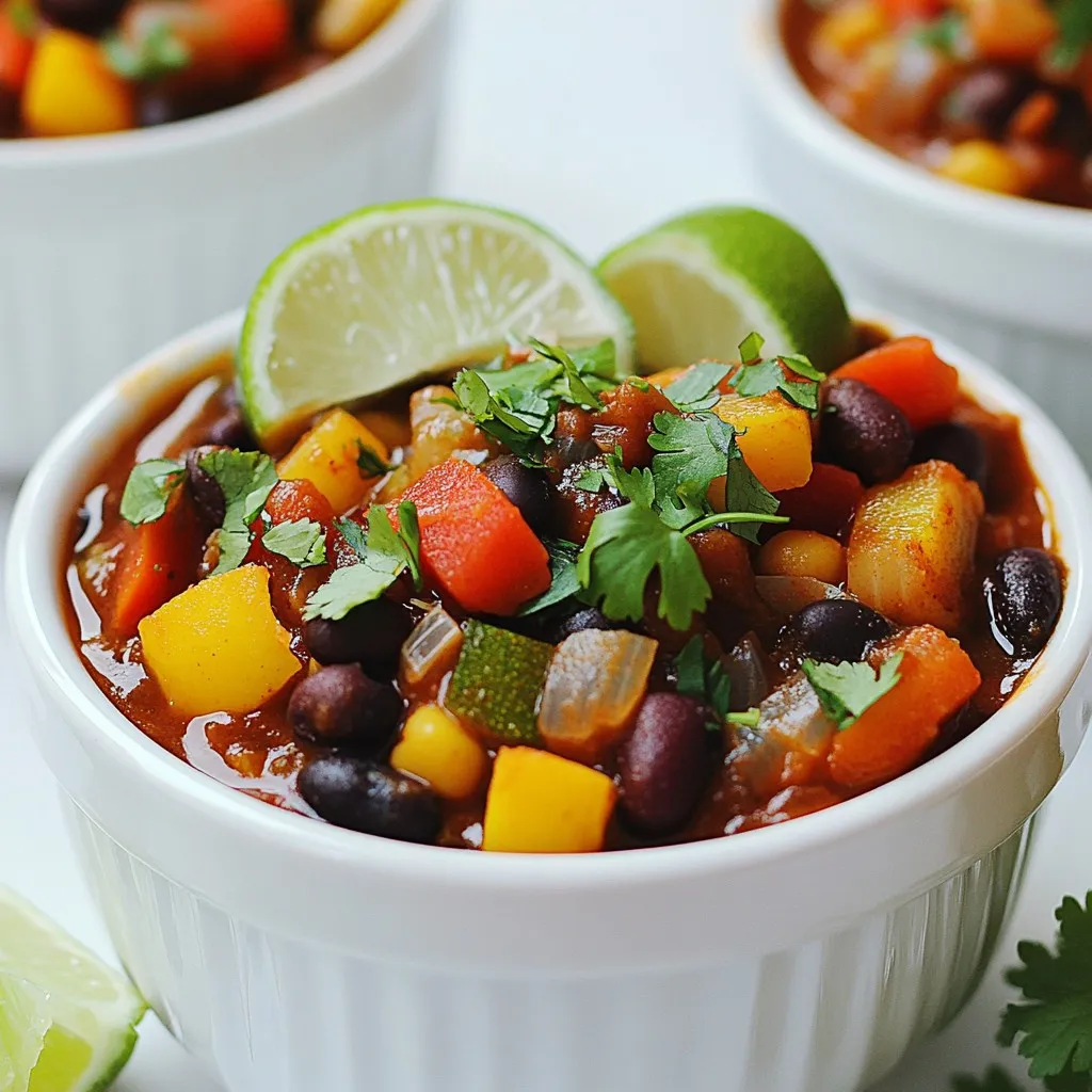 - 1 tablespoon olive oil - 1 medium yellow onion, diced - 3 garlic cloves, minced - 2 bell peppers (red and yellow), diced - 2 medium carrots, diced - 1 zucchini, diced - 1 can (15 oz) black beans, drained and rinsed - 1 can (15 oz) kidney beans, drained and rinsed - 1 can (15 oz) diced tomatoes with green chilies - 1 can (15 oz) corn, drained In this vegan chili, I focus on fresh vegetables and hearty beans. The olive oil helps sauté the onion and garlic, giving a nice base flavor. Using a mix of bell peppers adds sweetness and color. Carrots and zucchini bring in more nutrients and texture. The black and kidney beans provide protein, making this dish filling and satisfying. - 2 tablespoons chili powder - 1 tablespoon cumin - 1 teaspoon smoked paprika - 1 teaspoon ground coriander - Salt and pepper to taste Spices are key to making this chili flavor-packed. Chili powder gives it that classic chili taste. Cumin adds warmth, while smoked paprika brings a hint of smokiness. Ground coriander rounds out the flavors. Adjust salt and pepper to your taste for the perfect balance. - Fresh cilantro, for garnish - Lime wedges, for serving Garnishing with fresh cilantro brightens up the dish. Lime wedges add a zesty kick when squeezed over the chili. Both of these toppings make the chili look and taste even better. Serve it hot, and enjoy the burst of flavors with every bite! {{ingredient_image_1}} Start by chopping your vegetables. You need: - 1 medium yellow onion, diced - 3 garlic cloves, minced - 2 bell peppers (red and yellow), diced - 2 medium carrots, diced - 1 zucchini, diced Make sure to chop everything small for even cooking. Next, prepare your beans and canned items. You will use: - 1 can (15 oz) black beans, drained and rinsed - 1 can (15 oz) kidney beans, drained and rinsed - 1 can (15 oz) diced tomatoes with green chilies - 1 can (15 oz) corn, drained Now, heat 1 tablespoon of olive oil in a large pot over medium heat. Once hot, add the diced onion and minced garlic. Sauté for about 3-4 minutes until the onion turns translucent. Next, add the diced bell peppers and carrots. Cook them for another 5 minutes until they start to soften. After that, stir in the diced zucchini and cook for an additional 3 minutes. Stir often to keep them from sticking. Now, it's time to add the beans and spices. Stir in the black beans, kidney beans, diced tomatoes with green chilies, and corn. Then, add 2 tablespoons of chili powder, 1 tablespoon of cumin, 1 teaspoon of smoked paprika, and 1 teaspoon of ground coriander. Don't forget to add salt and pepper to taste. Mix everything well to combine all the flavors. Pour in 2 cups of vegetable broth and bring the chili to a boil. Once it boils, reduce the heat to low. Let it simmer for about 30 minutes. This helps the flavors blend. Make sure to stir occasionally. After 30 minutes, taste your chili. Adjust the seasonings if needed. When you serve, top it with fresh cilantro and lime wedges for a bright finish. Enjoy your delicious vegan chili! To boost flavor, start with fresh ingredients. Fresh herbs and spices add brightness. Dried spices work too, but fresh ones pack a punch. Toast your spices in the pot before adding other ingredients. This small step can deepen their flavor. For a richer taste, try using a mix of fresh and dried spices. For the best pot, choose a heavy-bottomed one. A Dutch oven or cast iron pot works well. These types distribute heat evenly and prevent burning. Stir your chili often to avoid sticking. If you notice it starting to stick, add a splash of vegetable broth. This keeps your chili smooth and creamy. You can make chili ahead of time. It tastes even better the next day. Store it in the fridge for up to five days. For longer storage, freeze your chili in airtight containers. Let it cool before freezing. To reheat, thaw in the fridge overnight. Then warm it on the stove or in the microwave. Pro Tips Fresh Herbs Enhance Flavor: Adding fresh herbs like cilantro just before serving brightens the dish and adds a fresh dimension to the flavors. Spice It Up: If you like your chili with a kick, consider adding diced jalapeños or a pinch of cayenne pepper for extra heat. Meal Prep Friendly: This chili tastes even better the next day, making it perfect for meal prep. Store leftovers in an airtight container in the fridge. Customize Your Beans: Feel free to mix and match different types of beans based on your preference or what you have on hand, such as pinto beans or chickpeas. {{image_2}} You can easily adjust this recipe to fit your diet. For gluten-free options, use gluten-free broth. Check labels on canned ingredients to ensure they are gluten-free. For a low-sodium chili, choose low-sodium beans and broth. You can also skip added salt. Feel free to swap beans or veggies. Instead of black beans, try pinto or chickpeas. You can also use any fresh veggies you have. If you want more protein, add tofu or tempeh. Just cube them and toss them in with the other ingredients. To make a spicy version, add jalapeños. Chop them finely and add during the veggie stage. If you prefer a sweeter taste, add more bell peppers or corn. These small changes can really enhance the flavor of your chili. After making vegan chili, let it cool down. Store it in an airtight container. Refrigerate it within two hours of cooking. Make sure to use a clean spoon to avoid any germs. You can keep it fresh for up to five days in the fridge. If you want to keep it longer, freezing is a great option. To freeze your chili, use freezer-safe containers. Divide it into portions to make reheating easier. Leave some space in the container, as liquids expand when frozen. When you're ready to eat, thaw the chili in the fridge overnight. Reheat it on the stove or in the microwave. Stir it well to ensure even heating. Vegan chili lasts about five days in the fridge. In the freezer, it can last up to three months. Make sure to label your containers with the date. This way, you’ll know when to use it. Enjoy your delicious chili at its best by following these storage tips! To make vegan chili taste better, focus on fresh and quality ingredients. Use ripe tomatoes and fresh herbs. Seasoning is key. I recommend adding more chili powder, cumin, or smoked paprika. Taste as you cook. Adjust seasoning to your liking. A squeeze of lime juice brightens the flavors too. You can also add a dash of salt to enhance the taste. Yes, you can use other vegetables in your chili. Seasonal veggies work best. Try adding corn, sweet potatoes, or squash for sweetness. Spinach or kale can add a nice green touch. Each vegetable will bring its own flavor and texture. Feel free to mix and match based on what you have at home. Making vegan chili from scratch takes about 45 minutes. You need 15 minutes for prep and 30 minutes for cooking. This time lets the flavors blend well. If you want to save time, chop your veggies ahead of time. You can also cook it longer for richer flavor. In this blog post, we explored the key components of vegan chili. We started with the main ingredients, including various vegetables and beans. Next, we discussed essential spices and how to enhance the flavor. I shared step-by-step instructions to prepare and cook your chili to perfection. We also covered tips for customization and storage. In closing, vegan chili is not just easy to make; it’s full of flavor and nutrition. Enjoy experimenting with different ingredients and spices to make it your own. Happy cooking!