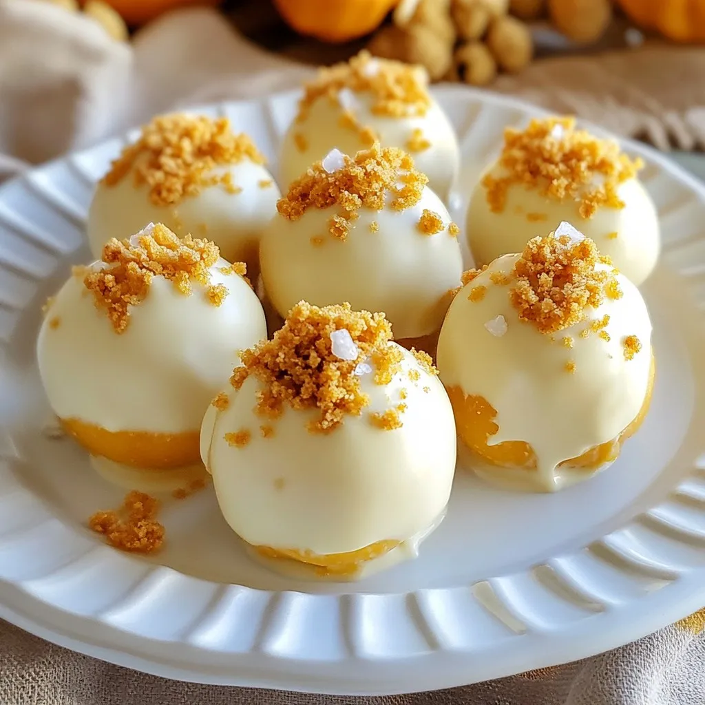 To make these tasty pumpkin cheesecake truffles, you will need the following ingredients: - 8 oz cream cheese, softened - 1 cup pumpkin puree - 1/2 cup powdered sugar - 1 tsp vanilla extract - 1 tsp ground cinnamon - 1/2 tsp ground nutmeg - 1/4 tsp ground ginger - 1 cup graham cracker crumbs - 1 cup white chocolate chips, melted - A pinch of sea salt Here’s how to convert some common measurements: - 1 cup of cream cheese = about 240 grams - 1 cup of pumpkin puree = about 245 grams - 1/2 cup of powdered sugar = about 60 grams - 1 cup of graham cracker crumbs = about 120 grams - 1 cup of white chocolate chips = about 170 grams These conversions help ensure you get the right amounts for perfect truffles. Using quality ingredients makes a big difference in flavor. Choose a full-fat cream cheese for richness. Look for pumpkin puree that is pure, with no added sugars or spices. Fresh spices like cinnamon and nutmeg boost the taste. Always use high-quality white chocolate for a smooth coating. These choices create a better, more delicious truffle. {{ingredient_image_1}} To make the pumpkin cheesecake mixture, start by softening 8 oz of cream cheese. Use a medium bowl and beat it until it is smooth. Next, add 1 cup of pumpkin puree. Then mix in 1/2 cup of powdered sugar. Don’t forget to add 1 tsp of vanilla extract for flavor. Now, add 1 tsp of ground cinnamon, 1/2 tsp of ground nutmeg, and 1/4 tsp of ground ginger. Mix everything until it is completely combined and smooth. Cover the bowl with plastic wrap. Chill it in the fridge for about 1 hour. This step helps the mixture firm up and makes it easier to handle. After the mixture is chilled, scoop out about 1 tablespoon of it. Roll the mixture in your hands to form a ball. It should be about the size of a small cookie. Place each truffle on a parchment-lined baking sheet. Keep rolling until all the mixture is used. Once done, freeze the truffles for about 30 minutes. This will help them set and keep their shape. While the truffles freeze, melt 1 cup of white chocolate chips in a microwave-safe bowl. Heat it in 30-second intervals. Stir well between each heating until the chocolate is smooth. After the truffles are firm, take them out of the freezer. Dip each truffle into the melted chocolate using a fork. Make sure they are coated evenly. Let any excess chocolate drip off before placing them back on the baking sheet. While the chocolate is still wet, sprinkle a pinch of graham cracker crumbs and a little sea salt on top. This adds a nice touch of flavor. Let them set at room temperature or put them in the fridge for about 15 minutes to speed up the setting process. To get a creamy texture in your truffles, use softened cream cheese. It blends easily with pumpkin puree. Mix until smooth. This helps prevent lumps. Chilling the mixture also makes it easier to handle. Aim for about one hour in the fridge. Freeze the truffles after rolling them. This helps them hold their shape when dipped in chocolate. One mistake is not chilling the mixture enough. This can lead to truffles that are too soft. Another error is not coating them evenly in chocolate. Use a fork to dip each truffle. Tap it gently to remove excess chocolate. Don't forget to sprinkle graham cracker crumbs while the chocolate is wet. This adds flavor and texture. For a fun display, use a festive box or a decorative plate. Arrange the truffles in rows or clusters. A sprinkle of cinnamon on top adds an autumn touch. You can also use small cupcake liners to hold each truffle. This makes them easy to grab and adds some flair. Consider adding a few whole graham crackers as garnish for a rustic look. Pro Tips Chill the Mixture: Make sure to refrigerate the cheesecake mixture for at least an hour; this will make it easier to roll into truffles and help them hold their shape. Use Quality Chocolate: Opt for high-quality white chocolate for dipping to ensure a smooth, creamy coating that enhances the flavor of the truffles. Customize Your Spices: Feel free to adjust the spices according to your taste; adding allspice or cloves can bring a deeper autumn flavor to your truffles. Perfect Presentation: To elevate the look of your truffles, use a variety of toppings like crushed nuts or a drizzle of dark chocolate for added texture and visual appeal. {{image_2}} You can switch up the spices to match your taste. Try adding cloves for a warm kick. You can also mix in a dash of allspice for more depth. If you enjoy chocolate, you might use dark chocolate instead of white. The rich taste of dark chocolate pairs well with pumpkin. For the coating, get creative! Chopped nuts like pecans or walnuts add crunch and flavor. You can also use colorful sprinkles for a fun look. Toasted coconut is another great choice that gives a tropical twist. Each coating changes the truffle's texture and taste. Make these truffles for any holiday! For Halloween, add orange and black sprinkles for a festive touch. At Thanksgiving, use crushed candy canes for a winter feel. You can also infuse peppermint into the cream cheese mix for a refreshing flavor. Each season brings a new chance to enjoy these treats! To keep your pumpkin cheesecake truffles fresh, store them in an airtight container. Line the container with parchment paper to prevent sticking. Place a layer of truffles in the container, and add more parchment paper between layers. This helps keep them intact and tasty. You can freeze these truffles for later. First, let them cool completely. Next, place the truffles in a single layer on a baking sheet. Freeze them for about 30 minutes. Once firm, transfer them to a freezer-safe bag or container. Be sure to label it with the date. When stored properly, these truffles last about 1 week in the fridge. If frozen, they can last up to 3 months. Always check for any changes in texture or smell before eating. To enjoy the best flavor, let them sit at room temperature for a few minutes before serving. You can make these truffles a day or two in advance. Start by preparing the pumpkin cheesecake mixture. After mixing, chill it for about an hour. Roll the mixture into balls and freeze them for about 30 minutes. Store the truffles in an airtight container. You can dip them in chocolate just before serving. This keeps them fresh and tasty. Yes, you can. Dark chocolate or milk chocolate works well too. Each type of chocolate adds a different flavor. If you want a richer taste, use dark chocolate. For a sweeter option, stick with milk chocolate. Just remember to melt it gently to avoid burning. You can find pre-made pumpkin cheesecake truffles at specialty candy shops or gourmet stores. Some grocery stores may also carry them in the dessert section. Online retailers like Amazon or local bakeries might offer them too. Always check ingredient lists if you have dietary needs. You learned how to make tasty pumpkin cheesecake truffles. We covered the right ingredients, how to mix and form them, and even ways to make each truffle your own. I shared tips for a smooth texture and fun serving ideas. Plus, we discussed storage and how to keep them fresh. Now, you can enjoy or share these delicious treats for any occasion!