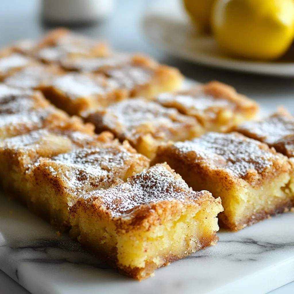 - 1 cup unsalted butter, melted - 1 cup packed brown sugar - 1 cup granulated sugar - 2 large eggs - 2 teaspoons vanilla extract - 2 cups all-purpose flour - 1 teaspoon baking powder - 1/2 teaspoon salt - 1 tablespoon ground cinnamon - Additional topping: 1/4 cup granulated sugar and 1 teaspoon ground cinnamon Gather these simple ingredients. Each one plays a key role in making your blondies soft and sweet. The unsalted butter gives richness, while brown sugar adds a deep flavor. Granulated sugar adds that perfect sweetness. Eggs bind everything together. Vanilla extract brings warmth, and flour provides structure. Baking powder helps them rise, and salt balances the sweetness. Lastly, cinnamon gives that lovely spice. Adding cinnamon sugar on top makes them extra special. You can easily find all these ingredients at your local store. Be sure to use fresh spices for the best flavor. This list is your first step to baking these delicious treats! {{ingredient_image_1}} First, you need to preheat your oven to 350°F (175°C). This step is key to getting your blondies just right. Next, grab a 9x13 inch baking pan. Grease it well and line it with parchment paper. This makes it easy to lift the blondies out later. In a large bowl, combine 1 cup of melted butter, 1 cup of packed brown sugar, and 1 cup of granulated sugar. Mix these ingredients well until they are smooth. Next, add 2 large eggs and 2 teaspoons of vanilla extract to the bowl. Whisk these together until everything is fully blended and light. In another bowl, sift together 2 cups of all-purpose flour, 1 teaspoon of baking powder, 1/2 teaspoon of salt, and 1 tablespoon of ground cinnamon. Sifting helps make sure there are no lumps. Now, it’s time to combine the wet and dry ingredients. Gradually add the dry mix to the wet mix. Stir gently until just combined. Avoid overmixing, or your blondies may turn out dense. Next, pour the batter into your prepared pan and spread it evenly. In a small bowl, mix 1/4 cup of granulated sugar with 1 teaspoon of ground cinnamon for the topping. Sprinkle this mixture generously over the batter. Bake your blondies in the preheated oven for 25-30 minutes. Check for doneness by inserting a toothpick. It should come out mostly clean when they are ready. To make sure your blondies turn out soft, avoid overmixing. Mix just until everything blends. Overmixing can make them tough. To check if they are done, use a toothpick. Insert it in the center. If it comes out mostly clean, they are ready. For a lovely touch, dust your blondies with powdered sugar. You can also drizzle some icing on top. Arrange the squares on decorative plates. This makes for a nice display when serving. One common mistake is not measuring ingredients properly. Accurate measurements ensure great results. Another mistake is forgetting to line the baking pan with parchment paper. This makes it hard to remove the blondies later. Always line your pan for easy serving! Pro Tips Use Room Temperature Eggs: Make sure your eggs are at room temperature before adding them to the batter. This helps create a smoother, more uniform mixture and leads to a better texture in the blondies. Don’t Overmix: Stir the batter until just combined to avoid tough blondies. Overmixing can develop the gluten in the flour, resulting in a denser texture. Check for Doneness: Since ovens vary, start checking your blondies a few minutes before the suggested baking time. They should be golden around the edges, and a toothpick inserted in the center should come out mostly clean. Cool Completely: Allow the blondies to cool completely in the pan before cutting. This helps them set and makes them easier to slice into neat squares. {{image_2}} You can make your blondies even more fun with flavor add-ins. I love adding nuts like walnuts or pecans for a nice crunch. They give the blondies a rich texture. You can also stir in chocolate chips or butterscotch chips. These sweet treats melt into the batter and create pockets of joy. Toppings can change the whole vibe of your blondies. Try sprinkling a bit of sea salt on top. This adds a sweet-savory contrast that really pops. You can also experiment with other spices like nutmeg or cardamom. These spices will give your blondies a warm, cozy flavor that feels like a hug. If you need a gluten-free option, use almond or coconut flour instead of all-purpose flour. They work really well and keep the blondies soft. For those who want a vegan treat, replace the butter with coconut oil and use flax eggs. These swaps help you enjoy blondies while meeting your dietary needs. To keep your cinnamon sugar blondies fresh, store them at room temperature. Place them in an airtight container. This helps keep them soft and tasty. They can last about four to five days this way. If you want them to stay good longer, try refrigerating them. Just make sure to seal them well. This method can help them last up to a week. Freezing blondies is a great option for long-term storage. First, cut the blondies into squares. Wrap each piece in plastic wrap. Then, put the wrapped squares in a freezer-safe bag. This keeps them safe from freezer burn. When you're ready to enjoy them, thaw the blondies. Leave them at room temperature for a few hours. For best texture, you can warm them up a bit in the oven. Enjoy your soft, delicious blondies anytime! To check if your blondies are done, use the toothpick test. Insert a toothpick into the center of your blondies. If it comes out mostly clean, they are ready. The edges should be golden brown. You want a few moist crumbs on the toothpick, not wet batter. Blondies can look a bit soft in the middle but will firm up as they cool. Yes, you can make blondies without eggs! Use substitutes like applesauce or mashed bananas. Each will change the texture a bit. Applesauce makes them moist and soft. Mashed bananas add a slight banana flavor while keeping them chewy. Another option is to use flaxseed meal mixed with water. This helps bind the blondies, creating a similar texture. Blondies last about 3 to 5 days at room temperature. Store them in an airtight container to keep them fresh. If you want them to last longer, you can refrigerate them for about a week. For even longer storage, freeze them. Wrap each blondie in plastic wrap and place them in a freezer bag. They can last up to 3 months this way. In this post, I shared a simple and tasty blondie recipe. You learned about key ingredients and step-by-step baking instructions. I also provided tips to ensure perfect blondies and creative variations to try. Storing your blondies correctly will keep them fresh longer. Remember, measuring accurately is key to great results. Whether you stick to the classic version or explore new flavors, I hope you enjoy making these treats. Happy baking!