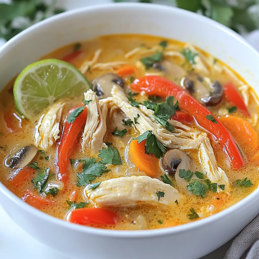 - 1 lb boneless, skinless chicken thighs - 1 can (14 oz) coconut milk - 4 cups chicken broth - 1 red bell pepper, sliced - 1 cup carrots, sliced - 1 cup mushrooms, sliced - 1 onion, chopped - 3 cloves garlic, minced - 1 tablespoon ginger, grated - 2 tablespoons red curry paste - 1 tablespoon soy sauce (or tamari) - 1 tablespoon lime juice - 1 tablespoon fish sauce - 1 teaspoon sugar (optional) The ingredients for this soup create a warm hug in a bowl. The chicken thighs provide a juicy main part, while coconut milk brings a rich creaminess. Chicken broth adds depth and a savory base. For veggies, I love using bright, colorful red bell peppers, crunchy carrots, and tender mushrooms. They add texture and nutrients. The onion gives a sweet note that blends well with the other flavors. To boost the soup, I use garlic and ginger for warmth. They bring a fragrant aroma that fills your kitchen. Red curry paste adds spice and complexity, while soy sauce or tamari gives a savory touch. Lime juice brightens the dish, while fish sauce adds umami. If you want a hint of sweetness, add a bit of sugar. This combination makes the soup not just flavorful but also a feast for the eyes. Each bite is packed with taste and joy. {{ingredient_image_1}} Place your chicken thighs at the bottom of the crockpot. Season them well with salt and pepper. This step is key to starting your flavorful dish. The chicken will soak up all the tasty juices as it cooks. Next, layer the sliced red bell pepper, carrots, mushrooms, and chopped onion right on top of the chicken. Each vegetable adds its own flavor and texture. The colors will make your soup look bright and inviting. In a separate bowl, mix together the coconut milk, chicken broth, minced garlic, grated ginger, red curry paste, soy sauce, lime juice, fish sauce, and sugar. Whisk until everything blends well. This rich broth will bring all the flavors together. Pour the broth mixture over the chicken and veggies in the crockpot. Stir gently to mix everything. Cover with the lid and cook on low for 6-8 hours or on high for 3-4 hours. You want the chicken to be tender and fully cooked. Once the cooking time is up, remove the chicken from the crockpot. Use two forks to shred it into bite-sized pieces. This makes it easy to eat and lets the chicken soak up the broth. Return the shredded chicken back to the soup. Taste your soup and adjust the seasoning if needed. Serve it hot in bowls, garnished with fresh cilantro and a wedge of lime on the side. The cilantro adds a fresh touch, while the lime gives it a zesty kick. Enjoy your delicious creation! For the best texture, cook the soup on low for 6 to 8 hours. This slow cooking allows flavors to meld beautifully. If you're short on time, you can cook it on high for 3 to 4 hours. Just make sure the chicken is tender before shredding. Feel free to customize this soup! You can add extra veggies like spinach, zucchini, or snap peas. Want more spice? Toss in fresh chilies or a sprinkle of red pepper flakes. You can also swap in different proteins, like shrimp or tofu, to suit your taste. To elevate your dish, serve it with jasmine rice or crusty bread. Fresh cilantro adds a bright touch. Lime wedges on the side give a zesty kick. You can also drizzle a bit of chili oil for an extra flavor boost. Enjoy your unique creation! Pro Tips Use Fresh Ingredients: Fresh vegetables and herbs will enhance the flavors of your soup and provide a vibrant color. Adjust Spice Level: If you prefer a milder soup, start with less red curry paste and add more to taste as it cooks. Thicken the Soup: For a creamier texture, blend a portion of the soup before returning the shredded chicken. Make it Ahead: This soup can be made a day in advance; the flavors will deepen as it sits in the fridge overnight. {{image_2}} To make this soup gluten-free, you can easily swap out the soy sauce. Use tamari instead, as it has no gluten. You can also check your chicken broth. Some brands add gluten, so look for ones labeled gluten-free. This way, you keep all the great flavors without any worries. Want to make it vegetarian? Simply replace the chicken with chickpeas or tofu. You can also use vegetable broth instead of chicken broth. This keeps the soup rich and tasty while being plant-based. The coconut milk and spices still deliver that classic Thai flavor. If you love heat, try adding chili paste or fresh chilies. You can mix in a tablespoon of chili paste when you combine the broth. For fresh chilies, slice them and add them to the crockpot with the veggies. Adjust the amount based on how spicy you like it. This gives the soup an exciting kick! To store leftovers, let the soup cool first. Pour it into an airtight container. If you plan to eat it within a few days, refrigerate it. For longer storage, freeze the soup. Use freezer-safe containers or bags. Make sure to leave space for expansion. When reheating, do it slowly on the stove or in the microwave. Add a splash of broth or water to keep it moist. Stir occasionally to mix the flavors well. Heat until it reaches a warm temperature, but don’t boil. In the fridge, this soup lasts about 3 to 4 days. If you freeze it, it can last for up to 3 months. Always check for any changes in smell or texture before eating. If anything seems off, it’s best to toss it out. Yes, you can use frozen chicken thighs. Just place them in the crockpot without thawing. This method keeps the chicken juicy. Cooking times may change. If frozen, cook for 8 hours on low or 4 hours on high. Check to make sure the chicken reaches 165°F for safety. Red curry paste can be spicy, but it varies by brand. If you want less heat, try using less paste. You can also mix in some coconut milk to tone down the spice. For a milder flavor, look for yellow curry paste instead. It offers a warm taste without much heat. Yes, you can make this soup on the stovetop. Start by sautéing the chicken in a large pot until browned. Then add your veggies and continue with the broth mixture as in the crockpot method. Let it simmer for about 30 minutes. This way, you’ll have a quick and tasty soup! If you can't use coconut milk, try almond milk or cashew cream. Both alternatives give a nice creamy texture. You can also use oat milk for a dairy-free option. Keep in mind that these substitutes may change the soup's flavor slightly. This recipe brings together simple ingredients and easy steps for a delicious soup. You learned how to prepare chicken, add fresh veggies, and mix flavorful broth. Customizing it is easy, whether you want to go gluten-free or add spice. Storing leftovers and reheating them keeps your meal fresh. With these tips and tricks, you can enjoy a tasty bowl anytime. Now you have everything you need to bring comfort and flavor to your table with this soup. Enjoy the process and make it your own!