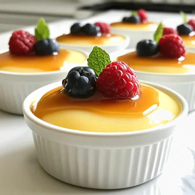 To make Silky Japanese Custard Purin, you need a few simple ingredients. Each one plays a key role in creating that creamy, dreamy texture and flavor. Here is what you will need: - 2 large eggs - 1/4 cup granulated sugar - 1 cup whole milk - 1/2 teaspoon vanilla extract - 1 tablespoon cornstarch - A pinch of salt - Caramel sauce for drizzling - Fresh berries for garnish (optional) These ingredients combine to create a delicious custard. The eggs give it a rich texture. The sugar adds sweetness, while the milk makes it creamy. The vanilla brings warmth and flavor. Cornstarch helps to thicken the custard, ensuring it holds its shape. A little salt balances the sweetness. Caramel sauce adds a sweet finish, and berries make a bright garnish. Each ingredient matters in this recipe. Using fresh eggs and high-quality milk greatly improves the taste. If you want to experiment, you can swap the caramel sauce for fruit purees or chocolate sauce. This recipe is flexible and fun to make! Enjoy the process of mixing these ingredients to create a delightful treat. {{ingredient_image_1}} - Preheat your oven to 350°F (175°C). This step is key for a great bake. - Prepare six small ramekins. Lightly grease them with cooking spray or butter. This helps the custard come out easily. - In a mixing bowl, whisk together two large eggs and 1/4 cup of granulated sugar. Mix until it looks frothy and well combined. - In a saucepan, heat 1 cup of whole milk with 1/2 teaspoon of vanilla extract and a pinch of salt. Warm it up, but do not let it boil. This adds flavor and richness. - Gradually pour the warm milk into the egg mixture while whisking. This keeps the eggs from cooking too fast. - If you want a thicker custard, mix 1 tablespoon of cornstarch with water until dissolved. Stir this into your custard mix. - To get a super smooth texture, strain the mixture through a fine mesh sieve into another bowl. This removes any lumps. - Pour the custard evenly into your prepared ramekins. - Place the ramekins in a deep baking dish. Fill the dish with hot water until it reaches halfway up the sides. This water bath keeps the custard creamy. - Carefully place the baking dish in the oven. Bake for 30-35 minutes. The custard should be set but still a bit wobbly in the center. - Once done, take the ramekins out of the water bath. Let them cool for 10 minutes at room temperature. Then, refrigerate for at least 2 hours to fully set. To keep your custard smooth, avoid lumps by whisking well. When you mix the warm milk into the eggs, do it slowly. This helps prevent cooking the eggs too fast. Always strain your custard through a fine-mesh sieve. It catches any lumps and gives you that silky finish. Using a water bath is key for baking purin. It helps the custard cook evenly and gently. Place your ramekins in a deep baking dish, then fill it with hot water halfway up the sides. This steam helps set the custard without drying it out. For fun flavor twists, try adding matcha or coffee to your custard mix. A little bit goes a long way, and it adds a unique taste. You can also mix in some citrus zest for a fresh touch. When it comes to toppings, caramel sauce is a classic choice. Drizzle it over your purin for extra sweetness. Fresh berries, like strawberries or blueberries, make great garnishes too. They add color and a nice tartness that pairs well with the creamy custard. Pro Tips Use Fresh Eggs: Fresh eggs will give your custard a better texture and flavor, resulting in a creamier dish. Don't Overheat the Milk: Heating the milk too much can cause the eggs to cook prematurely, leading to a grainy texture. Warm it slowly. Strain for Smoothness: Always strain the custard mixture to eliminate any lumps and ensure a silky-smooth finish. Chill Thoroughly: Allowing the custard to chill completely will enhance its flavor and texture, making it more enjoyable to eat. {{image_2}} Traditional purin is simple and smooth. It uses just a few ingredients: eggs, milk, and sugar. The flavor is creamy and sweet. Each region of Japan has its own unique twist. For example, in certain areas, they may add matcha for a green tea taste. Others might use brown sugar for a deeper flavor. Modern purin often includes more creative ingredients. You might find flavors like chocolate or even fruit blends. The texture can also change, with some recipes using gelatin for a firmer custard. You can have fun with purin by adding seasonal fruits. Fresh strawberries or mangoes make a bright topping. You can also stir fruit puree into the custard for extra flavor. Unique sauces or syrups can change the dish too. Try a rich caramel sauce or a tangy berry drizzle. You can even use green tea syrup for a fresh taste. These twists make each bite exciting and new. Don't hesitate to experiment! To keep your silky Japanese custard purin fresh, refrigerate it right away. Place each ramekin in a sealed container or cover them with plastic wrap. This helps keep moisture out and prevents the custard from absorbing other odors. Always use clean utensils to scoop out servings. If you have more leftovers, you can freeze purin. Just make sure to wrap each ramekin tightly in plastic wrap, then place it in a freezer bag. You can freeze purin for up to one month. When you are ready to eat, let it thaw in the fridge overnight. In the refrigerator, your purin will last about three days. Check for any changes in smell or texture. If it looks watery or has a sour smell, it is time to toss it out. Always trust your senses when it comes to food safety. Enjoy your purin while it's fresh for the best taste! Silky Japanese Custard Purin is a soft, creamy dessert. It is similar to flan but lighter. Purin is a popular treat in Japan, often found in homes and restaurants. The dish has a rich history, dating back to the early 20th century. It draws influence from European custards. The Japanese version is known for its smooth texture and delicate flavor. Eating purin feels like a warm hug. It's a classic dessert that brings joy to many. Yes, you can make purin without cornstarch. Some alternatives include using eggs or gelatin. Eggs help thicken the custard naturally. Gelatin adds a different texture, making it more jelly-like. You can also try using arrowroot powder as a thickener. Adjust the amount based on your preference. Remember, the goal is to achieve that silky smoothness. Experimenting can lead to unique flavors and textures. To serve purin elegantly, start by inverting it onto a clean plate. Make sure to run a knife around the edges first. This will help release it easily. Drizzle caramel sauce on top for a sweet touch. Fresh berries add color and freshness. You can also use mint leaves for a pop of green. Consider using small glass cups for a modern look. This dessert is all about presentation and simplicity. In this post, we explored how to make silky Japanese custard purin. We covered ingredients, step-by-step instructions, and tips for perfecting texture. Understanding variations and storage helps you enjoy purin for longer. Remember, using a water bath stops lumps and gives a nice cook. Try different flavors or toppings to make it unique. You can impress friends with easy serving ideas, too. This tasty custard can be a fun dessert for any occasion. Enjoy your cooking adventure with this delightful Japanese treat!