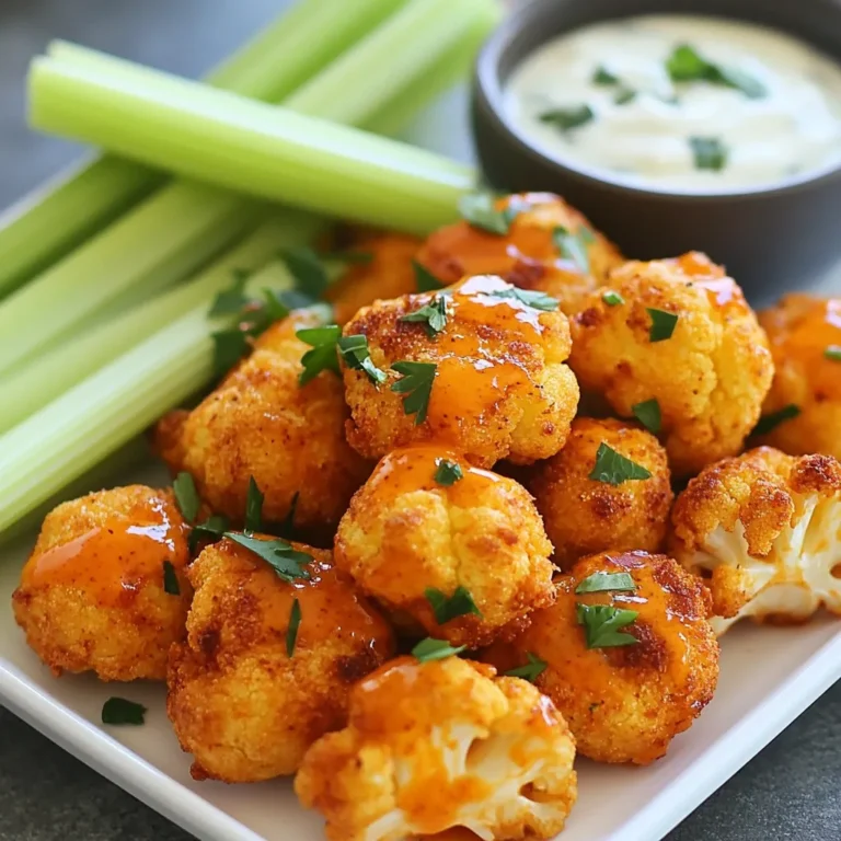 - 1 medium head of cauliflower, cut into bite-sized florets - 1 cup all-purpose flour (or gluten-free flour, if preferred) - 1 teaspoon garlic powder - 1 teaspoon onion powder - 1 teaspoon smoked paprika - 1/2 teaspoon salt - 1/4 teaspoon black pepper - 1/2 cup water (or plant-based milk) - 1/2 cup buffalo sauce (store-bought or homemade) - 2 tablespoons olive oil To make these tasty bites, you need some key ingredients. The main star is the cauliflower. Choose a fresh head, as this gives the best taste and texture. Next, you will need flour. You can use regular all-purpose flour or a gluten-free option. This helps create a crispy coating. For flavor, gather some seasoning spices. Garlic powder, onion powder, and smoked paprika add depth. Salt and black pepper enhance the taste. You will also need a liquid to mix with the flour. Water works fine, but plant-based milk can add creaminess. The buffalo sauce is crucial for that spicy kick. You may use store-bought sauce or make your own. Lastly, olive oil helps to crisp up the bites in the air fryer. Now that you have all your ingredients, you can create a delicious snack! {{ingredient_image_1}} Preheating the air fryer Start by preheating your air fryer to 400°F (200°C). This step is key. It ensures your cauliflower bites cook evenly and get crispy. Cutting the cauliflower into florets Next, wash your cauliflower. Cut it into bite-sized florets. Aim for equal sizes. This helps them cook at the same rate. Drying the florets Now, pat the florets dry with a towel. Removing excess moisture is important. It helps the batter stick better and makes the bites crispier. Mixing dry ingredients In a mixing bowl, combine 1 cup of flour, 1 teaspoon of garlic powder, 1 teaspoon of onion powder, 1 teaspoon of smoked paprika, 1/2 teaspoon of salt, and 1/4 teaspoon of black pepper. Stir these well. This mix adds flavor to your bites. Adding liquid and achieving smooth consistency Slowly add 1/2 cup of water or plant-based milk to the dry mix. Stir until you get a smooth batter. It should not be too thick or too runny. This texture is perfect for coating. Dipping method for batter application Take each cauliflower floret and dip it into the batter. Make sure each piece is fully coated. This gives each bite a tasty shell. Draining excess batter Let any extra batter drip off. This step prevents soggy bites. You want a nice, even coating for the best texture. Greasing the air fryer basket Lightly grease the air fryer basket with 2 tablespoons of olive oil. This prevents sticking. It also helps the bites crisp up nicely. Placement of cauliflower in the basket Arrange the batter-coated cauliflower in the basket. Place them in a single layer. Avoid overcrowding; this helps them cook evenly. Cooking time and shaking instructions Air fry the cauliflower for 15-18 minutes. Shake the basket halfway through. This ensures all sides get golden brown and crispy. Combining with buffalo sauce Once cooked, transfer the cauliflower to a large bowl. Add 1/2 cup of buffalo sauce. Toss gently until all pieces are well-coated. Additional air fryer time for setting the sauce Return the coated cauliflower to the air fryer for an extra 2-3 minutes. This step helps the sauce stick better. Enjoy your delicious buffalo cauliflower bites! To get those bites crispy, you must not overcrowd the basket. When you pile them in, they steam instead of fry. This makes them soft, not crispy. Cook in batches if needed. Each floret should have space around it for hot air to flow. For even cooking, shake the basket halfway through. This helps all sides crisp up nicely. Keep an eye on the color. You want them golden brown, not burnt. To boost flavor, try adding spices like cayenne pepper or chili powder. These add heat and depth. You can also mix in some dried herbs, like oregano or thyme, for a fresh twist. Adjust the buffalo sauce heat by adding honey for sweetness or vinegar for tang. If you prefer mild, use less sauce or a milder brand. Always taste as you go! For gluten-free bites, swap the all-purpose flour with a gluten-free blend. This keeps the dish safe for those with gluten sensitivities. If you want a vegan option, use plant-based milk in the batter. Ensure your buffalo sauce is also vegan. Many brands offer tasty vegan sauces that work well. Pro Tips Use Fresh Cauliflower: Fresh cauliflower will yield the best texture and flavor. Look for florets that are firm and free of blemishes. Adjust Spice Level: If you prefer a milder flavor, reduce the amount of buffalo sauce or mix in some honey to balance the heat. Preheat Your Air Fryer: Always preheat your air fryer for optimal cooking. This will help achieve that crispy texture more effectively. Experiment with Coatings: Try adding different spices or breadcrumbs to the batter for varied flavors and textures on your cauliflower bites. {{image_2}} You can change the flavor of your buffalo cauliflower bites easily. Try different wing sauces like honey garlic or BBQ. These sauces bring a sweet twist or smoky taste that pairs well with the cauliflower. If you want a cheesy bite, sprinkle some cheese on top. You can use vegan cheese if you prefer. It melts nicely and adds a rich flavor. To make your dish even better, serve it with tasty dips. Ranch and blue cheese are classic choices. They cool the heat from the buffalo sauce and add creaminess. You can also serve these bites with fresh vegetables. Celery sticks and carrots make great sides. They add crunch and freshness to your meal. If you don’t have an air fryer, you can still enjoy these bites. Bake them in the oven at 450°F (232°C) for 25-30 minutes. Just spread them on a baking sheet and flip halfway through. For a quick method, use an Instant Pot. Cook on high pressure for 3 minutes, then air fry for 5 minutes. This gives you a nice crunch without much fuss. To store your leftover buffalo cauliflower bites, use an airtight container. This helps keep them fresh. Make sure they cool down before you seal the container. If they are warm, steam can build up and make them soggy. To heat them up and keep them crispy, the air fryer is the best choice. Set it to 350°F (175°C) for about 5 minutes. This method helps restore their crunch. If you use a microwave, they may turn soft. If you must use the microwave, heat them for 30 seconds at a time. Check if they are warm enough. Cook buffalo cauliflower bites in the air fryer for 15-18 minutes. This time gives them a crispy texture. Remember to shake the basket halfway through cooking. This step ensures even browning and crunch. Yes, you can make these bites ahead. Prepare them up to the coating stage. Then, freeze the coated florets in a single layer. Once frozen, store them in a bag. When ready to eat, cook from frozen. Add a few extra minutes to your cooking time. Buffalo cauliflower bites taste great with many sauces. Here are some popular choices: - Ranch dressing - Blue cheese dressing - Celery sticks with hummus - Creamy avocado dip Experiment with your favorites to find the best match! This blog post covered everything you need to make buffalo cauliflower bites. We discussed the main ingredients, step-by-step instructions, and tips for perfect results. You can choose your favorite flour and adjust the spices to suit your taste. Remember, the air fryer gives you crispy bites without excess oil. Try different sauces and cooking methods for variety. Whether for a snack or a party, these bites will delight your taste buds. Enjoy experimenting with flavors and serving options!