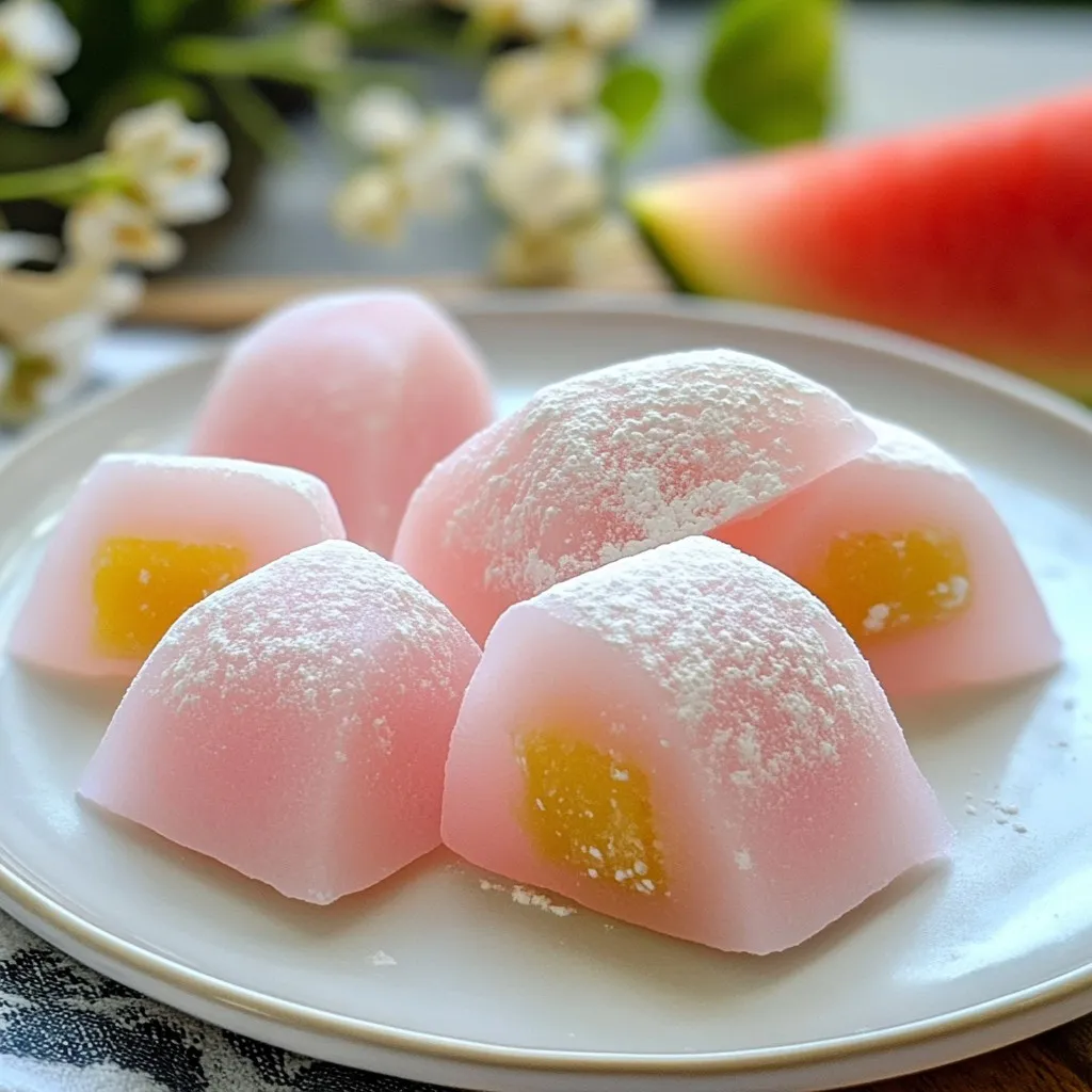 To make soft watermelon mochi, gather the following key ingredients: - 1 cup glutinous rice flour (this is also known as mochi flour) - 1/4 cup sugar - 1/2 cup water - 1/2 cup fresh watermelon juice (be sure to strain it) - 1/4 cup cornstarch (this is for dusting) - Fresh watermelon cubes (these will be your filling) These ingredients work together to create a chewy and tasty mochi that bursts with fresh watermelon flavor. You can customize your mochi with these optional ingredients: - Sweetened red bean paste (this adds a nice sweetness) Adding this ingredient can give a unique twist to your mochi. The sweet red bean pairs well with the watermelon. If you need to make swaps, here are some ideas: - Use regular rice flour if you can’t find glutinous rice flour. Your mochi will be a bit different, but still tasty. - If you don’t have fresh watermelon juice, you can use store-bought juice. Just make sure it's pure and without added sugars. - For a dusting alternative, try using potato starch or tapioca starch instead of cornstarch. These substitutions ensure you can enjoy soft watermelon mochi no matter what you have on hand! {{ingredient_image_1}} To start, grab a medium bowl. Add 1 cup of glutinous rice flour and 1/4 cup of sugar. Mix them well with a whisk. Next, slowly pour in 1/2 cup of water and 1/2 cup of fresh watermelon juice. Stir until the batter is smooth and lump-free. This step is key for soft and chewy mochi. Now, transfer the batter into a microwave-safe bowl. Cover this bowl with a damp cloth. This helps keep the moisture in while cooking. Microwave the mixture on high for 2 to 3 minutes. Stop halfway to stir the batter. You want it to be translucent and slightly puffy when done. Be careful when removing the hot bowl. Let the dough cool for a few minutes until it is safe to touch. Dust a clean surface with cornstarch. This helps avoid sticking later. Carefully place the mochi dough on the dusted surface. Once the dough is cool, it’s time to shape it. Divide the dough into small pieces, about 1 tablespoon each. Flatten each piece into a round disc. Make sure they are not too thick. Now, take a small cube of fresh watermelon and place it in the center of each disc. If you want extra sweetness, you can add a bit of sweetened red bean paste too. Fold the edges of the dough over the filling. Pinch the edges to seal them tightly. After sealing, gently roll the filled mochi in your hands. This makes them nice and round. To prevent sticking, dust the finished mochi with more cornstarch. This keeps them looking great and easy to handle. For a lovely presentation, serve the mochi on a colorful plate. You can sprinkle a bit more cornstarch on top. Adding mini watermelon slices as a garnish makes it pop! Enjoy your soft watermelon mochi chilled for the best flavor. It’s a refreshing treat that’s sure to impress! To get soft and chewy mochi, use glutinous rice flour. This flour gives mochi its unique texture. Mix the flour and sugar well before adding liquids. Gradually add water and watermelon juice. Stir until smooth and free of lumps. Microwave the mixture until it turns translucent. This step is key for the perfect texture. Let it cool slightly before handling. One mistake is not stirring the mixture halfway. This can lead to uneven cooking. Another error is using too much water. It can make your mochi too sticky. Be careful when handling hot dough; always let it cool first. Lastly, don’t skip dusting with cornstarch. This will prevent sticking and help keep your mochi smooth. Serve your watermelon mochi on a colorful plate. Dust it lightly with cornstarch for a pretty look. Garnish with mini watermelon slices to add freshness. I love to chill them for a bit before serving. This makes the flavors pop even more. Enjoy your mochi as a fun treat for family and friends! Pro Tips Use Fresh Watermelon: For the best flavor, use ripe and juicy watermelon to extract the juice. This ensures your mochi has a vibrant taste. Microwave Timing: Microwave times can vary based on your appliance. Start with shorter intervals and check the consistency to avoid overcooking. Sealing the Mochi: Make sure to pinch the edges tightly after adding the filling to prevent it from leaking during cooking. Chill Before Serving: For a refreshing treat, chill the mochi in the refrigerator for at least 30 minutes before serving. {{image_2}} You can make a vegan version of soft watermelon mochi with ease. The main ingredients are already plant-based. Just use natural sugar instead of regular sugar. This small swap keeps the mochi sweet and vegan-friendly. The texture stays just as soft and chewy. Follow the same steps in the original recipe, and you will have a delicious treat that everyone can enjoy. If you need a gluten-free version, it’s simple! Use glutinous rice flour, which is already gluten-free. Make sure to check your sugar and cornstarch brands too. Some brands may mix in gluten. The rest of the recipe stays the same. Your mochi will still be soft and yummy. This version is great for those who avoid gluten. You can get creative with different flavors! Instead of watermelon juice, try using fresh mango or strawberry juice. You can also mix in some matcha for a green tea twist. For a fun touch, add little bits of coconut or chocolate. Each flavor adds its unique taste. Experimenting with flavors makes mochi fun and exciting! To keep your soft watermelon mochi fresh, place them in an airtight container. You can also use a plastic wrap to cover them. Make sure they are not stacked on top of each other to avoid sticking. Store them in the fridge if you plan to eat them within a week. If you want to enjoy the mochi warm, you can reheat them. Place the mochi on a microwave-safe plate. Heat them for about 10-15 seconds. Check if they are warm enough. Be careful not to overheat, as they can become tough. Soft watermelon mochi can last up to one week in the fridge. If you freeze them, they can last for about three months. To thaw, simply leave them in the fridge overnight. Enjoy them cold or at room temperature for the best taste. Yes, you can use bottled watermelon juice. Just make sure it is pure and without added sugars. Fresh juice tastes best, but bottled juice works in a pinch. The flavor will be a bit different, but still tasty. You can tell the mochi is cooked when it looks translucent and puffy. Microwave it for about 2-3 minutes. Stop halfway to stir it; this helps it cook evenly. If it feels firm and no wet batter remains, it's done! If you don’t have cornstarch, try using potato starch or rice flour. Both options prevent sticking and work well. You can also use icing sugar, but it may make the mochi sweeter. Soft Watermelon Mochi is a fun treat to make. We covered essential and optional ingredients to help you personalize it. You learned how to prepare mochi dough and fill it with sweetness. Our tips and tricks showed you how to avoid mistakes and achieve the best texture. You can also try vegan or gluten-free versions. Remember, proper storage keeps your mochi fresh. Dive in and enjoy the process. Making this tasty snack is rewarding. Enjoy every bite and impress your friends!