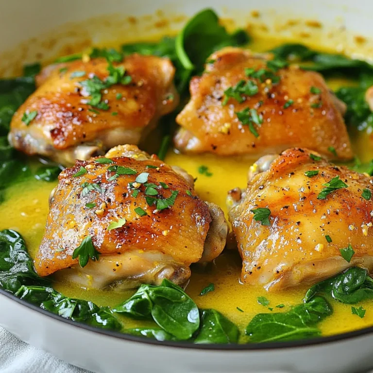 For this dish, you need: - 4 bone-in, skin-on chicken thighs - 3 tablespoons olive oil - 4 cloves garlic, minced - 1 medium lemon, zested and juiced - 1 cup chicken broth - 2 cups baby spinach These main ingredients create a tasty meal. The chicken thighs bring rich flavor. The lemon adds brightness, and garlic gives a nice kick. You will also need: - 1 teaspoon dried thyme - 1 teaspoon paprika - Salt and pepper to taste These seasonings are key. Thyme adds earthiness, while paprika gives color. Salt and pepper enhance all the flavors. To finish your dish, use: - Fresh parsley, for garnish Parsley adds a pop of color and freshness. It makes your meal look pretty and appetizing. Use it after cooking for the best effect. {{ingredient_image_1}} Begin by preheating your oven to 400°F (200°C). This step ensures even cooking. Next, take your chicken thighs. Season them with salt, pepper, paprika, and thyme. Make sure to coat them well. This adds flavor throughout the meat. Heat three tablespoons of olive oil in a large, oven-safe skillet over medium-high heat. Wait until the oil shimmers. Then add the chicken thighs, skin-side down. Sear them for about 5-7 minutes until the skin becomes golden brown and crispy. This creates a nice texture. Next, flip the chicken thighs. Add four minced garlic cloves to the skillet. Cook for one minute until the garlic smells good. Pour in one cup of chicken broth, along with the juice and zest of one medium lemon. Stir to mix everything well. Let the broth simmer. Nestle two cups of baby spinach around the chicken in the skillet. Now, transfer the skillet to the preheated oven. Bake for 25-30 minutes. Check that the chicken reaches an internal temperature of 165°F (75°C). This ensures it is fully cooked. Once done, take the skillet out of the oven. Let the chicken rest for a few minutes. This helps keep it juicy. Finally, garnish with freshly chopped parsley before serving. The green adds a nice touch and flavor. Enjoy your meal! To get that crispy skin, start with dry chicken thighs. Pat them with paper towels. This helps remove moisture. Next, heat olive oil until it shimmers. Place the chicken skin-side down in the hot oil. Sear for 5-7 minutes without moving them. This browns the skin and makes it crispy. Flip the thighs and cook them briefly to brown the other side. Keep your chicken juicy by not overcooking it. Use a meat thermometer. When it hits 165°F (75°C), it's done. Also, sear the thighs first. This locks in the juices. Pour chicken broth into the pan after searing. This adds moisture during baking. Let the chicken rest for a few minutes after cooking. This helps the juices settle. For a punch of flavor, use fresh garlic. Mince it right before you cook. Add it to the pan after flipping the chicken. This keeps the garlic fragrant. Use both lemon juice and zest. The zest adds a strong lemon flavor. You can also add lemon slices on top while cooking. This gives extra flavor and looks nice on the plate. Pro Tips Use a Meat Thermometer: To ensure your chicken thighs are perfectly cooked, use a meat thermometer to check for an internal temperature of 165°F (75°C). Let it Rest: After removing the chicken from the oven, let it rest for a few minutes to allow the juices to redistribute for maximum flavor and tenderness. Customize Your Greens: Feel free to substitute or add other greens like kale or Swiss chard for added nutrition and flavor. Make it a Meal: Serve the chicken and spinach with a side of rice or quinoa to soak up the delicious lemon garlic sauce and create a complete meal. {{image_2}} You can switch chicken thighs for other proteins. Try bone-in chicken breasts for a leaner option. If you prefer seafood, salmon works well. For a plant-based choice, use tofu or tempeh. Each protein absorbs the lemon and garlic flavors nicely. Adjust cooking times based on the protein you choose. Feel free to mix up the herbs. Instead of thyme, use rosemary or oregano for a different taste. You can also add a pinch of red pepper flakes for heat. If you want a sweeter flavor, add honey or brown sugar. Experiment with flavors to find your favorite mix. Adding veggies makes this meal more hearty. Try bell peppers, zucchini, or carrots. Simply chop them into bite-sized pieces and add them to the pan. They will cook down and soak up the tasty juices. You can also toss in some cherry tomatoes for a burst of flavor. Enjoy a well-rounded meal with just one pan! To keep your One-Pan Lemon Garlic Chicken Thighs fresh, place leftovers in an airtight container. Let the dish cool to room temperature before sealing it. Store in the fridge for up to 3 days. This method helps maintain flavor and texture. When reheating, use the oven or a skillet. Preheat your oven to 350°F (175°C). Place the chicken in an oven-safe dish, add a splash of chicken broth, and cover with foil. Heat for about 15-20 minutes. This keeps the chicken moist and tasty. If using a skillet, warm it on medium heat. Add a little olive oil, then reheat the chicken for 5-7 minutes. You can freeze the chicken for longer storage. Wrap each piece in plastic wrap and then place them in a freezer bag. This helps prevent freezer burn. It can last up to 3 months. To thaw, move it to the fridge overnight. For quick thawing, place the sealed bag in cold water for about an hour. Make sure to cook it right after thawing for the best taste. You can serve One-Pan Lemon Garlic Chicken Thighs with a variety of sides. Here are some great options: - Rice: White rice or brown rice absorbs the tasty sauce well. - Quinoa: This grain adds protein and a nutty flavor. - Roasted Veggies: Carrots, broccoli, or zucchini pair nicely with the chicken. - Salad: A fresh garden salad adds a nice crunch and color. - Bread: Crusty bread is great for soaking up the sauce. Yes, you can use boneless chicken thighs. They will cook faster but may not get as crispy. Adjust the cooking time to about 20-25 minutes. Check that they reach an internal temp of 165°F (75°C) to ensure they are safe to eat. To check if chicken thighs are fully cooked, use a meat thermometer. Insert it into the thickest part of the thigh. It should read 165°F (75°C). If you don't have a thermometer, the juices should run clear when you cut into the chicken. Yes, you can prepare this dish in advance. Cook it completely and let it cool. Store it in an airtight container in the fridge for up to three days. To reheat, warm it in the oven or microwave until hot. One-Pan Lemon Garlic Chicken Thighs is simple yet tasty. We covered all key points: main ingredients, cooking steps, and tips for great flavor. Remember to keep skin crispy and chicken juicy. You can mix proteins or add veggies for variety. Proper storage keeps leftovers fresh. This dish is versatile and easy to adjust. I'm sure you'll enjoy cooking and serving it. Try it out, and make it your own!