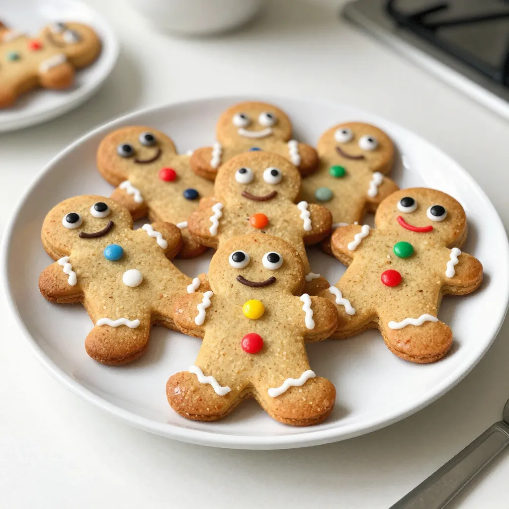 To make soft gingerbread man cookies, you need the following ingredients: - 3 cups all-purpose flour - 1 teaspoon baking soda - 2 teaspoons ground ginger - 1 tablespoon ground cinnamon - 1 teaspoon ground cloves - ½ teaspoon salt - ¾ cup unsalted butter, softened - ¾ cup brown sugar, packed - ¼ cup molasses - 1 large egg - 1 teaspoon vanilla extract - For decoration: royal icing, colorful sprinkles, and candy eyes You can easily swap some ingredients if needed. If you don't have molasses, you can use honey or maple syrup. They won't give the same taste, but they work well. For a dairy-free option, use coconut oil or vegan butter instead of unsalted butter. If you want a gluten-free version, use a gluten-free flour blend. Just make sure it has xanthan gum for the right texture. Quality matters when baking. Choose fresh spices for full flavor. Look for unsalted butter that is soft but not melted. Brown sugar should be moist and packed tightly in the cup. When picking molasses, go for unsulfured for a cleaner taste. Check the expiration dates on all your ingredients to ensure they are fresh. Fresh ingredients lead to better cookies! {{ingredient_image_1}} Start by gathering your ingredients. In a medium bowl, whisk together the flour, baking soda, ginger, cinnamon, cloves, and salt. This mix gives the cookies their warm spice flavor. Set this bowl aside. In a large mixing bowl, cream the softened butter and brown sugar. Use an electric mixer for this step. Mix until it looks light and fluffy. Next, add the molasses, egg, and vanilla extract. Blend until everything is well mixed. Now, gradually sift in the dry ingredients. Use your hands if needed to form a dough. Once combined, divide the dough in half. Wrap each half in plastic wrap and refrigerate for at least 2 hours. You can also chill it overnight if you want. After chilling, take one portion of dough from the fridge. Preheat your oven to 350°F (175°C) and line two baking sheets with parchment paper. On a lightly floured surface, roll out the dough to about ¼ inch thick. This thickness makes sure they bake nicely. Use cookie cutters to cut out gingerbread men shapes. Place them on your baking sheets, leaving some space between each cookie. Bake the cookies for 10-12 minutes. You want the edges to feel firm but the centers to stay soft. After baking, let them cool on the sheets for a few minutes. Then, transfer the cookies to wire racks to cool completely. This step is key for good texture. Once cooled, you can decorate with royal icing, colorful sprinkles, and candy eyes. Allow the icing to set before you serve them. These cookies will look great and taste even better! To get soft gingerbread cookies, you need to watch a few key steps. First, use room temperature butter. This helps create a smooth mix. When you cream the butter and sugar, mix until fluffy. This adds air, which keeps the cookies light. Chill the dough for at least two hours. This step is vital. It firms up the dough and prevents cookies from spreading too much. When you roll out the dough, use a light touch. Roll it to about ¼ inch thick. If it's too thin, the cookies will be hard. Bake them just until the edges are firm. Soft centers will make your cookies chewy. Decorating soft gingerbread men is fun and easy! After the cookies cool, use royal icing to outline shapes. This icing sets hard, so it helps keep your decorations in place. Add colorful sprinkles for a pop of fun. Candy eyes can add personality to your cookies, making them look cute. You can also use little candies or dried fruit for more decoration ideas. Let the icing set completely before serving. This way, your designs stay neat and pretty! One common mistake is overmixing the dough. Once you add the dry ingredients, mix just until combined. Overmixing can make cookies tough. Another mistake is skipping the chilling step. Chilling helps the cookies hold their shape. If you skip this, the cookies spread too much during baking. Finally, watch the baking time closely. Every oven is different. Check your cookies a minute or two before the time is up. You want them firm on the edges but soft in the center. Pro Tips Chill the Dough: Refrigerating the dough for at least 2 hours helps to firm it up, making it easier to roll out and cut into shapes without sticking. Use Parchment Paper: Line your baking sheets with parchment paper to prevent sticking and ensure even baking, making cleanup a breeze. Perfectly Spice It: Feel free to adjust the spices according to your taste. Adding a pinch of nutmeg or allspice can give your cookies a unique flavor. Decorating Tip: For intricate designs, use a piping bag for the royal icing. It allows for more control and precision when decorating your cookies. {{image_2}} You can easily change the flavor of your soft gingerbread cookies. Adding chocolate chips brings a sweet twist. You can mix in nuts, like chopped pecans or walnuts, for a nice crunch. If you like spices, try adding cardamom or nutmeg. These spices can give your cookies a warm flavor. You can also experiment with different types of sweeteners. Honey or maple syrup can add a unique taste. Making gluten-free cookies is simple. You can use a 1-to-1 gluten-free flour blend instead of all-purpose flour. Just check that it includes xanthan gum for the right texture. For vegan options, swap the butter for coconut oil or vegan butter. Replace the egg with a flaxseed meal. Mix 1 tablespoon of flaxseed with 2.5 tablespoons of water. Let it sit for a few minutes to thicken. This will give your cookies the moisture they need. When it comes to decorating, the sky is the limit! Besides royal icing, you can use melted chocolate for a smooth finish. You can also sprinkle powdered sugar over the cookies for a snowy look. If you want to get creative, use edible markers to draw faces or patterns. For a fun twist, add mini marshmallows or candy canes as accessories. These ideas will make your cookies stand out and look festive. To keep your soft gingerbread cookies fresh, store them in an airtight container. This helps prevent them from drying out. You can layer the cookies between sheets of parchment paper to avoid sticking. Keep the container at room temperature and away from direct sunlight. Freezing is a great way to keep these cookies longer. Once cooled, place the cookies in a single layer on a baking sheet. Freeze them for about an hour until firm. After that, transfer them to a freezer-safe bag. Squeeze out as much air as possible before sealing. This way, they can stay fresh for up to three months. Soft gingerbread cookies stay good for about one week at room temperature. If you store them properly, they can last longer. To enjoy the best flavor, eat them within three to five days. If you notice any changes in smell or texture, it’s best to toss them. Always check for any signs of spoilage before serving. To make your gingerbread cookies softer, you can add a bit more butter. The butter keeps the cookies moist. You can also try baking them for a shorter time. Just watch for golden edges. Letting the cookies cool on the baking sheet helps too. This keeps them soft and chewy. Yes, you can freeze gingerbread cookie dough! Wrap the dough tightly in plastic wrap. Place it in a freezer bag to keep it fresh. You can freeze it for up to three months. When you're ready, thaw it in the fridge overnight. Then, roll and cut as usual. If you don’t have molasses, you can use honey or maple syrup. Both add sweetness and flavor. You can also mix brown sugar with a bit of water. This can mimic the moisture of molasses well. Just keep in mind that the taste might change slightly. Decorated gingerbread cookies can last up to two weeks. Keep them in an airtight container. This helps maintain their softness. If you used royal icing, the cookies can stay fresh longer. Just make sure they stay cool and dry. You learned how to make soft gingerbread cookies, from choosing quality ingredients to baking. Remember to explore substitutions and use fresh ingredients for the best flavors. Focus on cooling and decorating for that perfect finish. Let your creativity flow with different flavors and designs. Storing them correctly keeps them fresh longer. With these tips, you can make cookies everyone loves. Enjoy baking and sharing your delicious creations!