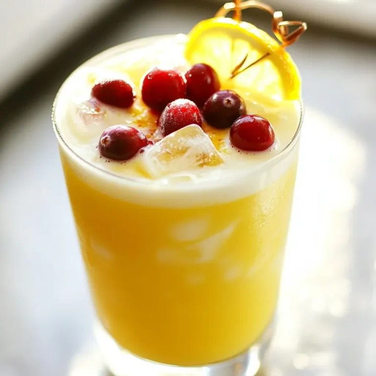To make a delicious Cranberry Eggnog Sour, gather these ingredients: - 1 cup cranberry juice - 1/2 cup eggnog - 1 tablespoon fresh lemon juice - 1 tablespoon maple syrup - 1/4 teaspoon vanilla extract - Ice cubes These ingredients blend well. The tartness of cranberry juice pairs nicely with creamy eggnog. Fresh lemon juice adds a bright note. Maple syrup brings sweetness, while vanilla rounds out the flavor. Garnishes make your drink look festive and fun. I love using: - Fresh cranberries - A lemon slice These add color and a touch of flair. You can place cranberries inside the drink or on the rim. The lemon slice looks great on the edge of the glass. If you don’t have some ingredients, don’t worry! Here are a few swaps: - Use orange juice instead of cranberry juice for a sweeter taste. - Any cream-based drink can replace eggnog if you need a change. - Honey or agave syrup can stand in for maple syrup. - Vanilla extract can be swapped with almond extract for a nutty twist. These substitutions keep the spirit of the drink while offering new flavors. Feel free to mix and match as you like! {{ingredient_image_1}} To make the Cranberry Eggnog Sour, start by gathering all your ingredients. You need: - 1 cup cranberry juice - 1/2 cup eggnog - 1 tablespoon fresh lemon juice - 1 tablespoon maple syrup - 1/4 teaspoon vanilla extract - Ice cubes - Fresh cranberries and a lemon slice for garnish First, pour the cranberry juice, eggnog, fresh lemon juice, maple syrup, and vanilla extract into a cocktail shaker. Ensure you measure each ingredient carefully for the best taste. After you add the ingredients, fill the shaker with ice cubes. Close the lid tightly. Now, shake the shaker vigorously for 15 to 20 seconds. This helps mix the flavors and chill the drink. Next, you need to strain the mixture. Open the shaker and hold a strainer over the glass. Pour the drink into a glass filled with fresh ice. This method keeps any solid bits from getting in your drink. Garnish your cocktail for a festive look. Add a few fresh cranberries into the drink. Place a lemon slice on the rim of the glass. This not only looks nice but adds a hint of extra flavor too. Enjoy your Cranberry Eggnog Sour as a fun holiday drink! To make your Cranberry Eggnog Sour shine, focus on balance. The tart cranberry juice pairs well with rich eggnog. Fresh lemon juice adds a zesty kick. Adjust each ingredient to fit your taste. If you like it sweeter, add more maple syrup. If you want it tangier, boost the lemon juice. Maple syrup is a great choice, but you can try others. Honey offers a floral note. Agave syrup works well too, providing a mild sweetness. For a low-calorie option, consider a sugar substitute. Just remember, some sweeteners are sweeter than others. Adjust the amount to match your preference. The right glass can enhance your drink. Use a rocks glass for a casual feel. A coupe glass adds elegance and charm. If you want to impress, go for a stemmed glass. This cocktail looks festive no matter the glass you choose. Just make sure it’s clear to show off those bright colors! Pro Tips Chill Your Ingredients: For an extra refreshing drink, chill your cranberry juice and eggnog in advance. This will keep your cocktail cold without diluting it too much. Experiment with Garnishes: While fresh cranberries and lemon slices are great, try adding a sprig of rosemary or a cinnamon stick for a unique flavor twist and appealing presentation. Adjust Sweetness to Taste: Depending on your preference, feel free to adjust the amount of maple syrup. You can add more for a sweeter cocktail or reduce it for a more tart flavor. Shake It Well: Make sure to shake the mixture vigorously for at least 15-20 seconds to ensure all ingredients are blended and chilled properly for the best taste experience. {{image_2}} You can make your Cranberry Eggnog Sour even more festive! Add a splash of spiced rum. This gives a warm flavor, perfect for holiday cheer. Use a cinnamon stick as a stirrer for a nice touch. You can also sprinkle nutmeg on top for added spice. These small changes can turn your drink into a holiday delight. If you want a fun drink without alcohol, I have the perfect fix. Just skip the rum and use extra cranberry juice. This keeps the flavors rich and festive. You can also add sparkling water for a fizzy effect. This makes it light and refreshing for everyone, even kids. Don’t be afraid to switch up the juices! You can try orange juice for a bright twist. Pineapple juice also works well, adding a tropical vibe. Mix your favorite juices to create a unique flavor. This is a great way to customize your drink for any crowd. Just remember to keep the eggnog and lemon juice for that classic sour taste! When you make your Cranberry Eggnog Sour, you might have some juice or eggnog left. To store these ingredients, use airtight containers. Keep cranberry juice in the fridge. It stays fresh for about a week. For eggnog, check the label for its expiration date. Usually, it lasts up to a week once opened. If you want to mix your cocktail ahead of time, you can! Combine the cranberry juice, eggnog, lemon juice, maple syrup, and vanilla in a bowl. Do not add ice yet. Cover the bowl with plastic wrap and put it in the fridge. Mix it up for up to 24 hours before serving. Just remember to shake it with ice before pouring. Once you pour your Cranberry Eggnog Sour, it tastes best fresh. However, if you have leftovers, store them in the fridge. It will stay good for about 24 hours. The flavors may change slightly, but it will still taste great. Just give it a gentle stir before serving again. Cranberry Eggnog Sour is a fun cocktail. It blends sweet and tart flavors. You mix cranberry juice with eggnog for creaminess. Fresh lemon juice adds a bright kick. Maple syrup sweetens the drink, while vanilla gives it warmth. This drink is festive and perfect for a holiday party. Yes, you can prepare some parts ahead of time. Mix the cranberry juice, eggnog, lemon juice, and maple syrup. Store this mix in the fridge for up to a day. When ready, just shake it with ice. This keeps the drink fresh and tasty. Serve this cocktail at holiday gatherings or dinners. It’s great for Christmas or New Year’s Eve. The bright colors and flavors attract guests. Enjoy it during festive meals or cozy nights by the fire. It makes any occasion special. In this blog post, we explored the tasty Cranberry Eggnog Sour. We covered essential ingredients, how to make it step-by-step, and ways to enhance its flavor. You learned about fun variations and storage tips to keep it fresh. This drink is perfect for any festive gathering. I encourage you to try making it. Share your results with friends. Enjoy mixing and sipping this delightful cocktail!