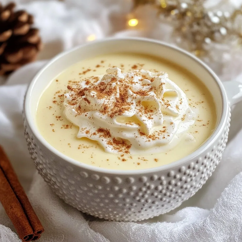 To make this festive eggnog punch, gather these simple ingredients: - 4 cups whole milk - 1 cup heavy cream - 4 large eggs - 1 cup sugar - 1 teaspoon vanilla extract - 1 teaspoon ground nutmeg - 1/2 teaspoon ground cinnamon - 1/4 cup maple syrup - Whipped cream for topping - Extra nutmeg for garnish You can easily adjust some of these ingredients. For a lighter drink, use low-fat milk instead of whole milk. If you want less sugar, try using a sugar substitute. For a creamy flavor, replace heavy cream with coconut cream. You can also use almond milk or oat milk if you need a dairy-free option. Garnishing your eggnog punch makes it look festive and fun. Top each glass with a generous dollop of whipped cream. For an extra touch, sprinkle more nutmeg on top. You might even add a cinnamon stick for a warm aroma. These little details will impress your guests! {{ingredient_image_1}} Making eggnog punch is fun and easy. You will need to gather your ingredients first. Make sure you have a large mixing bowl, a whisk, and a saucepan. This drink is great for parties or family gatherings, and it serves 8-10 people. 1. Start by cracking 4 large eggs into a large mixing bowl. 2. Use a whisk to beat the eggs until they are frothy and light. This takes about 2-3 minutes. 3. Slowly add 1 cup of sugar to the beaten eggs. Keep whisking until it is fully mixed. 4. In a saucepan, combine 4 cups of whole milk, 1 cup of heavy cream, 1 teaspoon of vanilla extract, 1 teaspoon of ground nutmeg, and 1/2 teaspoon of ground cinnamon. 5. Heat the mixture over medium heat. Stir it occasionally, but do not let it boil. Heat it until it is just warm. 6. Gradually pour the warm milk mixture into the egg mixture. Whisk constantly to temper the eggs and prevent them from scrambling. 7. Pour the combined mixture back into the saucepan. Cook it on low heat. Stir gently until it thickens slightly, which takes about 5-7 minutes. 8. Remove the saucepan from heat and stir in 1/4 cup of maple syrup. This adds sweetness and flavor. Let the eggnog mixture cool at room temperature. After it cools, refrigerate it for at least 1 hour. This helps it chill and enhances the flavors. When you are ready to serve, pour the chilled eggnog into punch bowls or glasses. Add a dollop of whipped cream on top of each serving. Finish with a sprinkle of extra nutmeg for a festive touch. Enjoy your delicious eggnog punch! When you beat eggs, start with a clean bowl. It helps the eggs whip better. Use a whisk for best results. Whisk the eggs until they look light and frothy. This takes about 2-3 minutes. The more air you add, the fluffier your eggnog will be. Be gentle but firm in your motions. To get the right texture, add the warm milk slowly. This step is called tempering. It keeps the eggs from cooking too fast. Keep whisking as you pour the milk in. Once combined, return the mix to low heat. Stir gently until it thickens a bit. It should coat the back of a spoon. If it gets too thick, you can add a little milk to loosen it. Serve your eggnog in festive punch bowls. It looks great and invites people to try it. For a fun touch, add cinnamon stick stirrers. This adds flavor and makes it more festive. Top each glass with whipped cream and a sprinkle of nutmeg. This gives it a nice finish. You can also use holiday-themed cups for added cheer. Pro Tips Chill the Ingredients: For an extra refreshing eggnog, chill the milk and cream before mixing. This helps maintain a cool temperature when serving. Fresh Spices Matter: Use freshly grated nutmeg and cinnamon for a more vibrant flavor compared to pre-ground spices. Tempering Technique: When adding the warm milk to the eggs, pour slowly while whisking constantly to avoid scrambling the eggs. Serving Suggestions: Garnish with a sprinkle of nutmeg and a cinnamon stick for an elegant touch, and serve in clear glassware to showcase the creamy texture. {{image_2}} You can make your eggnog punch with or without alcohol. For the alcoholic version, add rum or bourbon. Start with 1 to 2 cups, depending on your taste. If you prefer a non-alcoholic drink, just skip the booze. The base is still creamy and sweet. This makes it great for everyone at parties. Get creative with flavors! You can add chocolate or caramel for a twist. To make chocolate eggnog, stir in cocoa powder or chocolate syrup. For caramel eggnog, drizzle in some caramel sauce. You can also play with spices. Try adding cardamom or ginger for a unique taste. These changes keep your eggnog punch exciting and fresh. Seasonal flavors bring more fun to your drink. Add peppermint for a refreshing touch during winter. Just crush some peppermint candies and mix them in. You could also use peppermint extract. For a cozy vibe, consider adding a splash of maple syrup. This gives your eggnog a warm, rich flavor. These touches make your eggnog punch feel special for the holidays. To store leftover eggnog punch, pour it into an airtight container. Make sure the lid seals tightly. This helps keep the flavors fresh. Place the container in the fridge. It’s best to use it within three days for the best taste. Eggnog punch lasts in the fridge for about three days. If you want to reheat it, do so gently. Warm it on low heat in a saucepan. Stir often to avoid cooking the eggs. Never let it boil, as this can spoil the texture and flavor. You can freeze eggnog punch if you need to save some for later. Use freezer-safe containers, leaving space for expansion. When ready to use, thaw it in the fridge overnight. Stir well before serving since it may separate. For best results, consume frozen eggnog within three months. Yes, you can make Eggnog Punch ahead of time. Prepare the eggnog, then let it cool. After it cools, store it in the fridge for up to two days. This helps the flavors mix well. Just stir it before serving. Serve Eggnog Punch in festive punch bowls or glasses. A dollop of whipped cream on top adds a nice touch. Sprinkle extra nutmeg for flavor and looks. For fun, use cinnamon sticks as stirrers. This makes your drink look special for any party. Yes, you can use dairy alternatives. Substitute whole milk and heavy cream with almond milk, oat milk, or coconut milk. Ensure the alternatives are unsweetened for the best taste. This way, everyone can enjoy your Eggnog Punch, even those with dairy restrictions. You learned about the key ingredients, measurements, and garnishes for Eggnog Punch. I shared how to prepare, cook, and serve it with simple steps. Tips on egg beating and achieving the right texture were included. You saw different variations and storage tips to keep your punch fresh. In just a few steps, you can impress family and friends with this festive drink. Try your favorite variations or garnishes. Have fun making and sharing your Eggnog Punch!