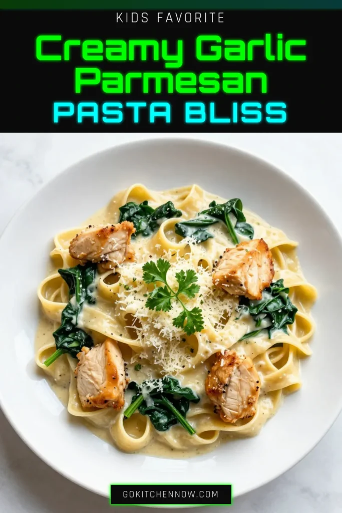 Indulge in this Easy Parmesan Chicken Pasta that's perfect for a quick dinner! This cheesy garlic chicken pasta is made with tender chicken, creamy garlic fettuccine, and fresh spinach for a flavor-packed meal. Follow this simple Parmesan chicken pasta recipe to impress your family or guests in just 30 minutes. Save and share this delightful spinach garlic pasta recipe today! #Pasta #QuickDinner #ChickenRecipes #EasyRecipes