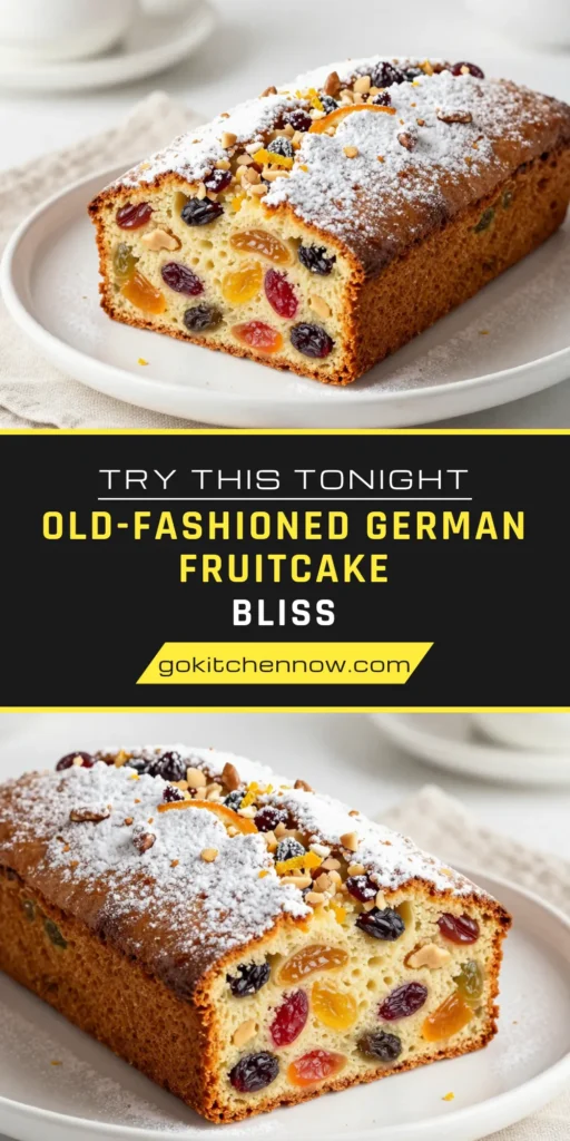 Discover the magic of your holidays with this delightful Old-Fashioned German Fruitcake recipe! Bursting with flavors from mixed dried fruits and aromatic spices, this homemade fruitcake is perfect for festive gatherings. Easy to make and truly delicious, this dried fruit cake will be a cherished tradition. Treat your loved ones to this holiday fruitcake recipe that they’ll adore. Save this recipe for your holiday baking! #GermanFruitcake #HolidayBaking #FruitcakeRecipe #HomemadeGoodness