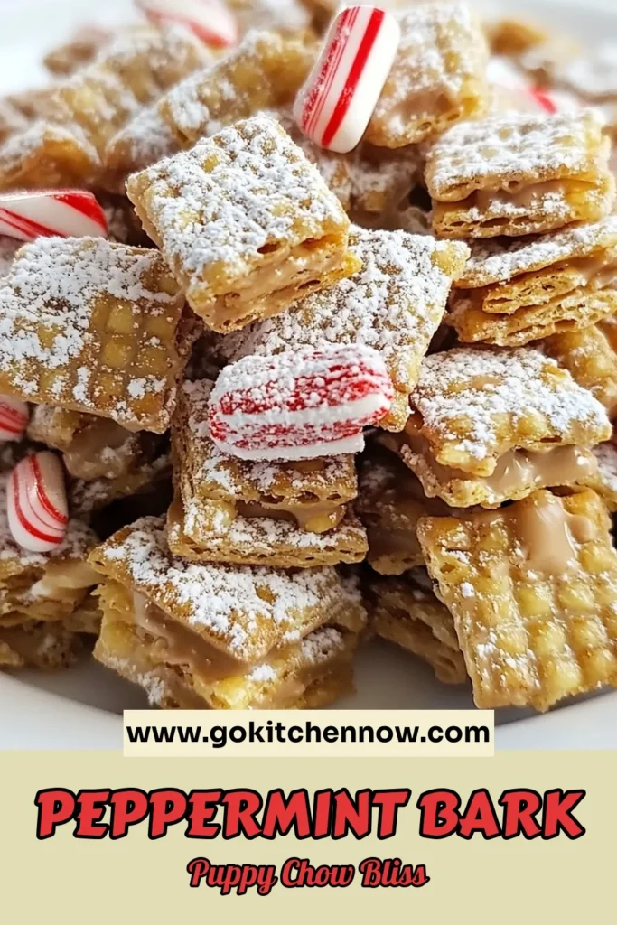 Delight your holiday gatherings with this easy Peppermint Bark Puppy Chow! Perfect for festive occasions, this no-bake peppermint treat combines crunchy Rice Chex cereal with a creamy chocolate and peanut butter coating, finished with a sprinkle of crushed peppermint. This Christmas puppy chow is a must-try among holiday snack recipes. Get the full recipe and create your new favorite chocolate peanut butter snack today! #PeppermintBarkPuppyChow #HolidaySnackRecipes #ChristmasPuppyChow #NoBakeTreats