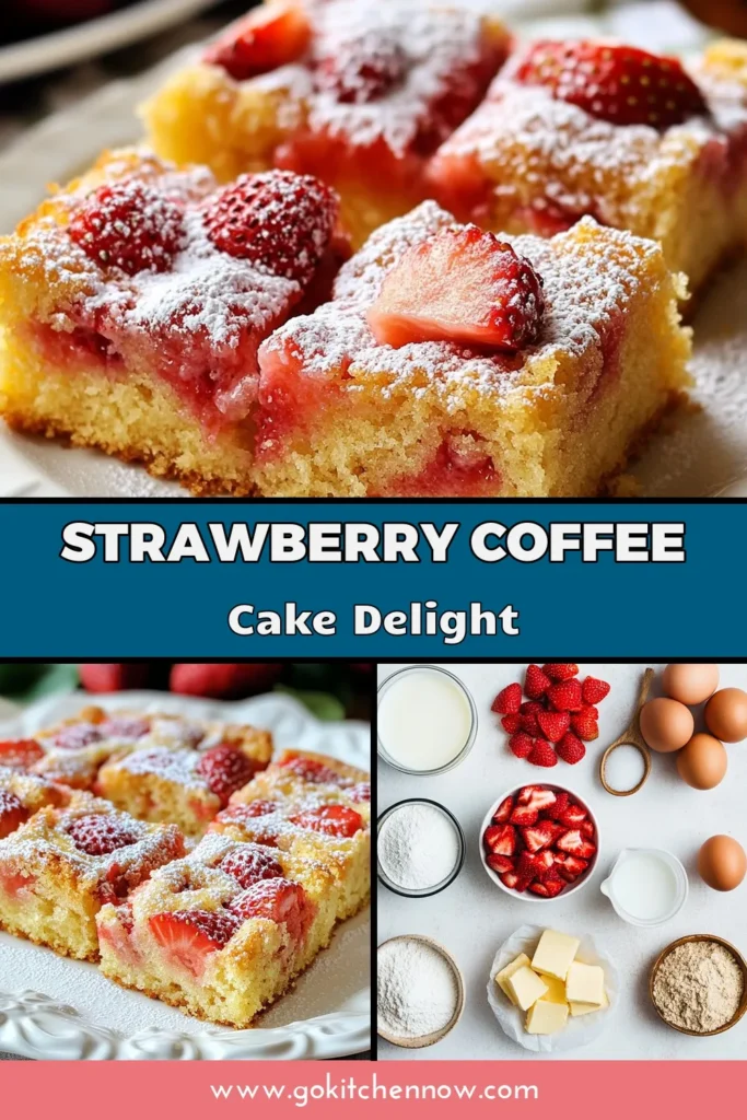 Indulge in this delicious Strawberry Coffee Cake that’s the perfect blend of fresh fruit and cozy flavors. This easy coffee cake recipe features juicy strawberries and a light, fluffy texture that makes it a standout in any dessert lineup. Ideal for gatherings or brunch, this fresh fruit cake is a must-try. Don’t miss out—save this Strawberry dessert recipe for your next sweet craving! #StrawberryCoffeeCake #EasyCoffeeCake #DessertRecipes #FreshFruitCake