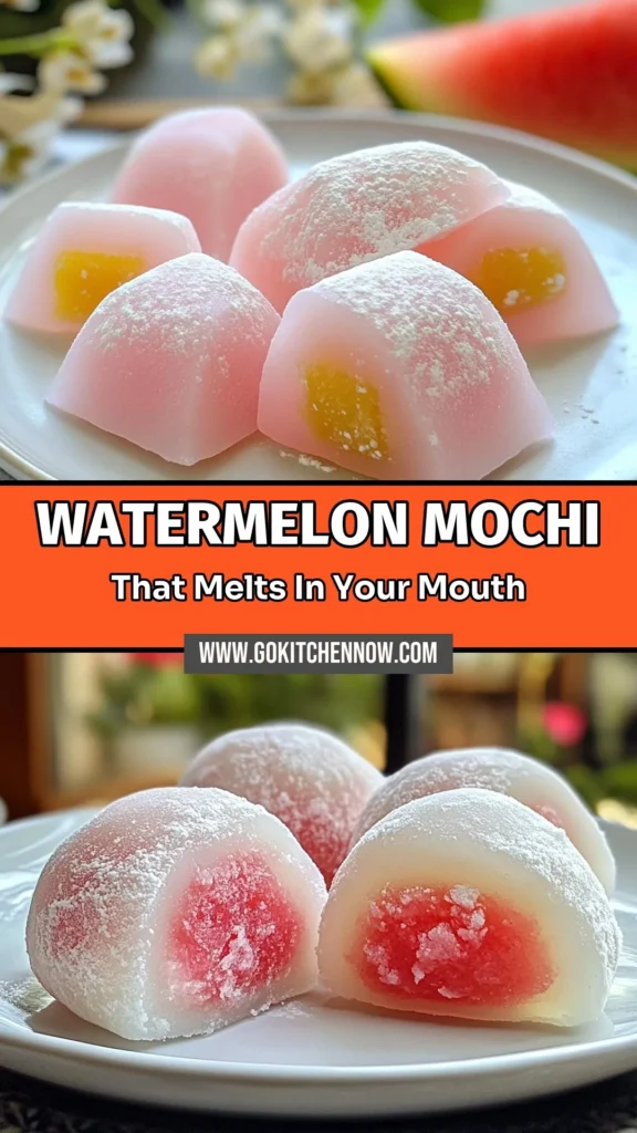 Indulge in this homemade watermelon mochi recipe and treat yourself to a delightful glutinous rice flour dessert. Our easy mochi recipe makes soft mochi with watermelon that bursts with flavor! Perfect for summer, these sweet treats feature fresh watermelon cubes and optional red bean paste for added sweetness. Try making this fun watermelon mochi today and impress your friends! Save this recipe for your next kitchen adventure! #WatermelonMochi #MochiRecipe #GlutinousRiceFlour #DessertIdeas