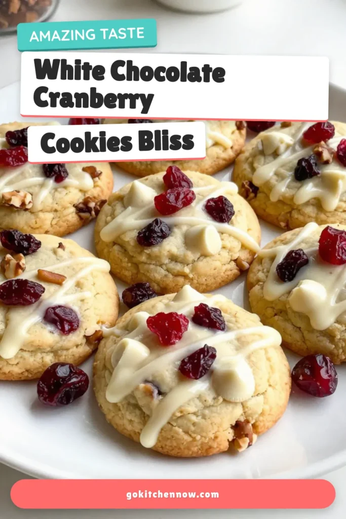Indulge in the heavenly flavors of white chocolate cranberry cookies with this easy cranberry bliss cookie recipe. Perfect for your holiday baking, these soft chewy cookies blend rich white chocolate chips and dried cranberries into each bite. Impress your friends and family with these sweet treats that are ideal for gifting or enjoying yourself. Pin this recipe now and make your holiday baking even sweeter! #WhiteChocolateCranberryCookies #HolidayBaking #SoftChewyCookies #CookieRecipe