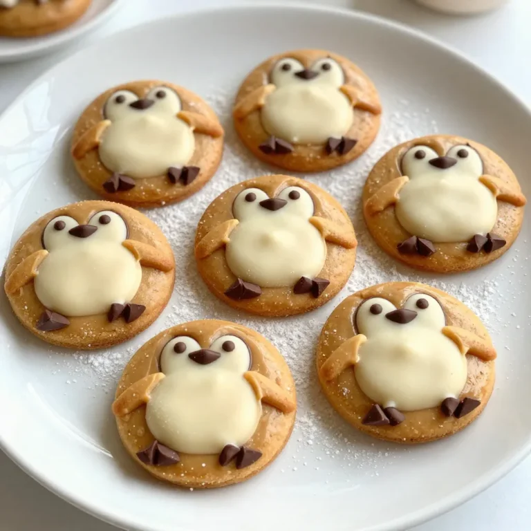 To make Peanut Butter Penguin Cookies, you need: - 1 cup creamy peanut butter - 1/2 cup granulated sugar - 1/2 cup brown sugar, packed - 1 large egg - 1 teaspoon vanilla extract - 1 teaspoon baking soda - 1/4 teaspoon salt - 1/2 cup mini chocolate chips These ingredients create a soft, chewy cookie with a rich peanut flavor. The mix of sugars adds sweetness. The egg binds everything together, while baking soda helps the cookies rise. To make these cookies look like adorable penguins, you can use: - 1/4 cup white chocolate chips (for penguin bellies) - Black edible marker or melted dark chocolate (for eyes and details) The white chocolate gives the penguins their famous bellies. The dark chocolate or marker helps you add cute eyes and other fun details. To bake these cookies, gather these tools: - Large mixing bowl - Baking sheet - Parchment paper - Fork (for flattening) - Microwave-safe bowl (for melting chocolate) These simple tools make the process easy and fun. A mixing bowl helps combine your ingredients, while the baking sheet holds your cookies as they bake. Parchment paper keeps them from sticking. {{ingredient_image_1}} Start by preheating your oven to 350°F (175°C). This temperature helps the cookies bake evenly. Next, grab a baking sheet and line it with parchment paper. This step keeps the cookies from sticking. It also makes for easy cleanup. In a large mixing bowl, combine 1 cup of creamy peanut butter, 1/2 cup of granulated sugar, and 1/2 cup of brown sugar. Mix these ingredients until they are smooth. Then, beat in 1 large egg and 1 teaspoon of vanilla extract. Ensure everything is fully mixed. Next, sprinkle in 1 teaspoon of baking soda and 1/4 teaspoon of salt. Mix again until just combined. Finally, gently fold in 1/2 cup of mini chocolate chips. This adds a fun chocolatey crunch to your cookies. Using a tablespoon or cookie scoop, drop mounds of dough onto the prepared baking sheet. Space them about 2 inches apart. This space allows the cookies to spread while baking. Then, take the back of a fork and slightly flatten each mound. Create a crisscross pattern to give them a fun look. Bake the cookies in the preheated oven for 10-12 minutes. Keep an eye on them. You want the edges to set but the centers to stay soft. After baking, let them cool on the baking sheet for about 5 minutes. Then, transfer them to a wire rack to cool completely. Once your cookies are cool, it's time to decorate! Melt 1/4 cup of white chocolate chips in a microwave-safe bowl. Do this in 20-second intervals, stirring until smooth. Use this melted chocolate to create 'bellies' on the cookies. After the white chocolate sets, use a black edible marker or melted dark chocolate. Draw small dots for eyes and add other penguin details. Make your penguins come to life! To get the right cookie texture, mix your peanut butter well. A smooth blend helps the cookies bake evenly. Don't overmix after adding the egg and dry ingredients. Overmixing makes the cookies tough. Bake just until the edges are set, but keep the centers soft. This keeps your cookies chewy and delicious. If you need a change, use almond butter or sunflower seed butter. Almond butter gives a nutty flavor. Sunflower seed butter works well for nut-free diets. Both options maintain a similar texture in the cookie. Just ensure they are creamy, like peanut butter, for best results. Make your penguin cookies pop with fun decorations. After adding white chocolate for bellies, use mini chocolate chips for eyes. You can also use melted dark chocolate for extra details. Get creative! Try colorful sprinkles or edible glitter for a festive look. Arranging cookies on a snowy backdrop adds to the fun. Use powdered sugar or shredded coconut for a wintery scene. Pro Tips Chill the Dough: For a thicker cookie, chill the dough in the refrigerator for 30 minutes before baking. This helps prevent spreading and maintains the cookie shape. Use Fresh Ingredients: Ensure your baking soda is fresh for optimal rise. An old box may not provide the same leavening power. Decorate with Care: If using melted chocolate for details, allow it to cool slightly before decorating to avoid drips and ensure precision. Storage Tips: Store cookies in an airtight container at room temperature for up to a week to keep them soft and chewy! {{image_2}} You can switch out peanut butter for other nut butters. Almond butter works well. Cashew butter gives a creamy texture and nice flavor. Sunflower seed butter is a great choice too. It keeps cookies nut-free but still tasty. Each nut butter will change the cookie's flavor and texture a little. Experiment to find your favorite! Add fun ingredients to your dough for extra flavor. Try mixing in chopped nuts like walnuts or pecans for a crunch. You can also use dried fruit like raisins or cranberries. These add sweetness and chewiness. For a chocolate boost, add more mini chocolate chips or use dark chocolate chunks. Be creative and make the cookies your own! Make your penguin cookies special for holidays and seasons. For Halloween, add orange and black sprinkles. This gives a spooky touch. In winter, use blue frosting to create icy backgrounds. You can also shape cookies as snowmen or snowflakes. For Valentine's Day, use heart-shaped sprinkles and pink icing. These variations make your cookies fun for every occasion! To keep your peanut butter penguin cookies fresh, store them in an airtight container. This helps lock in moisture and keeps them soft. Place parchment paper between layers of cookies to prevent sticking. You can also wrap each cookie individually in plastic wrap for added freshness. If you want to save some cookies for later, freezing works great! First, let the cookies cool completely. Then, place them in a single layer on a baking sheet and freeze for about an hour. Once frozen, transfer the cookies to a freezer-safe bag. Remove as much air as possible before sealing. They can last up to three months in the freezer. These cookies are best enjoyed fresh but can last several days. When stored in an airtight container at room temperature, they stay soft for about a week. If you keep them in the fridge, they can last up to two weeks. Just remember, the colder they get, the firmer they become! Yes, you can make nut-free cookies! Use sun butter or soy nut butter. These alternatives mimic the taste of peanut butter without nuts. They provide a similar creamy texture and flavor. Just swap the peanut butter for your chosen substitute in equal amounts. If you want to skip white chocolate chips, use yogurt-covered raisins. They add sweetness and a fun texture. You could also use more dark chocolate chips for a richer taste. Just remember to adjust the flavors to keep the balance. Store your cookies in an airtight container. This keeps them soft and fresh. If you want to keep them longer, freeze them. Place cookies in a freezer bag, separating layers with parchment paper. They will stay fresh for up to three months in the freezer. In this article, we explored how to make fun Peanut Butter Penguin Cookies. You learned about the main ingredients, optional decorations, and tools you'll need. We covered easy step-by-step instructions and shared tips for perfect cookies. You can customize these treats with different nut butters and seasonal ideas. Lastly, we discussed storage methods to keep your cookies fresh. Now, it's time to bake and enjoy these delightful cookies!