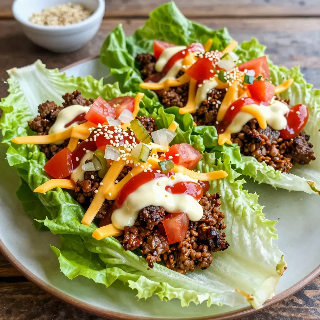 To make Big Mac Lettuce Wraps, you need fresh and tasty ingredients. Here’s what you will need: - Ground beef and spices - 1 lb ground beef - 1 tablespoon onion powder - 1 tablespoon garlic powder - 1 teaspoon salt - 1/2 teaspoon black pepper - Special sauce components - 1/4 cup mayonnaise - 2 tablespoons ketchup - 1 tablespoon mustard - 1 tablespoon dill pickle relish - Fresh toppings - 4 large iceberg lettuce leaves (for wrapping) - 1/2 cup shredded cheddar cheese - 1/2 cup diced tomatoes - 1/4 cup finely chopped onions - Wrap essentials - Sesame seeds for garnish (optional) These ingredients give the wraps their classic taste. Each item plays a key role in making your wraps flavorful and fun to eat. The ground beef forms the hearty base. The special sauce adds that creamy, tangy kick. Fresh toppings bring a crunch and brightness. Lastly, the lettuce serves as a perfect, low-carb wrap. Enjoy the process of gathering these ingredients. It’s the first step to a delicious meal! {{ingredient_image_1}} - Begin by heating a skillet over medium heat. - Add 1 pound of ground beef to the hot skillet. - Cook the meat until it is browned. Break it apart with a spatula as it cooks. - Once the beef is browned, drain any excess fat from the skillet. - Sprinkle in 1 tablespoon of onion powder, 1 tablespoon of garlic powder, 1 teaspoon of salt, and 1/2 teaspoon of black pepper. - Stir the spices into the meat. Continue cooking for one more minute to blend the flavors. - In a small bowl, mix together 1/4 cup of mayonnaise, 2 tablespoons of ketchup, and 1 tablespoon of mustard. - Add 1 tablespoon of dill pickle relish to the mixture. - Stir well to combine all the ingredients. Set the special sauce aside for later. - Take 4 large iceberg lettuce leaves and lay them out flat on a clean surface. - Spoon a generous amount of the seasoned ground beef mixture into the center of each leaf. - Top the beef with 1/2 cup of shredded cheddar cheese, 1/2 cup of diced tomatoes, and 1/4 cup of finely chopped onions. - Drizzle the special sauce over each wrap for added flavor. - If you like, sprinkle sesame seeds on top for some extra crunch. - Fold the sides of the lettuce over the filling to create a tasty wrap. Enjoy your meal! - Use lean ground beef for less fat. - Brown the beef over medium heat. This helps avoid burning. - Season the beef after it cooks. This keeps the flavors bright. - Stir the spices well to mix them into the meat. - Taste the beef before serving. Adjust any seasonings if needed. - Pair these wraps with a side salad for crunch. - Sweet potato fries go well with the wraps. Try baking them! - Serve with cold drinks like iced tea or lemonade. - For a fun look, use colorful plates. It makes the meal pop! - Cook the beef mixture in advance. Store it in the fridge. - Prepare the special sauce and keep it sealed. - Chop the veggies ahead of time for easy assembly. - Wraps can be made up to an hour before serving. - Keep lettuce leaves dry to prevent sogginess. Pro Tips Use Lean Ground Beef: Opt for lean ground beef to reduce excess fat in your wraps and make them healthier without compromising flavor. Fresh Lettuce is Key: Choose crisp and fresh iceberg lettuce leaves for the best texture and to prevent tearing when wrapping. Customize Your Toppings: Feel free to add other toppings like avocado or jalapeños for a personalized touch and extra flavor. Make Ahead: Prepare the beef mixture and sauce in advance to save time during meal prep and enjoy quick assembly at mealtime. {{image_2}} You can switch up the protein in these wraps. Ground turkey or chicken works great. They are leaner but still tasty. If you want a vegan or vegetarian option, try using lentils or black beans. These will still give you that hearty feel. To boost the flavor, consider adding herbs and spices. Fresh cilantro or parsley can add a nice touch. You can also sprinkle in some cayenne for heat. For sauces, experiment with sriracha or BBQ sauce. These can change the whole taste of your wraps. Don’t be afraid to mix and match! Store your Big Mac Lettuce Wraps in an airtight container. This keeps them fresh. You can refrigerate them for up to three days. If you want to keep them longer, freeze the beef mix. The beef mixture lasts up to three months in the freezer. Just remember, lettuce does not freeze well. So, store the lettuce separately. To reheat the beef mixture, use a skillet over medium heat. Stir it often to ensure even heating. You can also use a microwave for quick reheating. Place the beef in a microwave-safe bowl. Heat it in short bursts of 30 seconds. Stir in between each burst for even warmth. Enjoy your wraps fresh with a tasty beef filling! Big Mac Lettuce Wraps are a tasty option for those watching their diet. Each serving has about: - Calories: 350 - Protein: 25g - Carbohydrates: 8g - Fat: 25g These wraps are low in carbs and high in protein, making them a great choice. Yes, you can prepare parts of the wraps ahead. Cook the ground beef and make the sauce in advance. Store them in the fridge for up to three days. Just assemble the wraps when ready to eat. Absolutely! Big Mac Lettuce Wraps are perfect for meal prep. You can cook a batch of beef and store it. Use fresh lettuce leaves each day for the best texture. This way, you can enjoy them all week. To add heat, mix in some hot sauce or diced jalapeños. You can also use spicy mustard or add cayenne pepper to the beef. Adjust the spice to your liking for a flavorful kick. Yes! While iceberg is great for wraps, you can use romaine or butter lettuce. Both types will hold the fillings well. Choose what you like for a different taste and texture. To sum it up, this blog covers how to make delicious Big Mac Lettuce Wraps. We talked about the main ingredients like ground beef and special sauce. I shared step-by-step instructions for cooking and assembling the wraps. You also learned tips for serving and storing leftovers. Don’t forget, you can change up the ingredients for your taste. With these easy steps, you can enjoy a fun meal that fits different diets. So roll up your sleeves and make these tasty wraps!