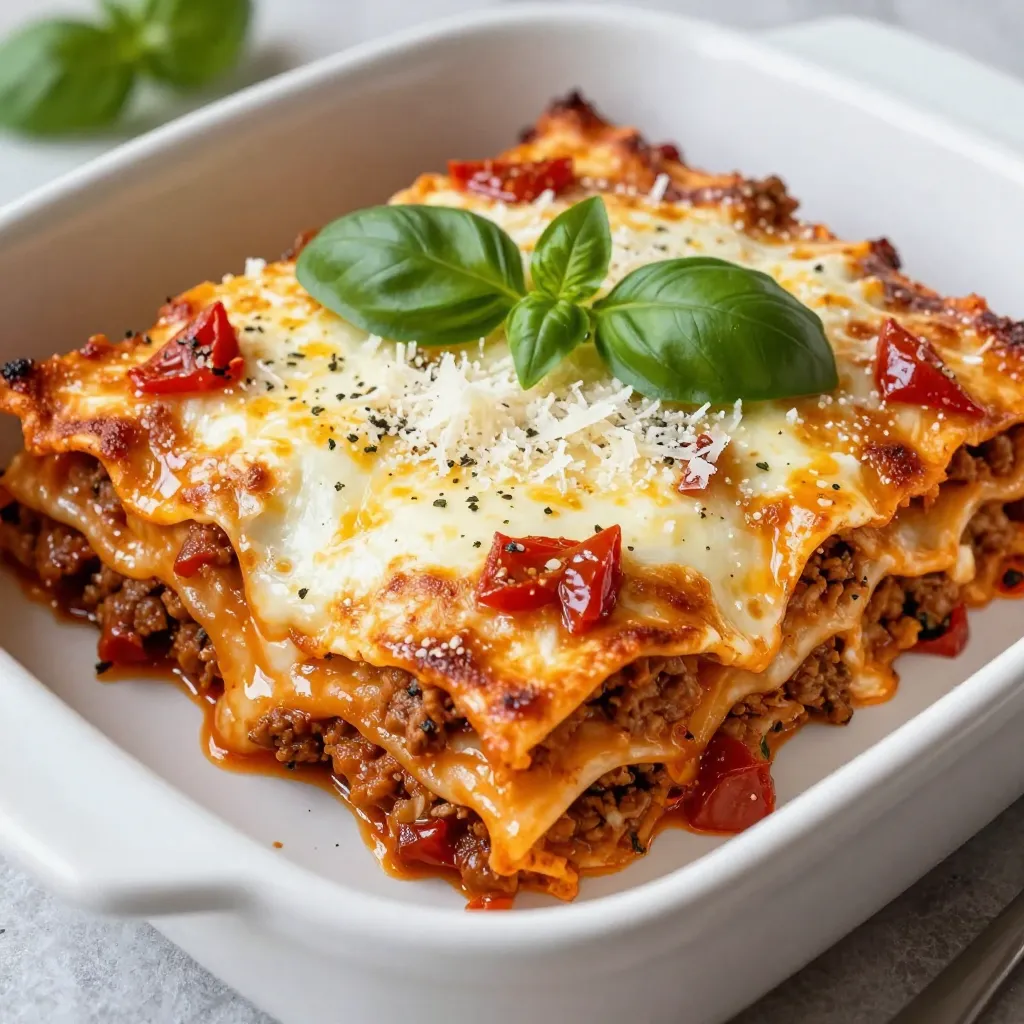To make a Million Dollar Lasagna, you need the following ingredients: - 12 lasagna noodles - 2 tablespoons olive oil - 1 medium onion, diced - 3 cloves garlic, minced - 1 pound ground beef - 1 pound Italian sausage, casings removed - 28 ounces crushed tomatoes - 15 ounces ricotta cheese - 2 cups shredded mozzarella cheese - ½ cup grated Parmesan cheese - 1 egg - 2 tablespoons fresh basil, chopped - 2 tablespoons fresh parsley, chopped - 1 teaspoon dried oregano - Salt and pepper to taste Each ingredient plays a key role in building rich layers of flavor. The lasagna noodles serve as the base. The olive oil helps to sauté the onions and garlic, adding depth. Ground beef and Italian sausage give the dish its hearty flavor. Crushed tomatoes provide a juicy sauce that binds everything together. Ricotta cheese adds creaminess, while mozzarella brings that gooey goodness we love. Parmesan cheese gives a sharp finish that elevates the dish. Fresh herbs like basil and parsley add brightness. Dried oregano gives an extra layer of Italian flair. Using quality ingredients makes a noticeable difference. This lasagna is not just a meal; it's a celebration on a plate. {{ingredient_image_1}} To start, preheat your oven to 375°F (190°C). This ensures the lasagna bakes evenly. Next, boil a large pot of salted water. Add the 12 lasagna noodles. Cook them until they are al dente, which means they should be soft but still have a bit of bite. This usually takes about 8-10 minutes. Drain the noodles and set them aside to cool. This helps them not stick together. In a large skillet, heat 2 tablespoons of olive oil over medium heat. Add one diced onion and three minced garlic cloves. Sauté these until the onion is clear, about 3-4 minutes. Then, add 1 pound of ground beef and 1 pound of Italian sausage. Break them up as they cook, and let them brown thoroughly. You may need to drain some fat after cooking. Next, stir in 28 ounces of crushed tomatoes, along with salt, pepper, and 1 teaspoon of dried oregano. Allow this to simmer for 10-15 minutes. This step lets all the flavors blend well together. In a separate bowl, mix 15 ounces of ricotta cheese, 1 egg, 2 tablespoons of fresh basil, and 2 tablespoons of fresh parsley. Don’t forget to add ¼ cup of grated Parmesan cheese. Stir this until everything is well blended, and sprinkle in a pinch of salt and pepper. This cheesy mixture will add a rich flavor to your lasagna. Grab a 9x13 inch baking dish. Start by spreading a layer of meat sauce at the bottom. Next, place 4 lasagna noodles on top. Spread half of your ricotta mixture over the noodles. Then, sprinkle a third of the shredded mozzarella cheese on top. Repeat these layers: more noodles, more ricotta, more meat sauce, and more cheese. Finish with a final layer of meat sauce, mozzarella, and the rest of the Parmesan. Cover the baking dish with aluminum foil. This helps steam the lasagna while it bakes. Place it in the oven for 25 minutes. After that, remove the foil. Bake for another 15 minutes to let the cheese get bubbly and golden. Once done, let the lasagna cool for 10-15 minutes before cutting it into squares. Enjoy your delicious Million Dollar Lasagna! To make your Million Dollar Lasagna look gourmet, focus on the plating. Use a large, white plate to show off the layers. Cut clean squares and place them neatly in the center. Drizzle some sauce around the edges for color. For garnishing, fresh herbs bring brightness. Use chopped basil or parsley. A sprinkle of grated Parmesan on top adds a nice touch. You can also add a few whole leaves for a fresh look. Want to take your lasagna up a notch? Consider adding gourmet ingredients. Truffles can add a rich, earthy taste. A drizzle of truffle oil before serving makes it fancy. You can also use lobster for a seafood twist. Just make sure to cook it lightly. This gives your dish a unique flavor that impresses guests. Watch out for these common mistakes. First, do not overcook the noodles. They should be al dente, firm to the bite. Overcooked noodles can turn mushy in the oven. Next, avoid layering too heavily. Each layer should have enough sauce and cheese. If you pile it on, the dish may not cook evenly. Each bite should be a perfect mix of flavors. Pro Tips Use Fresh Herbs: Fresh basil and parsley elevate the flavor of your lasagna significantly. Don't skip them for a more vibrant taste! Layer with Care: Ensure even distribution of the meat sauce and cheese mixture in each layer for a cohesive flavor throughout the dish. Let it Rest: Allow the lasagna to cool for 10-15 minutes before serving. This helps the layers set, making it easier to cut and serve. Experiment with Cheeses: Feel free to mix different types of cheese like provolone or fontina for a unique flavor profile in your lasagna. {{image_2}} To make a vegetarian version, you can swap the meat for tasty veggies. Use ingredients like: - 1 pound of mushrooms, chopped - 1 zucchini, diced - 1 bell pepper, diced - 1 cup of spinach, chopped These options add flavor and texture. You can also use sauces like a rich marinara or a creamy alfredo. Both sauces work great with the cheese and noodles. For a seafood twist, try adding lobster or shrimp. You can use about: - 1 pound of cooked lobster meat, chopped - 1 pound of shrimp, peeled and deveined Add these in the meat sauce step. Cook until the shrimp is pink. This version cooks faster, so keep an eye on it. Reduce the baking time by about 10 minutes. If you need a gluten-free option, choose gluten-free noodles. Many brands offer great choices. Look for: - Brown rice noodles - Quinoa noodles These noodles work well. You might need to adjust the cooking time. Follow the package instructions closely. This way, your lasagna will still taste amazing and be celiac-friendly. After enjoying your Million Dollar Lasagna, store any leftovers in the fridge. Use airtight containers to keep it fresh. Glass or plastic containers work well. Make sure to cool the lasagna to room temperature before sealing. This helps prevent moisture buildup. If you want to freeze lasagna, it’s best to do this before baking. Wrap it tightly in plastic wrap and then in foil. This protects it from freezer burn. For cooked lasagna, let it cool first. Place it in a freezer-safe container. When you’re ready to eat, thaw it in the fridge overnight. Reheat it in the oven at 375°F (190°C) for about 25 minutes. You can also cover it with foil to keep it moist. In the fridge, Million Dollar Lasagna lasts about 3 to 5 days. If you freeze it, it can last up to 3 months. Just remember, the longer it stays frozen, the more it may lose flavor. Always use your senses to check if it’s still good to eat. This lasagna earns its name from high-quality ingredients. The rich blend of ground beef and Italian sausage adds depth. The creamy ricotta cheese mixed with fresh herbs gives it a luxurious taste. Also, the blend of mozzarella and Parmesan cheese creates a cheesy topping that melts perfectly. These premium ingredients combine for a flavor you won’t forget. Yes, you can prepare this lasagna in advance. Simply assemble the layers, then cover it tightly with foil. You can store it in the fridge for one day before baking. To bake, just add about 10 minutes to the cooking time. This way, you save time on busy days while still enjoying a fresh meal. To reheat lasagna, cover it with foil. This keeps moisture in during reheating. Preheat your oven to 350°F (175°C) and bake for about 20 minutes. You can add a splash of water to the dish for extra steam. This helps keep the lasagna moist and delicious. Yes, you can use dried herbs instead of fresh ones. Use one-third of the amount if you swap. For example, if a recipe calls for 2 tablespoons of fresh basil, use about 2 teaspoons of dried. Dried herbs have a stronger flavor, so be careful not to overpower the dish. This blog post covered how to make a delicious million-dollar lasagna. We discussed the key ingredients, step-by-step instructions, and helpful tips for perfecting the dish. Remember to properly layer your ingredients for the best flavor. Don't shy away from trying the variations, like vegetarian or seafood options. With these tips, your lasagna will impress everyone. Happy cooking!