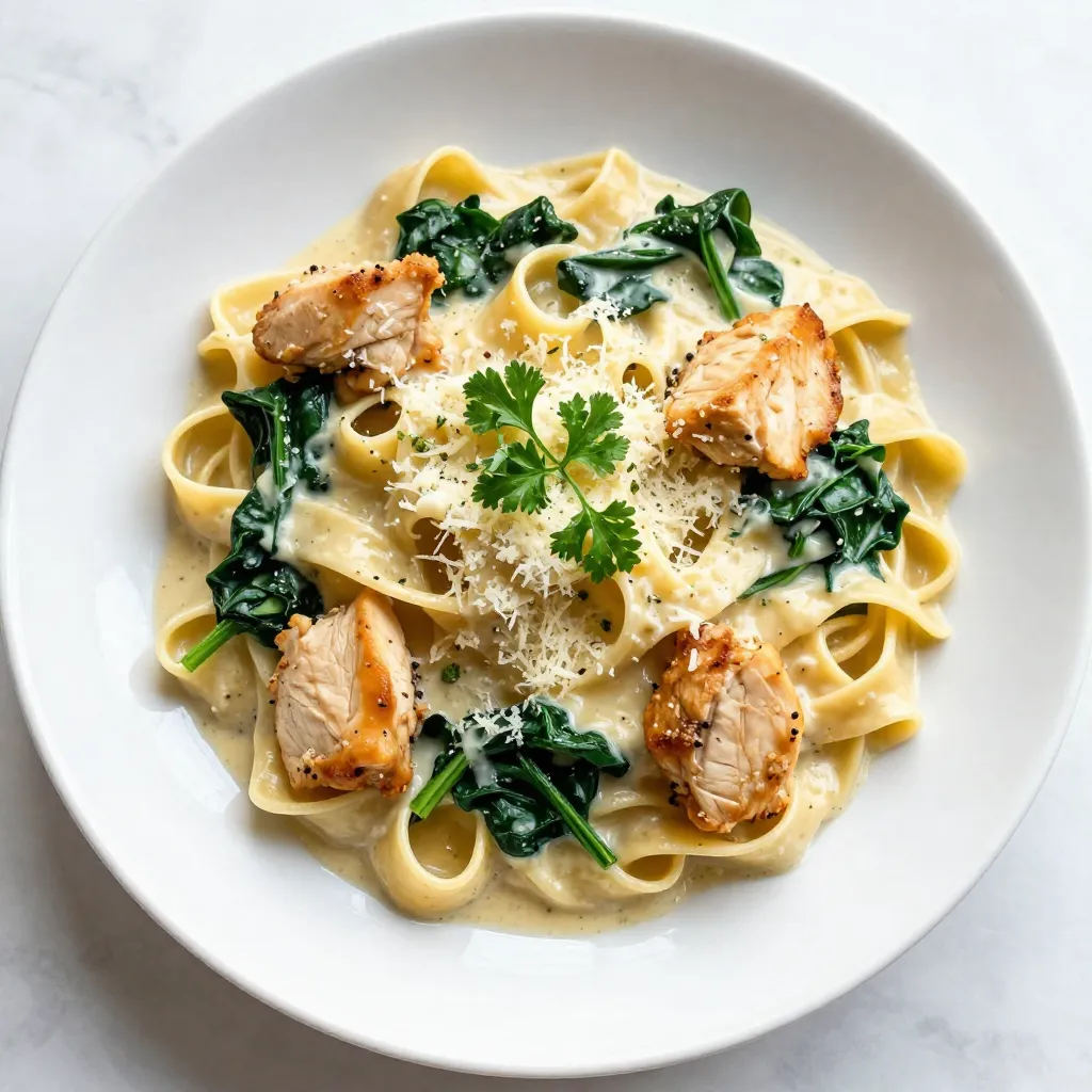 - 2 boneless, skinless chicken breasts - 8 oz fettuccine pasta - 2 tablespoons olive oil - 3 cups fresh spinach - 4 cloves minced garlic - 1 cup heavy cream - 3/4 cup grated Parmesan cheese - 1 teaspoon Italian seasoning - Salt and pepper to taste - Fresh parsley for garnish The main ingredients for this dish are simple but packed with flavor. The chicken gives protein, while fettuccine adds a nice base. Olive oil helps cook the chicken and adds richness. Fresh spinach adds color and nutrients. Garlic brings a warm taste that everyone loves. Heavy cream makes the sauce rich and thick. Parmesan cheese adds a lovely salty, cheesy taste. Italian seasoning gives a hint of herbs. Don’t forget salt and pepper to make all the flavors pop! Finally, fresh parsley makes the dish look great and adds a hint of freshness. - Large pot for boiling pasta - Skillet - Knife and cutting board - Measuring cups and spoons To make this dish, you need a few tools. A large pot is key for boiling your pasta. You’ll need a skillet for cooking the chicken and making the sauce. A knife and cutting board are essential for slicing the chicken. Measuring cups and spoons help ensure you use the right amounts. Having these tools ready makes cooking easy and fun! {{ingredient_image_1}} First, you need to boil some water. Add salt to the water for flavor. Once it boils, put in the fettuccine. Cook it until it's al dente, which means it should be firm when you bite it. This usually takes about 8-10 minutes. When it's done, drain the pasta in a colander. Don’t forget to save about half a cup of the pasta water. This water helps make the sauce creamy later. While the pasta cooks, grab your chicken breasts. Season them well with salt, pepper, and Italian seasoning. Heat olive oil in a large skillet over medium heat. Once hot, add the chicken. Cook it for 6-7 minutes on each side. You want it golden brown and cooked through. After cooking, take the chicken out of the skillet and let it rest. Slice it into bite-sized pieces once it cools down. In the same skillet, add the minced garlic. Sauté it for about 30 seconds until it smells great. Then, toss in the fresh spinach. Cook until it wilts down. Now, lower the heat and pour in the heavy cream. Stir it well. Gradually add the grated Parmesan cheese. Keep stirring until the cheese melts and the sauce thickens. If it’s too thick, add some reserved pasta water to get the right texture. Now, it’s time to mix everything. Add the cooked fettuccine and sliced chicken into the skillet. Toss everything together until it’s all coated in the sauce. Taste it and adjust the seasoning with more salt or pepper if needed. Serve your dish right away. Garnish with fresh parsley for a pop of color! To make the sauce just right, start with the pasta water. This water contains starch, which helps thicken the sauce. If your sauce is too thick, slowly add some pasta water while stirring. This keeps the sauce creamy but not too heavy. For a creamy texture, use heavy cream and melt the Parmesan cheese slowly. Stir constantly to avoid lumps. If you want to add more flavor, try mixing in some garlic powder or a dash of nutmeg. When cooking chicken, make sure it is fully cooked but not dry. Cook it on medium heat for about 6-7 minutes on each side. Use a meat thermometer to check for doneness. The inside should reach 165°F. For seasoning, you can try different herbs. Rosemary and thyme work well. You can also add a pinch of cayenne for a bit of heat. Feel free to experiment with your favorite spices! Pro Tips Perfectly Cooked Pasta: Make sure to cook your fettuccine just until al dente, as it will continue to cook slightly when mixed with the sauce. Resting the Chicken: Allow the chicken to rest for a few minutes after cooking. This helps retain the juices, making it more tender when sliced. Fresh Garlic Flavor: Sauté the garlic just until fragrant to avoid bitterness. It only takes about 30 seconds! Adjusting Sauce Consistency: If the sauce is too thick, gradually add the reserved pasta water until you reach your desired creaminess. {{image_2}} You can add many veggies to this dish. Some great choices include: - Broccoli - Bell peppers - Zucchini - Cherry tomatoes These veggies bring color and flavor. For seasonal produce, try using what's fresh. In spring, add asparagus or peas. In summer, use zucchini or tomatoes. Just chop them up and add them to the skillet before the spinach. This keeps them crisp and bright. If you need a gluten-free option, swap the fettuccine for gluten-free pasta. Many brands offer tasty alternatives, so check your local store. For a vegetarian version, replace chicken with mushrooms or chickpeas. Both options add great texture and flavor. To boost the flavors, add spices or herbs. Some fun choices are: - Red pepper flakes for heat - Basil for freshness - Oregano for depth You can also switch up the cheese. Instead of Parmesan, try: - Pecorino Romano for a sharper taste - Mozzarella for a creamy melt - Goat cheese for a tangy kick These small changes can make your dish unique and exciting! To keep your Easy Parmesan Chicken Pasta fresh, follow these steps: - Place leftovers in an airtight container. - Store the container in the fridge. - It will stay good for 3 to 4 days. Make sure the pasta cools before sealing it. This helps prevent moisture build-up. If you want to freeze it, use a freezer-safe container. It can last up to 2 months in the freezer. However, the texture may change when thawed. When you want to eat the leftovers, you can reheat them in a few ways: - Microwave: Place pasta in a bowl. Add a splash of water or cream. Cover and heat in short bursts, stirring often. - Stovetop: Heat a skillet over low heat. Add pasta and a bit of water. Stir until warm. To refresh the flavors, try these tips: - Add a pinch of salt and pepper. - Stir in a bit of fresh Parmesan. - Toss in a handful of fresh spinach to boost nutrition. Using these methods will help keep your Easy Parmesan Chicken Pasta delicious! Yes, you can use many types of pasta. Here are some good options: - Penne - Bowtie - Spaghetti - Rotini Each one will give a different look and feel, but all will taste great in this dish. Just cook them according to the package directions. Absolutely! You can make this dish dairy-free with these swaps: - Use coconut cream instead of heavy cream. - Try nutritional yeast for a cheesy flavor. - Use dairy-free Parmesan cheese. These changes will keep the flavor while making the dish safe for those avoiding dairy. To speed up the cooking process, follow these tips: - Use pre-cooked chicken or rotisserie chicken. - Cook the pasta and chicken at the same time. - Chop the garlic and spinach ahead of time. These steps can save you a few minutes and get dinner on the table faster! You’ve learned how to make a tasty chicken fettuccine dish with fresh ingredients. We covered the key items needed, step-by-step cooking, and helpful tips. You can even adjust the recipe to suit your needs, whether you want to add veggies or make it gluten-free. This dish is flexible and easy to store for later. Now, it’s time to get cooking and enjoy a delicious meal that you made!