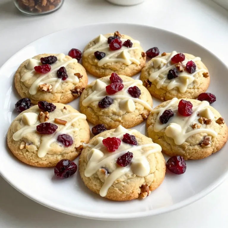- 2 cups all-purpose flour - 1 teaspoon baking soda - ½ teaspoon salt - ¾ cup unsalted butter, softened - 1 cup brown sugar, packed - ½ cup granulated sugar - 1 large egg - 1 teaspoon vanilla extract - 1 cup white chocolate chips - 1 cup dried cranberries - ½ cup chopped pecans (optional) For this recipe, precise measurements matter. Use a dry measuring cup for flour and sugars. Make sure to pack the brown sugar tightly for the right sweetness. Use a standard teaspoon for baking soda and salt. Room temperature butter makes it easier to cream. An extra-large egg works best for moisture and binding. Chopped pecans add a nice crunch and flavor. If you want to try other nuts, almonds or walnuts work well too. You can swap dried cranberries for dried cherries for a twist. Adding a pinch of cinnamon gives warmth to the cookies. Feel free to experiment based on your taste! {{ingredient_image_1}} 1. Preheat your oven to 350°F (175°C). This step helps cookies bake evenly. 2. Line two baking sheets with parchment paper. This prevents sticking and makes cleanup easy. 3. In a medium bowl, whisk together 2 cups of flour, 1 teaspoon of baking soda, and ½ teaspoon of salt. Set this aside. 4. In a large mixing bowl, cream ¾ cup of softened unsalted butter with 1 cup of brown sugar and ½ cup of granulated sugar. Mix until light and fluffy, about 2-3 minutes. 5. Add 1 large egg and 1 teaspoon of vanilla extract to the butter mixture. Beat until fully mixed. 6. Gradually mix the dry ingredients into the wet mixture. Blend until just combined. Avoid over-mixing. 7. Gently fold in 1 cup of white chocolate chips, 1 cup of dried cranberries, and ½ cup of chopped pecans if you like nuts. Make sure they are evenly mixed throughout the dough. 1. Using a tablespoon, drop rounded balls of dough onto the lined baking sheets. Space them about 2 inches apart to allow for spreading. 2. Bake in the oven for 10-12 minutes. Look for lightly golden edges, while the centers remain soft. This gives the best texture. 1. Allow the cookies to cool on the baking sheets for 5 minutes. This helps them firm up a bit. 2. Transfer the cookies to a wire rack to cool completely. This stops them from getting soggy. 3. For a fancy touch, arrange the cookies on a festive platter. You can garnish with extra dried cranberries and drizzle melted white chocolate over the top. This makes for a stunning presentation. To bake perfect white chocolate cranberry cookies, always measure your flour correctly. Too much flour makes cookies dry. Use the spoon and level method for accuracy. Cream the butter and sugars well; this adds air and makes cookies fluffy. Bake just until the edges turn golden. The centers should look soft. This ensures a chewy texture. If you run out of an ingredient, don’t worry! You can swap unsalted butter with coconut oil for a unique flavor. Use maple syrup instead of brown sugar for a different sweetness. You can also replace dried cranberries with raisins or cherries if you like. For a nut-free option, skip the pecans. To get that soft, chewy texture, try chilling the dough before baking. Refrigerate it for about 30 minutes. This helps the cookies hold their shape. Also, avoid overmixing the dough. Mix until just combined to keep them tender and moist. Finally, let the cookies cool on the baking sheet for a few minutes before moving them. This helps them set and stay soft inside. Pro Tips Chill the Dough: For even thicker cookies, chill the dough for at least 30 minutes before baking. This helps prevent spreading and results in a chewier texture. Use High-Quality Chocolate: Opt for premium white chocolate chips for a richer flavor. The quality of chocolate can greatly influence the overall taste of your cookies. Experiment with Nuts: If you want to add more texture, try substituting chopped pecans with walnuts or almonds. Each nut brings a unique flavor profile to your cookies. Storage Tips: Keep cookies fresh by storing them in an airtight container at room temperature. They can last up to a week, but they’re best enjoyed within the first few days! {{image_2}} You can switch up flavors in these cookies for fun. Try adding orange zest for a zesty twist. You can also use almond extract instead of vanilla for a nutty taste. For a richer flavor, consider using dark chocolate chips instead of white. Each option adds its own charm. If you want gluten-free cookies, use a gluten-free flour blend. Look for blends that include xanthan gum, which helps with texture. This swap keeps the cookies soft and tasty. They will still be just as delightful. Want to enhance your cookies? Add nuts like walnuts or pecans for crunch. You can also mix in coconut flakes for a tropical vibe. Dried cherries or raisins work well too. Each add-in gives a new twist to the classic cookie. To keep your white chocolate cranberry cookies fresh, use an airtight container. Place parchment paper between layers to prevent sticking. Store them at room temperature for the best taste. Keep them away from direct sunlight and heat. This helps maintain their soft texture and flavor. If you want to save some cookies for later, freezing works great. First, let the cookies cool completely. Then, place them in a single layer on a baking sheet. Freeze them for about an hour until firm. After that, transfer them to a freezer-safe bag or container. Label and date the bag for easy tracking. These cookies last about a week when stored properly at room temperature. If frozen, they can last up to three months. Always check for any signs of freezer burn or off smells. Enjoy your cookies fresh for the best flavor, but they will still taste good after some time! To make your cookies chewy, use more brown sugar. Brown sugar has moisture. This gives cookies a nice soft bite. Another tip is to under-bake them. Take them out when the edges are golden but the center is soft. Let them cool on the sheet for a bit. This keeps them chewy and delicious. Yes, you can! Milk chocolate will add a rich, creamy taste. Just remember that milk chocolate is sweeter than white chocolate. You might want to cut back on the granulated sugar if you use milk chocolate. This keeps the balance of flavors right. There are many fun ways to make this recipe your own! Try adding nuts like walnuts or almonds for crunch. You can also mix in different dried fruits, like cherries or apricots. For a spiced flavor, add a pinch of cinnamon or nutmeg. If you love coconut, throw in some shredded coconut. The options are endless! In this blog post, we covered the key ingredients and clear steps for baking cookies. You learned about measuring, optional ingredients, and tips for the best cookie texture. We also explored tasty variations and smart storage methods. Now, you can bake cookies that everyone will love. Use these tips and tricks to experiment and make each batch your own. Happy baking!